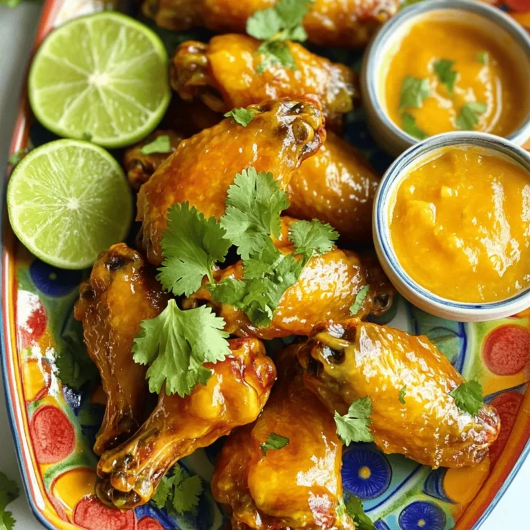 - 2 pounds chicken wings - 1 ripe mango, peeled and diced - 2-3 habanero peppers, seeded and finely chopped - 1/4 cup honey - 1/4 cup soy sauce - 2 tablespoons lime juice - 1 tablespoon garlic powder - 1 tablespoon ginger, minced - 1 teaspoon smoked paprika - Salt and pepper to taste - Fresh cilantro for garnish For these spicy mango habanero wings, the main ingredients are simple yet bold. The chicken wings provide the perfect canvas. They soak up all the delicious flavors. A ripe mango adds a sweet touch, balancing the heat. Habanero peppers give these wings their signature kick. You can adjust the amount to fit your spice level. The sauce ingredients blend together to create a bright and zesty flavor. Honey adds sweetness, while soy sauce gives depth. Lime juice adds a fresh, tangy note. Garlic powder and minced ginger enhance the flavor with warmth. Smoked paprika gives a hint of smokiness that rounds out the sauce. To finish off your wings, season with salt and pepper. Fresh cilantro brings color and freshness. It also adds a lovely herbal note. These ingredients come together to create a flavorful dish that is sure to impress. Each bite is a tasty experience that combines sweet, spicy, and savory notes. - Preheat your oven to 400°F (200°C) and line a baking tray with parchment paper. - In a blender, combine the diced mango, chopped habaneros, honey, soy sauce, lime juice, garlic powder, minced ginger, smoked paprika, salt, and pepper. Blend until smooth for a delicious mango habanero sauce. - Place the chicken wings in a large bowl. Toss the wings with half of the sauce until well coated. - Set aside the remaining sauce for later use. This will add an extra kick later. - Arrange the marinated wings on the baking tray in a single layer. Bake for 40-45 minutes until they are golden and crispy. - Flip the wings halfway through cooking for even browning. This helps them get nice and crunchy. This step-by-step guide makes it easy to create your spicy mango habanero wings. Enjoy the process and the tasty results! To get crispy chicken wings, start with a hot oven. Preheat your oven to 400°F (200°C). Line your tray with parchment paper. This helps with easy cleanup. Arrange the wings in a single layer. This allows hot air to reach all sides. For wing size, cook smaller wings for 40 minutes. Larger wings may need up to 45 minutes. Flip the wings halfway to crisp both sides. Habaneros bring heat, but you can adjust it. For less heat, remove all seeds. You can also use fewer peppers. If you want more sweetness, add extra honey. This helps balance the spicy flavor. Fresh lime juice brightens the dish too. You could mix in some mango pieces for more texture. Presentation matters! Serve the wings on a bright platter. Add slices of lime for color. A small bowl of extra sauce makes it fun for dipping. Pair these wings with crunchy veggies or a fresh salad. Cold drinks like lemonade or beer work well too. {{image_2}} You can swap ingredients for fun twists. Instead of honey, use maple syrup or agave. For a different fruit flavor, try using ripe peaches or pineapple instead of mango. If you want more heat, use jalapeños or serranos. They add spice but are milder than habaneros. Grilling wings gives them a smoky flavor. Bake them for a crunchy texture. If you prefer a faster method, use an air fryer. Cook wings at 375°F for about 25-30 minutes. This method keeps them crispy and juicy. Turn your wings into a full meal. Pair them with a fresh salad or coleslaw. A citrus salad adds a nice contrast to the heat. For dips, try a cooling ranch or blue cheese. These sides balance the wings' spice and make your meal satisfying. To keep your wings fresh, place them in a shallow container. Cover the container tightly. This keeps air out and moisture in. Store the wings in the fridge for up to three days. If you have leftover sauce, store it in a separate airtight container. This helps maintain its flavor and thickness. To reheat your wings, use the oven for the best texture. Preheat the oven to 350°F (175°C). Place the wings on a baking sheet and heat for 10-15 minutes. This method keeps them crispy. Avoid using the microwave. It can make the wings soggy. If you must use a microwave, heat in short bursts and check often. To freeze the wings, let them cool completely first. Place them in a freezer-safe bag. Remove as much air as possible to prevent freezer burn. You can freeze the wings for up to three months. For the sauce, use a separate container and freeze it as well. This keeps the flavor fresh. When you're ready to eat, thaw in the fridge overnight. Then, reheat as noted above. Spicy Mango Habanero Wings can pack a punch. The heat comes from the habanero peppers. Habaneros are among the hottest peppers. If you use 2-3 of them, expect a good kick. You can control the heat by adjusting the number of habaneros. Removing the seeds also helps lower the spice. If you want less heat, consider using one pepper or even a milder chili. Yes, you can prepare these wings in advance. Marinate the wings in the sauce a few hours before cooking. This allows the flavors to soak in. You can also bake them ahead of time. Just reheat them in the oven before serving. To keep them crispy, bake at 375°F for about 10-15 minutes. This helps maintain that crunchy texture. For the full recipe, check the main section of this article. You will find detailed steps and ingredient amounts there. The full recipe offers guidance on how to make these wings perfectly. Yes, you can use frozen chicken wings. Just be sure to thaw them first. You can do this overnight in the fridge. If you're short on time, use the microwave's defrost setting. Once thawed, follow the recipe as usual. Just keep an eye on the cooking time, as frozen wings may take a bit longer to cook. To make your Spicy Mango Habanero Wings, gather chicken wings, ripe mango, and habanero peppers. Combine them with honey, soy sauce, and spices for a vibrant sauce. Bake the wings for that crispy texture, and enjoy them with fun side dishes or garnishes. In conclusion, this recipe balances heat and sweetness perfectly. Experiment with variations and serving styles. Enjoy this tasty dish at your next gathering!