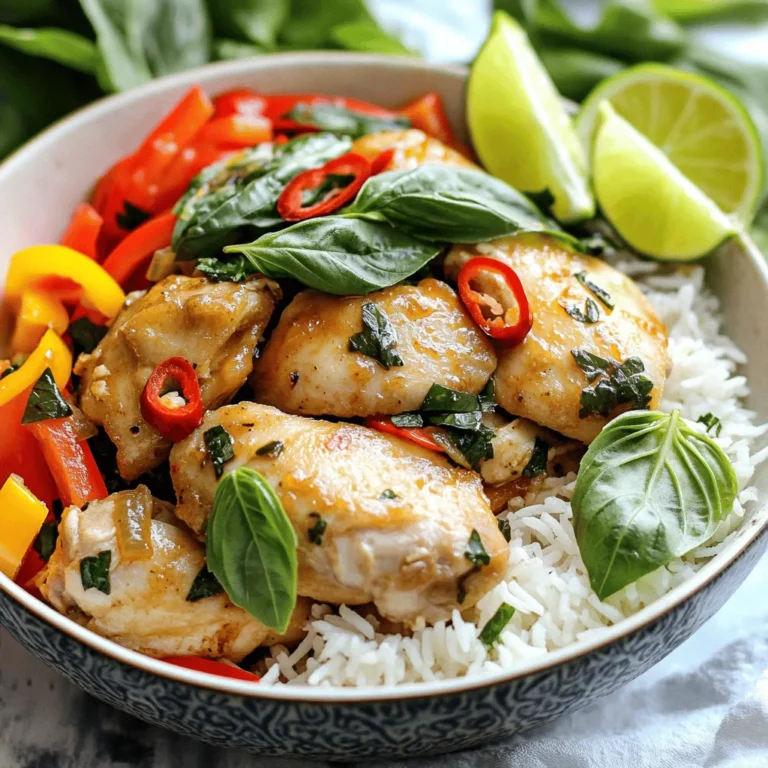 - 1 lb boneless, skinless chicken thighs, thinly sliced - 2 tablespoons vegetable oil - 4 cloves garlic, minced - 2 red chilies, sliced (adjust to taste) - 1 cup fresh Thai basil leaves - 2 tablespoons soy sauce - 1 tablespoon fish sauce - 1 teaspoon sugar - 1 bell pepper (any color), sliced - Cooked jasmine rice, for serving - Lime wedges, for garnish When making Minute Thai Basil Chicken, start with fresh chicken. I prefer using boneless, skinless thighs. They stay juicy and tender. Slice them thin so they cook quickly. Next, add in your vegetables. Garlic is key for flavor. Mince it finely to release its oils. Red chilies bring heat and color. Adjust the amount to fit your taste. Bell peppers add crunch and sweetness. You can use any color you like. For your sauces, soy sauce and fish sauce are vital. They add depth and umami. A touch of sugar balances the saltiness. This mix makes the dish vibrant and rich. Don't forget the Thai basil! It gives the dish its name and unique flavor. You can find it in most grocery stores. Lastly, serve the chicken over fluffy jasmine rice. This helps soak up the delicious sauce. Garnish with fresh lime wedges for a zesty kick. Marinating the Chicken Start by slicing the chicken thighs thinly. In a bowl, mix soy sauce, fish sauce, and sugar. Add the chicken to this mix. Let it marinate for about 10 minutes. This step adds flavor and makes the chicken tender. Preparing the Other Ingredients While the chicken marinates, gather your other ingredients. Slice the bell pepper and mince the garlic. Also, prepare the chilies by slicing them. Have the Thai basil leaves ready. This makes cooking faster and easier. Cooking Setup Choose a large skillet or wok for cooking. Make sure it is clean and dry. Place it on the stove and get it ready for heating. This way, you can cook your dish evenly. Sautéing Garlic and Chilies Turn the heat to medium-high. Add vegetable oil to the skillet. Once the oil shimmers, add the minced garlic and sliced chilies. Stir them for about 30 seconds. This step makes your kitchen smell amazing! Stir-Frying the Chicken Raise the heat to high. Add the marinated chicken to the skillet. Stir-fry for 5 to 7 minutes. Cook until the chicken is brown and fully cooked. Keep stirring to avoid sticking. Adding Vegetables and Basil Next, toss in the sliced bell peppers. Stir-fry them for another 2 to 3 minutes. They should be tender but still a bit crisp. Remove the skillet from the heat. Add the fresh Thai basil leaves last. The heat will wilt them just right. Serving with Rice Scoop the Thai basil chicken over a bed of cooked jasmine rice. The rice absorbs all the great flavors from the chicken. Garnishing Tips For a nice touch, add lime wedges on the side. You can also sprinkle fresh basil leaves on top. This adds color and freshness to your dish. Enjoy your meal! - Best Pan for Stir-frying A wide, heavy skillet or a wok works best. The shape helps heat the food evenly. This pan can hold high heat, which is key for a good stir-fry. - Controlling Heat Levels Start with medium-high heat for the oil. Once the garlic and chilies are in, increase the heat. This helps cook the chicken quickly and keeps it juicy. - Preventing Overcooking Stir the chicken constantly. This way, it cooks evenly. Remove it from the heat once it turns golden brown. Overcooking makes the chicken tough. - Adjusting Spice Levels Use fewer red chilies if you prefer less heat. You can also remove the seeds for a milder taste. Taste as you cook to find your perfect spice level. - Using Fresh Ingredients Fresh garlic and Thai basil make a big difference. They add bright flavors that dried herbs can't match. Always choose the freshest produce you can find. - Experimenting with Herbs Try adding cilantro or mint for a twist. These herbs can change the flavor profile. Mix and match to discover new favorites. {{image_2}} Substituting Chicken You can easily swap chicken for other meats. Try pork or beef for a new taste. Thinly slice your choice and marinate it just like the chicken. Plant-based Alternatives If you prefer a plant-based meal, use tofu or tempeh. Cube firm tofu and marinate it as well. Cook it until golden and crispy for great texture. Making it Milder To make this dish milder, reduce the red chilies. You can leave them out entirely if you want. Add a hint of sweetness with extra sugar to balance the flavors. Adding Extra Heat If you like heat, use more red chilies or add hot sauce. You might also try fresh jalapeños or a dash of chili flakes for extra kick. Other Vegetables to Consider Feel free to add more veggies! Broccoli, snap peas, or carrots work well. Just chop them into bite-sized pieces and toss them in while cooking. Seasonal Variations Use seasonal veggies for freshness. In the spring, try asparagus or green beans. In the fall, add squash or pumpkin. This keeps your dish exciting all year round! To keep your Minute Thai Basil Chicken fresh, store it in an airtight container. Make sure to let it cool to room temperature before sealing. This helps prevent condensation, which can make the chicken soggy. In the fridge, your dish will last for about three to four days. For longer storage, you can freeze Minute Thai Basil Chicken. Place it in a freezer-safe container or bag. Remove as much air as possible to avoid freezer burn. This dish can be frozen for up to three months. To thaw, move the container to the fridge a day before you plan to eat it. If you need it faster, use the microwave’s defrost setting. Just be careful not to start cooking it. After thawing, reheat in a skillet over low heat until warm. Can I make this dish ahead of time? Yes, you can make this dish ahead of time. Cook the chicken and store it in the fridge. Reheat it when you are ready to eat. The flavors will still be great! What can I substitute for Thai basil? If you can’t find Thai basil, you can use sweet basil. It has a different flavor but will still work. Other options include mint or even cilantro. Each herb brings its own twist. How can I make this dish spicier? To make this dish spicier, add more red chilies. You can also use chili paste or hot sauce. Start with a little, and taste as you go. Adjust until it’s just right for you. What’s the best type of chicken to use? I recommend boneless, skinless chicken thighs. They are juicy and tender, perfect for stir-frying. You can also use chicken breast if you prefer leaner meat. Can I use pre-cooked chicken? Yes, you can use pre-cooked chicken. Just add it at the end of cooking. Heat it through with the other ingredients. This saves time and still tastes good. How do I store leftovers? Store leftovers in an airtight container. Keep them in the fridge for up to 3 days. You can also freeze them for longer storage. Just thaw and reheat before serving. In this blog post, we explored key ingredients and steps for a delicious dish. We covered marinating chicken, sautéing garlic, and serving with rice. Don't forget the tips for perfecting flavor and technique. Experiment with different proteins and vegetables for variety. Proper storage extends the dish's life, and we answered your common questions. With these insights, you can create a tasty meal that's sure to impress. Enjoy the cooking journey and have fun in the kitchen!