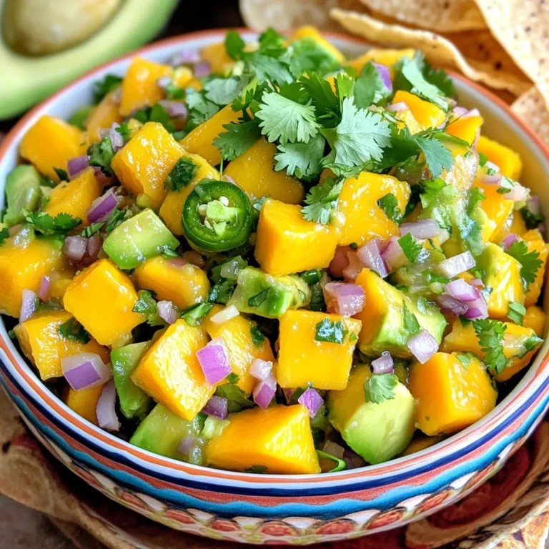 To make a fresh and tasty mango avocado salsa, you need just a few simple ingredients. Here’s what you will need: - 1 ripe mango, diced - 2 ripe avocados, diced - 1 small red onion, finely chopped - 1 jalapeño pepper, deseeded and minced - 1/4 cup fresh cilantro, chopped - 2 tablespoons lime juice - Salt and pepper to taste Each ingredient plays a key role in the flavor and texture of the salsa. The ripe mango adds sweetness and a juicy bite. Ripe avocados bring creaminess. Red onion gives a mild crunch and bite. The jalapeño adds a touch of heat. Fresh cilantro offers a bright herbal note. Lime juice gives the salsa its zesty kick. Finally, salt and pepper enhance all the flavors. Choosing ripe fruits is vital. A ripe mango feels soft when you gently squeeze it. Avocados should also yield slightly to pressure. This ensures your salsa will be delicious and fresh. Enjoy the process of gathering these ingredients. Each one contributes to a vibrant and flavorful dish. Dicing the mango and avocados First, grab a ripe mango. Cut off the sides, then scoop the flesh out. Dice the mango into small pieces. Next, take two ripe avocados. Cut them in half, remove the pit, and scoop out the flesh. Dice the avocados too, but be careful not to mash them. Chopping the red onion and jalapeño Now, take a small red onion. Chop it finely to add a nice crunch. For a bit of heat, grab a jalapeño pepper. Cut it open and remove the seeds. Mince the jalapeño into tiny pieces. Measuring lime juice Squeeze fresh lime juice into a measuring spoon. You need about two tablespoons. This will add a zesty flavor and keep the avocado fresh. Mixing in a bowl In a medium bowl, combine the diced mango and avocados. Add the chopped red onion and minced jalapeño. Next, stir in the chopped cilantro. Drizzle the lime juice on top. Tips for avoiding mushy avocados When mixing, be gentle. Use a spatula to fold the ingredients. This way, you won’t mash the avocado. If you want, you can add the avocado last to keep it firm. Importance of letting flavors meld Letting the salsa sit for a while is key. This helps the flavors mix well. The lime juice will soak in, making everything taste better. Suggested marination time I suggest letting it marinate for at least 10 minutes. This short wait is worth it! The salsa will be much tastier. To make your mango and avocado salsa shine, start with the right cuts. For mango, slice off the sides of the pit. Then, make cross-hatch cuts in the flesh without cutting through the skin. Scoop out the cubes with a spoon. For avocados, cut them in half, twist to remove the pit, and scoop out the flesh. Use a sharp knife for clean cuts. Always keep your fingers tucked to avoid any slips. Safety Tips: - Always use a cutting board to stabilize the fruit. - Keep your knife sharp; a dull knife can slip and cause injury. - Use a separate board for fruits and veggies to avoid cross-contamination. To kick up the flavor, consider adding a pinch of cumin or smoked paprika. These spices can bring warmth and depth to your salsa. You can also add a touch of honey or agave to balance the sweetness of the mango. If you want more acidity, try adding extra lime juice. The key is to taste as you go and find the right balance of sweet and sour. Serve your mango avocado salsa with crispy tortilla chips for a crunchy contrast. It pairs well with grilled chicken, fish, or even tacos. You can also use it as a topping for a fresh salad or a zesty condiment for burgers. For a beautiful presentation, serve it in a colorful bowl, garnished with extra cilantro leaves on top. {{image_2}} You can get creative with mango avocado salsa! Try adding pineapple or kiwi for a sweet twist. Pineapple brings a juicy burst, while kiwi adds a tangy kick. You can also make it heartier by adding black beans. Black beans give protein and fiber, making it a filling dish. If you like heat, adjust the spice levels. Swap jalapeño for a hotter pepper, like serrano. You can also add a splash of hot sauce to give it an extra kick. Just be careful not to overpower the fresh flavors. Want a lighter salsa? Use lower-calorie alternatives like Greek yogurt instead of some avocado. You can also swap salt for fresh herbs like basil or parsley. These swaps keep the taste vibrant while cutting down on sodium. To keep your mango avocado salsa fresh, store it in an airtight container. This helps prevent air from making the salsa brown. You can use glass or plastic containers. Make sure they seal well to lock in flavors. If you have a lot of salsa, divide it into smaller containers. This makes it easy to grab just what you need. Mango avocado salsa lasts about 2-3 days in the fridge. Always check for signs of spoilage. If the avocado turns brown or the salsa smells off, it’s best to toss it. Fresh ingredients can spoil quickly, so enjoy your salsa soon after making it. You can freeze mango avocado salsa, but the texture may change. To freeze, place it in a freezer-safe container. Leave some space at the top, as it will expand when frozen. When you want to use it, thaw it in the fridge overnight. The best way to enjoy frozen salsa is to use it in cooked dishes, like tacos or soups. This helps mask any texture changes and keeps the flavor bright. Mango avocado salsa is a versatile dish. You can use it in many ways: - As a dip with tortilla chips - As a topping on grilled chicken - To enhance fish tacos - On tacos or burritos for extra flavor - As a side dish for barbecues This salsa adds freshness and color to any meal. The sweet mango and creamy avocado blend well with savory dishes. Yes, you can make mango avocado salsa ahead of time. It’s best to prepare it a few hours before serving. This gives flavors time to mix. Store it in an airtight container in the fridge. However, if you make it too early, the avocados may brown. To prevent this, add lime juice right before serving. You can keep avocados from browning with a few easy tricks: - Use lime juice, as its acidity slows browning. - Store the salsa in an airtight container. - Cover the surface with plastic wrap, touching the salsa. These methods help keep your salsa looking fresh and vibrant. Mango avocado salsa is very healthy. It contains many nutritious ingredients: - Mangoes are high in vitamins A and C. - Avocados provide healthy fats and fiber. - Red onions add antioxidants. - Cilantro has anti-inflammatory properties. This salsa is a great option for a light snack or a healthy side dish. Enjoy its fresh flavors while benefiting from its nutrients! To make the perfect mango avocado salsa, use ripe fruits and fresh herbs. I shared simple steps for prep, mixing, and marinating. Remember to cut safely and try fun flavor twists. Store your salsa well and enjoy it for days. This dish is versatile and healthy, making it great for snacks or meals. Try making it ahead for parties or gatherings. Enjoy this tasty blend of flavors and share it with others. It’s easy, fresh, and sure to please everyone!