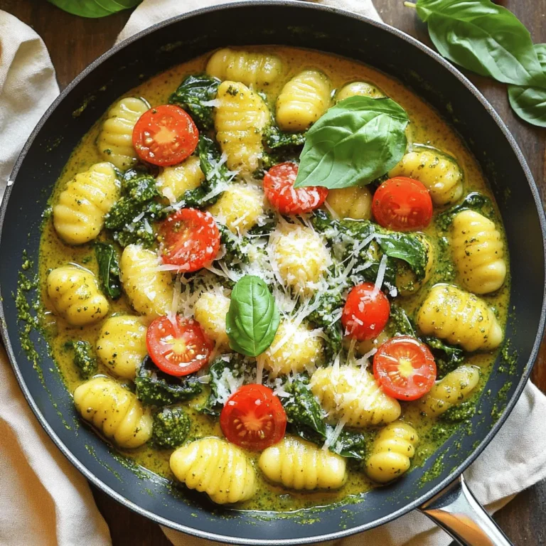 - 1 package (16 oz) gnocchi (fresh or frozen) - 1 cup fresh basil pesto - 1 cup heavy cream The heart of this creamy pesto gnocchi skillet lies in its main ingredients. Gnocchi brings a soft, pillowy texture that pairs perfectly with the creamy sauce. You can choose fresh or frozen gnocchi based on what you have. Basil pesto adds a bright, herby flavor that shines through in every bite. Heavy cream gives the dish its luscious, rich texture that elevates the meal. - 1 cup cherry tomatoes, halved - 1 cup spinach, fresh - 1/2 cup grated Parmesan cheese Cherry tomatoes add a burst of sweetness and color to your skillet. Their juicy nature balances the creaminess nicely. Fresh spinach brings a vibrant pop of green and nutrients. Grated Parmesan cheese melts into the dish, enhancing the flavor with a salty richness. - 2 tablespoons olive oil - 2 cloves garlic, minced - Salt and pepper, to taste You’ll need some pantry staples to complete this recipe. Olive oil adds a rich base for sautéing. Garlic gives off a strong, inviting aroma as it cooks. Season with salt and pepper to boost all the flavors. These simple ingredients make a big impact in your creamy pesto gnocchi skillet. - Cooking the gnocchi: Start by boiling water in a large pot. Add a pinch of salt. Once boiling, add the gnocchi. Cook until they float, which takes about 2-3 minutes. Drain and set aside. This step ensures the gnocchi is soft and ready to soak in the sauce. - Sautéing the garlic: In a large skillet, heat two tablespoons of olive oil over medium heat. Add two minced garlic cloves. Sauté for about one minute. You want it fragrant, not browned. This adds a lovely flavor to the dish. - Cooking the cherry tomatoes: Next, add one cup of halved cherry tomatoes to the skillet. Cook for about 3-4 minutes. They should start to soften and release their juices. This makes the sauce bright and fresh. - Adding spinach and cream: Once the tomatoes are soft, toss in one cup of fresh spinach. Sauté until it wilts, around 2-3 minutes. Then pour in one cup of heavy cream and bring it to a simmer. Stir continuously. This creates the creamy base for your gnocchi. - Mixing in pesto and cheese: After the cream is simmering, stir in one cup of basil pesto. Mix until everything is well combined and heated through. Then add the cooked gnocchi. Toss gently to coat them in the creamy pesto sauce. - Final seasoning and garnishing: Finally, mix in half a cup of grated Parmesan cheese. Season with salt and pepper to taste. Cook for another 1-2 minutes until everything is nice and hot. Garnish with fresh basil leaves before serving. Enjoy your delicious creamy pesto gnocchi skillet! - How to perfectly cook gnocchi To cook gnocchi just right, bring a pot of salted water to a boil. Add the gnocchi and wait until they float, which takes about 2-3 minutes. This means they are done! Drain them and set aside. Perfect gnocchi should be soft and slightly chewy. - Sautéing garlic without burning When sautéing garlic, use medium heat. Add minced garlic to the olive oil and stir often. It should cook for about one minute. If it turns brown, it may taste bitter. Keep an eye on it to get that sweet, fragrant flavor. - Adding spices or herbs You can boost flavor by adding a pinch of red pepper flakes for heat or a sprinkle of Italian seasoning. Fresh herbs, like thyme or oregano, can also add great taste. Feel free to experiment! - Recommended serving suggestions Serve your creamy pesto gnocchi with a simple green salad or some crusty bread. A glass of white wine pairs nicely too. Fresh basil leaves on top add a nice touch! - Overcooking vegetables Don’t let your cherry tomatoes or spinach cook too long. You want them soft but still bright and fresh. Overcooked veggies lose their flavor and nutrients. - Using the wrong type of cheese Always choose fresh grated Parmesan cheese. Pre-grated cheese often has additives that affect taste and texture. Fresh cheese melts better and gives a richer flavor to your dish. {{image_2}} You can swap out some ingredients for fun twists. Instead of spinach, try kale or arugula. These greens add a nice crunch and flavor. You can also use zucchini or bell peppers for more color. If you want a dairy-free meal, use coconut cream or cashew cream instead of heavy cream. This keeps it rich while being dairy-free. Want to add protein? Chicken and shrimp work great. Cook them in the skillet before adding the other ingredients. For a vegetarian option, use chickpeas or lentils. They add protein and fiber, making your meal hearty and filling. Homemade pesto tastes amazing in this dish. You can make it with fresh herbs, nuts, and olive oil. If you prefer a lighter sauce, try using yogurt instead of cream. It gives a nice tangy flavor while keeping the dish creamy. After enjoying your creamy pesto gnocchi skillet, let it cool down. Store leftovers in an airtight container. This keeps the dish fresh and tasty. In the fridge, it lasts for about three days. If you notice any off smells or changes in texture, it’s best to toss it. You can freeze the gnocchi skillet for later meals. First, let it cool completely. Then, transfer it to a freezer-safe container. Make sure to leave some space for expansion. It will stay good for about two months. To reheat, let it thaw overnight in the fridge. Then, warm it up on the stove over low heat. Add a splash of cream to bring back the creaminess. Reheat your creamy pesto gnocchi skillet on the stove for the best results. You can add a bit of water or cream while warming. This keeps it moist and delicious. Serve it with a fresh salad or warm bread. Pairing with a light, crisp salad enhances the meal. A slice of garlic bread also makes a great companion. Gnocchi is a type of pasta made from potatoes. It has a soft, chewy texture. You can find gnocchi fresh or frozen at the store. Each piece is small and round, making it fun to eat. Gnocchi pairs well with many sauces. In this recipe, it absorbs the rich creamy pesto sauce perfectly. Yes, you can make this dish vegan! Use plant-based cream instead of heavy cream. There are great options like coconut cream or cashew cream. For cheese, try nutritional yeast for a cheesy flavor. Swap out the Parmesan with a vegan cheese brand. This keeps the dish creamy and delicious without dairy. To add spice, try red pepper flakes. A pinch adds nice heat. You can also add sriracha or hot sauce for a kick. If you like jalapeños, chop them finely and mix them in. These options will bring a fun twist to the creamy pesto gnocchi. This dish combines fresh gnocchi, creamy pesto, and colorful veggies for a tasty meal. You learned how to prepare the ingredients, build the dish, and avoid common mistakes. Remember to adjust flavors, use alternative ingredients, and practice good storage habits. Cooking can be fun and easy with the right tips. Try different variations to keep it exciting. You’ll impress your family and friends with this delightful meal. Enjoy your cooking journey!