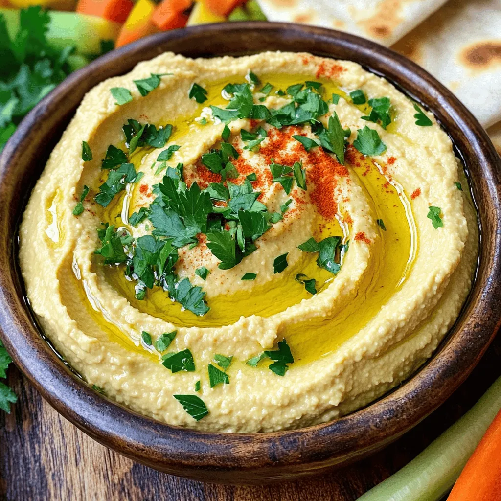 - 1 cup canned chickpeas (drained and rinsed) - 1/4 cup tahini - 3 tablespoons lemon juice - 4-6 cloves of garlic (roasted) - 2 tablespoons extra virgin olive oil - 1/2 teaspoon ground cumin - Salt to taste - 2-4 tablespoons water (to adjust consistency) - Fresh parsley for garnish - Paprika for dusting To make creamy roasted garlic hummus, you need simple ingredients. Start with one cup of canned chickpeas. They give the dip its base and creamy texture. Drain and rinse them well before using. Next, grab a quarter cup of tahini. This sesame paste adds a rich, nutty flavor. You will also need three tablespoons of fresh lemon juice. It brightens the taste and keeps the hummus fresh. The star of this dip is the roasted garlic. Use four to six cloves. Roasting them makes them sweet and soft. You will love the flavor! Next, add two tablespoons of extra virgin olive oil. It adds smoothness and depth. A half teaspoon of ground cumin gives a hint of warmth. Don’t forget salt to taste, which enhances all the flavors. Finally, you may need two to four tablespoons of water. This helps adjust the hummus to your desired creaminess. For a touch of color, use fresh parsley as a garnish. A sprinkle of paprika on top adds a nice finish. With these ingredients, you are ready to create a delicious dip that everyone will enjoy! - Preheat the oven to 400°F (200°C). - Wrap garlic cloves in aluminum foil. - Roast for 30-35 minutes. Roasting garlic makes it sweet and soft. Start by preheating your oven. While it warms, take whole garlic cloves and wrap them in aluminum foil. This helps them cook evenly. Place the wrapped garlic in the oven. After about 30 to 35 minutes, check if they are soft. Once done, let them cool before peeling. - Combine ingredients in a food processor. - Blend until smooth. - Adjust consistency with water. Now, it’s time to make the hummus! In a food processor, add the rinsed chickpeas, tahini, lemon juice, roasted garlic, olive oil, cumin, and salt. Blend all the ingredients together until they are creamy. If the hummus is too thick, add water one tablespoon at a time. Keep blending until you reach the texture you like. - Taste and adjust seasoning. - Transfer to a serving bowl. - Add finishing garnishes. Once blended, taste your hummus. You may want to add more salt or lemon juice for extra flavor. Next, scoop the hummus into a serving bowl. For a nice finish, drizzle some olive oil on top. Sprinkle fresh parsley and a dash of paprika for color. Your creamy roasted garlic hummus is now ready to enjoy! To make your hummus smooth, add water slowly. Start with one tablespoon. Blend well, then check the texture. If it needs to be creamier, add more water. You can also try using more olive oil. This adds richness and flavor. Just be careful not to overdo it. Too much oil can make it greasy. Want to boost the taste? Add extra lemon juice. This will brighten the flavor and make it fresh. You can also add spices like paprika or cayenne. A little heat can elevate the dip. Start with a pinch, then taste. Adjust to your liking. You can even mix in fresh herbs for a unique twist. Make your hummus look as good as it tastes. Drizzle some olive oil on top right before serving. This adds a nice shine and flavor. For a pop of color, garnish with chopped parsley and a few whole chickpeas. A sprinkle of paprika adds some flair too. Serve with warm pita or crisp veggies for a great snack. {{image_2}} To make herb-infused hummus, you can add fresh herbs. Basil or cilantro works well. These herbs add bright flavors and fresh aromas. Simply chop the herbs finely and mix them into the hummus. You can start with a tablespoon of each herb and adjust to your taste. This variation gives your hummus a new twist that you will love. If you enjoy roasted veggies, try adding them to your hummus. Roasted red peppers or beets can add sweetness and depth. To do this, blend one or two roasted red peppers or a small beet into the mixture. This adds a beautiful color and unique taste. It makes your hummus more exciting and full of flavor. For those who love heat, you can make a spicy hummus. Add jalapeños or chili flakes to the mix. Start with one jalapeño, chopped, and blend it in. If you prefer, sprinkle in chili flakes to reach your desired spice level. This variation packs a punch and keeps things fun. It is perfect for those who like a bit of fire in their dips. Store your leftover hummus in an airtight container. This keeps it fresh and tasty. You can refrigerate it for up to one week. Just make sure to seal it tightly to avoid any odors from your fridge mixing in. You can freeze hummus for up to three months. This is a great way to save some for later. To use, take it out and let it thaw in the fridge. After it thaws, stir it well before serving. It will be just as creamy and delicious! Before serving, let your hummus come to room temperature. This helps bring out its full flavor. If you want to make it richer, add a splash of olive oil. It will enhance the taste and make it even more enjoyable! To make hummus creamy, you need a good blender. Start by blending the chickpeas, tahini, lemon juice, roasted garlic, olive oil, and cumin together. Blend until the mixture is smooth. If it feels thick, add water. Start with one tablespoon and mix again. Keep adding water until you reach the creaminess you like. This method makes your hummus light and easy to dip into. Yes, you can use dried chickpeas! First, soak them in water overnight. This softens them and makes cooking easier. The next day, drain the chickpeas and place them in a pot. Cover them with fresh water and boil for about one hour or until soft. After they are cooked, drain and rinse them. Now, you can use them just like canned chickpeas in your hummus. Homemade hummus is often healthier than store-bought options. You control the ingredients, which means no extra preservatives or unhealthy fats. You can choose high-quality olive oil and fresh garlic. Plus, you can adjust flavors to fit your taste. Making hummus at home allows you to enjoy a tasty dip while knowing it is made with good ingredients. In this post, I covered all you need to make delicious hummus. We talked about the key ingredients and how to roast garlic. I provided steps for mixing and serving. Tips on achieving the right texture and flavor were also included. You can add variations to suit your taste. Homemade hummus is easy and allows for creativity. It’s healthy, fresh, and perfect for sharing. Enjoy exploring this dish and make it your own. You’ll love the results!