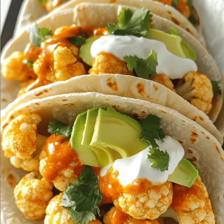 - 1 medium head of cauliflower, cut into florets - 1 cup all-purpose flour - 1 cup buffalo sauce - 8 small tortillas - Fresh cilantro, chopped - 1 avocado, sliced - Sour cream or Greek yogurt - 1 teaspoon garlic powder - 1 teaspoon onion powder - 1 teaspoon smoked paprika - 1 teaspoon salt - 1/2 teaspoon black pepper - 1 cup breadcrumbs (Panko recommended) Gathering these ingredients is key. The cauliflower is our star. It gives the tacos crunch and flavor. The flour helps create a nice batter. Buffalo sauce adds heat and zest. Don't forget the tortillas; they hold everything together. For toppings, fresh cilantro brightens the dish. Avocado adds creaminess and healthy fats. Sour cream or Greek yogurt brings coolness to balance the spice. The seasonings are simple yet effective. Garlic powder and onion powder enhance the flavor. Smoked paprika gives a nice depth. Salt and pepper round it out. Panko breadcrumbs add that crispy texture we all love. With these ingredients, you are ready to make tasty Air Fryer Buffalo Cauliflower Tacos! First, we need to make the batter. In a large bowl, whisk together: - 1 cup all-purpose flour - 1 cup water - 1 teaspoon garlic powder - 1 teaspoon onion powder - 1 teaspoon smoked paprika - 1 teaspoon salt - 1/2 teaspoon black pepper This mix should be smooth and thick. Next, take your cauliflower and cut it into small florets. Dip each floret into the batter. Make sure every piece is fully coated. Now, it’s time for the breadcrumbs. Spread 1 cup of breadcrumbs on a plate. Take each battered floret and coat it with breadcrumbs. Make sure they are well covered. This helps them get crispy in the air fryer. Before we start cooking, preheat your air fryer to 375°F (190°C). This will help cook the cauliflower evenly. Place the coated florets in the air fryer basket in a single layer. Cook the cauliflower for about 10 minutes. Halfway through, shake the basket gently. This step ensures all sides get crispy and golden. Once the cauliflower is crispy, take it out of the air fryer. In a bowl, toss the florets with 1 cup of buffalo sauce until they are evenly coated. Now, let’s put together the tacos! Warm 8 small tortillas, either in a skillet or the microwave. Fill each tortilla with a generous amount of the buffalo cauliflower. Top your tacos with sliced avocado, chopped cilantro, and a dollop of sour cream or Greek yogurt. Your delicious tacos are ready to enjoy! To get that nice crunch, use Panko breadcrumbs. They add a light and airy texture that makes each bite delightful. Coat the cauliflower well to cover every inch. Do not overcrowd the air fryer. If you pack it too tight, the hot air cannot circulate. This can lead to soggy bites instead of crispy ones. Cook in batches if needed. You might want to try making your own buffalo sauce. It’s simple! Just mix hot sauce with melted butter. Adjust the heat to your liking. A homemade sauce can really boost the flavor. For toppings, think about fresh cilantro, sliced avocado, or even pickled onions. Each adds a unique twist. These toppings will make your tacos even more exciting. Meal prepping the cauliflower can save you time. Cut the florets a day ahead. Store them in the fridge, so they're ready when you are. Using store-bought sauces and toppings is smart too. This can cut down your cooking time. Look for high-quality options to keep the flavor strong. {{image_2}} You can make these tacos even more special. Try using tofu or tempeh instead of cauliflower. Tofu can soak up flavors well. Tempeh has a nutty taste and adds protein. For a creamy touch, use plant-based yogurt instead of sour cream. It keeps the dish light and fresh. Want more heat? Add spices like cayenne pepper or chili powder. They will make your dish pop! If you want a different twist, try using BBQ sauce instead of buffalo sauce. This change can give your tacos a sweet and smoky flavor. Feeling creative? Make burritos instead of tacos. Just use larger tortillas and add more filling. You can also serve these tacos with side dishes like coleslaw. The crunch of coleslaw pairs well with the spicy tacos. Enjoy mixing and matching to find your favorite combo! You should let your buffalo cauliflower cool before storing it. This step helps keep it fresh. Place the cooled cauliflower in an airtight container. Make sure the lid seals well. This will keep the flavors locked in and prevent drying. To reheat, the air fryer is your best friend. Set it to 350°F (175°C). Place your leftovers in the basket. Heat for about 5-7 minutes. This method helps keep the cauliflower crispy. Avoid using the microwave; it can make the tacos soggy. You can freeze uncoated cauliflower florets if you want to save time. Just wash and cut them first. Place them in a single layer on a baking sheet, freeze until solid, then transfer to a freezer bag. For reheating, thaw the florets in the fridge overnight. Once thawed, coat them and air fry as usual. Yes, you can use frozen cauliflower. Just make sure to thaw it first. Pat it dry with a towel to remove any excess moisture. This helps the batter stick better. The cooking time may be a bit longer, so check it often for crispiness. To make these tacos gluten-free, swap the all-purpose flour for a gluten-free blend. You can also use gluten-free breadcrumbs. Just ensure that your buffalo sauce is gluten-free. Many brands offer gluten-free options. To decrease spiciness, mix in some honey or maple syrup. This adds sweetness and balances the heat. For more spice, add cayenne pepper or use a hotter buffalo sauce. Taste as you go to find your perfect heat level. You can serve these tacos with a side of coleslaw or a fresh salad. Guacamole works well, too! Chips and salsa are great for dipping. You might also enjoy some pickled jalapeños for extra flavor. Buffalo cauliflower tacos are a fun, tasty dish. We covered the ingredients, cooking steps, and storage tips. You learned how to achieve perfect crispiness and add personal touches. Don't forget, you can customize the flavors and make it your own. Enjoy experimenting with this recipe, and share your creations with friends. With easy steps, your kitchen can become a hub of delicious meals. I hope you find joy in making these tacos as much as I do.