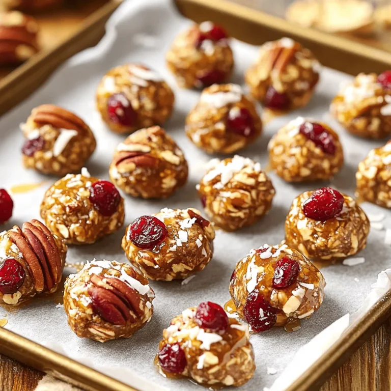- 1 cup old-fashioned oats - ½ cup chopped pecans - ½ cup chopped dried cranberries - ¼ cup honey or maple syrup - ¼ cup almond or peanut butter - 1 teaspoon vanilla extract - ½ teaspoon cinnamon - Pinch of salt Cranberry Pecan Energy Bites are simple yet full of flavor. The main ingredients start with old-fashioned oats, which provide a great base. They add texture and fiber. Next, chopped pecans bring a nice crunch and nutty taste. Dried cranberries add sweetness and a bit of tang. For the wet ingredients, you can choose honey or maple syrup. Both options add sweetness and help bind the bites. Almond or peanut butter gives creaminess and healthy fats. A dash of vanilla extract enhances the flavor. Lastly, a sprinkle of cinnamon and a pinch of salt lift these bites to a new level. Cinnamon adds warmth, while salt balances the sweetness. These ingredients work together to create a tasty and nutritious snack. Start by mixing the dry ingredients. In a large mixing bowl, combine 1 cup of old-fashioned oats, ½ cup of chopped pecans, and ½ cup of chopped dried cranberries. Stir everything together until it is well mixed. This blend gives your energy bites a nice crunch and sweetness. Next, we’ll make the wet mixture. In a separate bowl, blend ¼ cup of honey or maple syrup with ¼ cup of almond or peanut butter. Add in 1 teaspoon of vanilla extract, ½ teaspoon of cinnamon, and a pinch of salt. Stir until the mixture is smooth. This blend adds flavor and moisture to the bites. Now, it’s time to combine both mixtures. Pour the wet mixture over the dry ingredients in the large bowl. Use a spatula or your hands to mix everything until it is sticky and holds together. If it feels too dry, you can add a little more honey or peanut butter. Once mixed, let the mixture sit for about 10 minutes. This helps it bind better. Then, scoop out about 1 tablespoon of the mixture. Roll it into a ball with your hands. Repeat this until all the mixture is used. You should get around 12-15 energy bites. Place them on a parchment-lined baking sheet. If you like, roll them in extra chopped pecans or coconut flakes. Finally, refrigerate the energy bites for at least 30 minutes to firm them up before you enjoy them. Let the mixture sit for about 10 minutes. This step helps the ingredients bind better. The oats soak up moisture, making it easier to roll into bites. You want a sticky texture that holds together well. You can use your hands or a spatula to mix. I find that using my hands works best. It gives me a better feel for the texture. If you prefer a cleaner method, a spatula will do the job. Just make sure everything is well combined. For a fun look, serve the energy bites in a cute jar. Tie a ribbon around the jar for a nice touch. You can also place them on a platter. If you want a special effect, roll them in extra chopped pecans or coconut flakes. This adds texture and makes them eye-catching. {{image_2}} To make these energy bites vegan, simply swap honey for maple syrup. Maple syrup adds a sweet flavor that works well with the oats and nuts. It keeps the bites moist and sticky, just like honey. This way, everyone can enjoy the snack! If you need a gluten-free snack, use certified gluten-free oats. These oats are made in a way that avoids cross-contamination with gluten. They taste just as good and keep the energy bites soft and chewy. You won’t even notice the difference! Get creative with your energy bites! You can add chocolate chips for a sweet twist or coconut flakes for a tropical vibe. These add-ins will change the taste and texture. Don’t be afraid to mix and match to find your favorite combination! To keep your energy bites fresh, store them in the fridge. Place them in an airtight container. This helps keep them moist and tasty. You can also layer them with parchment paper to prevent sticking. They will stay good for up to one week this way. If you want to save some energy bites for later, freezing works great. First, place the bites on a baking sheet in a single layer. Freeze them for about an hour. Once frozen, transfer them to a freezer bag. This method prevents them from sticking together. When you want to eat them, thaw in the fridge overnight for best results. Cranberry Pecan Energy Bites last for about a week in the fridge. If frozen, they can last up to three months. Just remember to label your bags with the date. This way, you will know how long they have been stored. Enjoy your healthy snack anytime! Yes, you can use other nuts for energy bites. Almonds, walnuts, or cashews work well. Each nut adds a unique taste and texture. If you prefer a softer bite, go for walnuts. For a crunchier option, use almonds. To make the energy bites sweeter, add more honey or maple syrup. You can also mix in a bit of brown sugar or agave syrup. Taste the mixture before rolling them into balls. Adjust the sweetness to your liking. Yes, these energy bites are healthy. They contain oats, which provide fiber. Pecans add healthy fats and protein. Dried cranberries offer vitamins and antioxidants. The nut butter gives energy and keeps you full. Overall, these bites are a nutritious snack choice. In this post, we explored making delicious Cranberry Pecan Energy Bites. We covered all ingredients, from oats to honey, and shared step-by-step instructions for preparation. I included tips for texture and creative serving ideas. You learned about variations, such as vegan and gluten-free options, plus storage tips. These bites can be a tasty, healthy snack. Give them a try and enjoy their benefits!