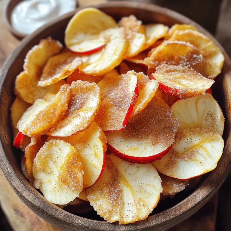- 2 large apples (Honeycrisp or Fuji) - 2 tablespoons granulated sugar - 1 teaspoon ground cinnamon - 1 teaspoon lemon juice - A pinch of salt - Air fryer - Mandoline slicer (optional) - Mixing bowls When you make Air Fryer Cinnamon Sugar Apple Chips, the right ingredients matter. Start with two large apples. Honeycrisp or Fuji are great choices. They give a nice sweetness and crunch. You need granulated sugar to add sweetness. Ground cinnamon brings warmth and flavor. Lemon juice helps keep the apples from browning. A pinch of salt balances the sweetness. For tools, an air fryer is key. It cooks the chips perfectly. A mandoline slicer helps cut the apples into thin, even rounds. This step is optional but useful. Mixing bowls help with tossing the apples and sugar mix. Using fresh ingredients makes these chips taste their best. Each bite should be crisp and flavorful. Enjoy your cooking! - First, preheat the air fryer to 300°F (150°C) for about 5 minutes. This step is key for crispiness. - Next, carefully core the apples. Slice them into thin rounds, about 1/8 inch thick. A mandoline helps create even slices. - In a large bowl, toss the apple slices with 1 teaspoon of lemon juice. This keeps them from browning and adds flavor. - In a small bowl, mix 2 tablespoons of granulated sugar, 1 teaspoon of ground cinnamon, and a pinch of salt. This blend brings out the sweet apple taste. - Arrange the apple slices in a single layer in the air fryer basket. Make sure they don’t overlap; this helps them cook evenly. - Cook the apple slices for 15-20 minutes. Flip them halfway through for even crisping. Watch them closely in the last few minutes to avoid burning. - Once done, let the chips cool slightly in the basket. This step helps them firm up and become extra crispy. To get the best crisp from your apple chips, slice them thin. Aim for slices about 1/8 inch thick. Thin slices cook evenly and turn crispy. If you have a mandoline, use it. It helps make all the slices the same size. This way, they will cook at the same time. For cooking, set your air fryer to 300°F (150°C). Preheat your fryer for about 5 minutes. This step helps the chips cook quickly and evenly. Cook your apple slices for 15-20 minutes. Flip them halfway through for a nice, even crisp. Watch them closely in the last few minutes. They can burn fast if left too long. You can change up the flavor by using different sweeteners. Try brown sugar for a deeper taste. Coconut sugar adds a nice twist too. If you want more spice, add a dash of nutmeg or even ginger. These spices pair well with cinnamon and give a new taste to your chips. Don't be afraid to experiment! Each batch can be different. You might find a new favorite flavor that you love. Have fun with it, and make the recipe your own. {{image_2}} You can use many apple types for air frying. The best choices are Honeycrisp or Fuji. These apples are firm and hold their shape well. They also have a natural sweetness that shines through when cooked. If you like tart flavors, try Granny Smith apples. They add a nice contrast to the cinnamon sugar mix. When picking apples, think about sweet versus tart. Sweet apples taste great on their own. Tart apples balance the sweetness of the sugar. Mixing sweet and tart can give your chips a fun twist. Experiment to find your favorite combination. Want to mix things up? Consider adding a chocolate drizzle or caramel coating. Just melt some chocolate or caramel and drizzle it over the cooled apple chips. This adds a rich flavor and makes them feel like a treat. You can also try nut alternatives for added crunch. Chopped pecans or walnuts sprinkled on top can give your chips a nutty flavor. If you have nut allergies, seeds work too. Try sunflower or pumpkin seeds for a tasty option. These tweaks make your apple chips even better! To keep your apple chips fresh, use an airtight container. Glass jars work well. You can also use plastic bags, but make sure to remove all air. Store them in a cool, dry place like a pantry. This helps the chips stay crisp for longer. Avoid warm or humid areas, as they can make the chips soggy. If your apple chips lose some crispiness, you can reheat them. Preheat your air fryer to 300°F (150°C). Place the chips back in the air fryer for about 3 to 5 minutes. Check them often to avoid burning. This will help restore their crunch, making them tasty again. Enjoy your apple chips as a snack or add them to yogurt! Air fryer apple chips can last about one week. Store them in an airtight container. They stay crisp if you keep moisture out. If they get soft, pop them back in the air fryer for a few minutes. This will help them regain their crunch. Yes, you can use other fruits in the air fryer. Try pears, bananas, or mangoes. Slice them thinly like apples for the best results. The cooking time may change, so watch them closely. Each fruit has its own flavor and texture, making it fun to experiment. Apple chips pair well with many dips. Here are some great options: - Yogurt for a creamy contrast - Nut butter for a protein boost - Caramel sauce for a sweet touch - Cheese for a savory balance Serve apple chips as a snack or with a meal. They add crunch and flavor, making them a fun addition to your table! This blog post covered how to make tasty apple chips using an air fryer. We explored the needed ingredients, like large apples and sugar, and the tools to make the process easier. I shared step-by-step instructions, tips for crispness, and ideas for flavor variations. In making your apple chips, have fun experimenting. Try different apples and flavors. Store them well to keep them fresh. Enjoy your delicious snacks anytime!