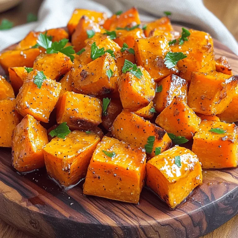 To make Roasted Maple Dijon Sweet Potatoes, gather these simple ingredients: - 4 medium sweet potatoes, peeled and diced into 1-inch cubes - 3 tablespoons olive oil - 2 tablespoons pure maple syrup - 2 tablespoons Dijon mustard - 1 teaspoon garlic powder - 1 teaspoon smoked paprika - Salt and pepper to taste - Fresh parsley, chopped (for garnish) These ingredients work well together. Sweet potatoes give a natural sweetness. The maple syrup adds depth. Dijon mustard brings a nice tang. Garlic powder and smoked paprika add flavor. This mix creates a tasty side dish. The fresh parsley makes it look bright and fresh. Using quality ingredients can enhance your meal. Choose fresh sweet potatoes for the best taste. Pure maple syrup offers rich sweetness. 1. First, preheat your oven to 425°F (220°C). This step helps the sweet potatoes cook evenly. 2. Next, line a large baking sheet with parchment paper. This makes cleanup easy and prevents sticking. 3. Now, peel and dice the sweet potatoes into 1-inch cubes. Try to keep them similar in size for even cooking. 1. In a small mixing bowl, combine the following: - 3 tablespoons olive oil - 2 tablespoons pure maple syrup - 2 tablespoons Dijon mustard - 1 teaspoon garlic powder - 1 teaspoon smoked paprika - Salt and pepper to taste 2. Whisk these ingredients together until they blend well. This mixture adds great flavor to the sweet potatoes. 1. In a large mixing bowl, add the diced sweet potatoes. Pour the maple Dijon mixture over them. 2. Stir well to coat each piece of sweet potato evenly. This step is key to getting maximum flavor. 3. Spread the sweet potatoes out in a single layer on the baking sheet. Avoid crowding them; this helps them roast better. 4. Roast in the oven for 25-30 minutes. Flip the sweet potatoes halfway through. This ensures they cook evenly and get that nice golden brown color. 5. When they are tender, remove them from the oven. Let them cool for a couple of minutes before serving. To get the best roasted sweet potatoes, you need an even coating of the sauce. This sauce has olive oil, maple syrup, Dijon mustard, garlic powder, and smoked paprika. Mix it well before adding it to the sweet potatoes. This ensures every bite is tasty. Spacing is key when you place the sweet potatoes on the baking sheet. Spread them out in a single layer. If they are too close together, they won't roast well. They need space to get crispy and caramelized. Aim for about an inch of space between pieces. You can boost the flavor of your sweet potatoes with extra spices. Try adding cumin for a warm taste or chili powder for a kick. Fresh herbs like thyme or rosemary can add a nice touch too. If you want some sweetness, a pinch of cinnamon works wonders. You can also mix in chopped nuts for crunch. These add texture and flavor. {{image_2}} You can use other sweeteners instead of maple syrup. Honey works great if you're not vegan. Agave nectar is another option that adds sweetness. Brown sugar can also bring a nice caramel flavor. Just remember to adjust the amount based on sweetness level. Dijon mustard gives a sharp taste, but you can try other mustards too. Whole grain mustard adds a nice crunch and texture. Yellow mustard is milder and works well if you prefer less heat. Spicy brown mustard offers a bolder flavor to enhance your dish. Mixing in other vegetables can make this dish even better. Carrots add sweetness and color. Brussels sprouts roast nicely and add a unique taste. Butternut squash is another excellent choice for added creaminess. Just cut them into similar sizes for even cooking. Store your leftover roasted maple Dijon sweet potatoes in an airtight container. They stay fresh in the fridge for up to five days. Make sure they cool completely before sealing the container. This helps prevent moisture build-up which can make them soggy. To reheat, use the oven for the best results. Preheat it to 350°F (175°C). Spread the sweet potatoes on a baking sheet. Heat for about 10-15 minutes until warm. This keeps them crispy and tasty. You can also reheat in a microwave. Use a microwave-safe dish and cover it. Heat for 1-2 minutes, checking them often. This method is quick, but the texture may not be as good. Yes, you can make this dish vegan. To do this, replace the Dijon mustard with a vegan version. You can find many brands that offer plant-based options. The maple syrup is already vegan. Ensure that your olive oil is pure and vegan-friendly too. This way, you keep all the great flavors while making it plant-based. You can tell when sweet potatoes are ready by their color and softness. They should be golden brown and tender. Use a fork to poke them. If the fork goes in easily, they are done. You can also check for a nice caramelized look on the outside. This gives a sweet and rich flavor. You can use frozen sweet potatoes, but it will change the cooking time. Frozen sweet potatoes may need a bit longer to cook. Expect to add about 10 extra minutes to the roasting time. Check for tenderness, just like with fresh sweet potatoes. The taste will still be good, but fresh sweet potatoes give the best texture. This recipe for roasted sweet potatoes is simple and delicious. You learned how to prepare, season, and roast sweet potatoes to make them tasty. You also found tips for perfect cooking and ways to add your twist. Remember, experimenting with flavors makes cooking fun. Store leftovers properly to enjoy later. Keep these methods in mind for tasty meals any day. Happy cooking!