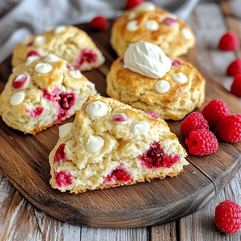 To make delicious Raspberry White Chocolate Scones, you need a few simple ingredients. Here’s what you will need: - 2 cups all-purpose flour - 1/2 cup granulated sugar - 1 tablespoon baking powder - 1/4 teaspoon salt - 1/2 cup unsalted butter, cold and cubed - 3/4 cup heavy cream - 1 large egg - 1 teaspoon vanilla extract - 1 cup fresh or frozen raspberries - 1/2 cup white chocolate chips - Optional: cream or milk for brushing Each ingredient plays a key role in making these scones fluffy and tasty. The all-purpose flour gives structure. The sugar adds sweetness, while the baking powder helps the scones rise. Salt enhances all the flavors. Using cold butter creates flaky layers. Heavy cream adds richness, making them soft. The egg binds everything together. Vanilla extract brings warmth and flavor. You can use fresh raspberries in season or frozen if they are not available. White chocolate chips add a creamy touch. Brushing with cream or milk gives a nice golden color on top. With these ingredients ready, you can make tasty scones that are perfect for breakfast or tea time! 1. First, preheat your oven to 400°F (200°C). This step is important for even baking. 2. Line a baking sheet with parchment paper. This keeps the scones from sticking. 3. In a large bowl, mix together 2 cups of flour, 1/2 cup of sugar, 1 tablespoon of baking powder, and 1/4 teaspoon of salt. Whisk well until combined. 4. Next, add 1/2 cup of cold, cubed unsalted butter to the flour mix. Use your fingers or a pastry cutter to blend until it looks like coarse crumbs. 1. In another bowl, whisk together 3/4 cup of heavy cream, 1 large egg, and 1 teaspoon of vanilla extract. Mix until you see no lumps. 2. Pour the cream mixture into the dry ingredients. Stir gently. Be careful not to overmix, or your scones will be tough. 1. Gently fold in 1 cup of fresh raspberries and 1/2 cup of white chocolate chips. Ensure they are mixed evenly. 2. Transfer the dough to a floured surface. Knead it a few times until it holds together. Shape it into a circle about 1 inch thick. 3. Cut the circle into 8 wedges, just like slicing a pizza. Place the wedges on your prepared baking sheet. 4. If you want a golden top, brush the scones with cream or milk. 5. Bake in the oven for 15-20 minutes. Check for a light golden color on top. This means they’re done. To get the best scone texture, start with cold butter. Cold butter helps your scones stay flaky. Cut the butter into small cubes and add it to the dry mix. Use a pastry cutter or your fingers to blend it. Stop when the mix looks like coarse crumbs. Avoid overmixing the dough. This is key for soft scones. After you add the wet ingredients, stir gently. You want to combine it just enough. If you mix too much, your scones will be tough. For a golden finish, brush the tops with cream or milk. This gives them a nice color and shine. Use a pastry brush and apply a light layer before baking. If you have a convection oven, use it. Convection settings help bake evenly. They circulate hot air around the scones. This way, they bake all the way through and turn golden on top. {{image_2}} You can switch up the berries in your scones based on what's fresh. If you can’t find raspberries, try strawberries or blueberries. Each berry adds its own twist. They can change the taste and color of your scones. You can also add nuts or spices. Chopped walnuts or pecans can give a nice crunch. Cinnamon or nutmeg can add warmth and depth to the flavor. Experimenting with these ingredients can make your scones unique and fun. If you need a gluten-free option, you can use alternative flours. Almond flour or a gluten-free blend works well. Just remember that the texture may change a bit. For a dairy-free version, substitute the butter with coconut oil or a plant-based butter. Use coconut cream or almond milk in place of heavy cream. These swaps help keep the scone moist and delicious. You can still enjoy the same great flavors while meeting your dietary needs. To keep your scones fresh, let them cool first. Set them on a wire rack. This allows air to circulate and prevents sogginess. Once cool, place them in an airtight container. You can store them at room temperature for up to two days. If you want to keep them longer, consider refrigeration. In the fridge, they last about a week. To enjoy your scones warm, reheating is key. The best method is to use the oven. Preheat your oven to 350°F (175°C). Place the scones on a baking sheet. Heat them for about 5 to 10 minutes. This keeps them soft inside and slightly crispy outside. You can also use a microwave. However, be careful. Heat them for just 10 to 15 seconds. This method might make them a bit softer, but they will still taste good. For the best texture, avoid reheating scones multiple times. Enjoy them fresh! How do I know when the scones are done baking? Your scones are done when they turn a light golden color. Check the edges for firmness. A toothpick inserted into the center should come out clean. If it has wet dough on it, bake a few more minutes. Can I make the dough ahead of time? Yes, you can make the dough ahead of time. Wrap it tightly in plastic wrap. Store it in the fridge for up to 24 hours. When you are ready to bake, just cut it into wedges and bake as directed. What can I serve with Raspberry White Chocolate Scones? You can serve these scones with many tasty options. I love them warm with whipped cream or clotted cream. A side of fresh raspberries adds a nice touch. You can also pair them with tea or coffee for a delightful treat. This blog post covered all you need to know about making Raspberry White Chocolate Scones. We talked about the key ingredients, easy steps for preparation, and tips for perfect texture. Remember to adjust for seasons and dietary needs. Storing and reheating your scones correctly keeps them fresh. Enjoy making this treat that brings joy with each bite. You’ll impress friends and family with your baking skills! Now, get baking and savor your creation.
