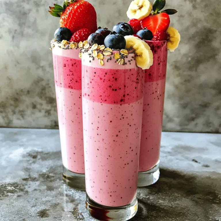 - 1 ripe banana, sliced - 1 cup mixed berries (strawberries, blueberries, raspberries) - 1/2 cup rolled oats - 1 cup almond milk (or your choice of milk) - 1 tablespoon honey or maple syrup - 1 tablespoon chia seeds (optional for extra nutrition) - A pinch of cinnamon - Ice cubes (optional) The base of this smoothie is simple yet powerful. I love using a ripe banana. It adds natural sweetness and creaminess. Next, I always add a cup of mixed berries. You can use strawberries, blueberries, or raspberries. They give a vibrant color and a burst of flavor. Rolled oats form the heart of this drink. They add fiber and help keep you full longer. I use half a cup in my recipe. For the liquid, I choose one cup of almond milk. You can swap with any milk you like. For sweetness, I add one tablespoon of honey or maple syrup. This step makes it just right. If you want more nutrition, add one tablespoon of chia seeds. They pack a punch with healthy fats. Finally, I toss in a pinch of cinnamon. This spice adds warmth and depth to the flavor. If you want a colder drink, throw in some ice cubes. This step is optional, but it can make your smoothie extra refreshing. Each ingredient plays a role in making this Berry Banana Oat Smoothie a delightful, energizing drink. 1. Blending oats into a powder: Start by adding the rolled oats to your blender. Blend them on a low setting. This step makes the oats fine and smooth, forming a great base for your smoothie. 2. Adding fruits and liquid ingredients: Next, add the sliced banana and mixed berries to the blender. Pour in the almond milk. You can also add honey or maple syrup for sweetness. If you like, toss in chia seeds for extra nutrition. 3. Blending for creaminess: Blend all the ingredients on high speed. Keep blending until the mixture is smooth and creamy. If you want it colder, add a handful of ice cubes. Blend again until it reaches your desired consistency. 4. Adjusting sweetness and consistency: After blending, taste your smoothie. If it needs more sweetness, add a bit more honey or syrup. Blend again to mix everything well. By following these steps, you will create a delicious Berry Banana Oat Smoothie that is both energizing and nutritious. Enjoy your drink! - Choose ripe bananas for optimal sweetness. Ripe bananas have a natural sweetness that enhances the flavor of your smoothie. Look for bananas with brown spots for the best taste. - Experiment with various berry combinations. You can mix strawberries, blueberries, and raspberries to find your favorite blend. Each berry adds unique flavors and nutrients. - Customize thickness with ice or more liquid. If you want a thicker smoothie, add ice cubes. For a thinner drink, pour in more almond milk. Adjust until it’s just right for you. - Garnishing ideas. Serve your smoothie in tall glasses and top with whole berries. A slice of banana on the rim adds a fun touch. You can even sprinkle oats or chia seeds for some crunch. - Pairing with breakfast or snacks. This smoothie makes a great breakfast. Pair it with whole-grain toast or a handful of nuts. It also works well as a quick afternoon snack. {{image_2}} You can change up your Berry Banana Oat Smoothie in fun ways. Here are some ideas: - Alternative sweeteners: Try agave or stevia instead of honey or maple syrup. These can give a different taste and sweetness level. - Using different types of milk: Swap almond milk for coconut or soy milk. Each type adds its own flavor and creaminess. - Adding greens: Toss in a handful of spinach or kale for extra nutrients. You won't even taste them, but your smoothie will be healthier. This smoothie is perfect for many occasions. - Pre-workout smoothie: It gives you quick energy before your workout. The oats and fruit fuel your body. - Quick breakfast or snack: Need something fast? This smoothie takes just five minutes to make. It's a great option when you are in a hurry. To keep your leftover smoothie fresh, store it in the fridge. Pour it into an airtight container. Glass jars work best because they do not hold odors. If you use plastic, make sure it is BPA-free. Refrigerate the smoothie right away. It can last up to two days. If it separates, just shake or stir before drinking. This will help mix it back up. Freezing your smoothie is a great option for long-term storage. Pour it into ice cube trays or freezer-safe bags. Leave some space in the container to allow for expansion. When you want to enjoy it again, thaw it in the fridge overnight. For a quicker method, run warm water over the bag. Blend it again after thawing to restore texture. To keep the flavor and texture nice, avoid freezing for too long. Use the frozen smoothie within one month for the best taste. Can I use frozen berries? Yes, you can use frozen berries. They add a cool, thick texture. Plus, they are often more affordable and last longer. Just toss them in the blender straight from the freezer. How long can I store a smoothie in the fridge? You can store a smoothie in the fridge for up to 24 hours. After that, it may lose its taste and texture. Make sure to keep it in a sealed container to maintain freshness. Is it safe to eat oats raw in the smoothie? Yes, it is safe to eat oats raw in smoothies. They are easy to digest and provide fiber. Just blend them well to make sure they mix smoothly. Can I make this smoothie ahead of time? You can make this smoothie ahead of time. Just store it in the fridge. If you want, you can freeze it for later too. Health benefits of berries Berries are packed with vitamins and antioxidants. They can help fight inflammation and boost your immune system. They also provide fiber, which is great for digestion. Advantages of oats and chia seeds Oats are a great source of energy and keep you full longer. They help with heart health too. Chia seeds add fiber, protein, and healthy fats. They also absorb water, giving your smoothie a nice thickness. Nutritional value per serving Each serving of this smoothie is nutritious. It offers about 200 calories, 6 grams of protein, and 5 grams of fiber. It also provides healthy fats and numerous vitamins. This makes it a balanced choice for breakfast or a snack. In this blog post, we explored the steps to create a delicious smoothie. We talked about key ingredients, like ripe bananas and mixed berries, which enhance flavor and nutrition. I shared simple instructions for blending and tips to make it perfect every time. You can even add your favorite greens or sweeteners for extra flavor. Enjoy this smoothie as a quick meal or snack. Remember, it’s easy to store or freeze for later. Fuel your body with this tasty, healthy choice anytime!