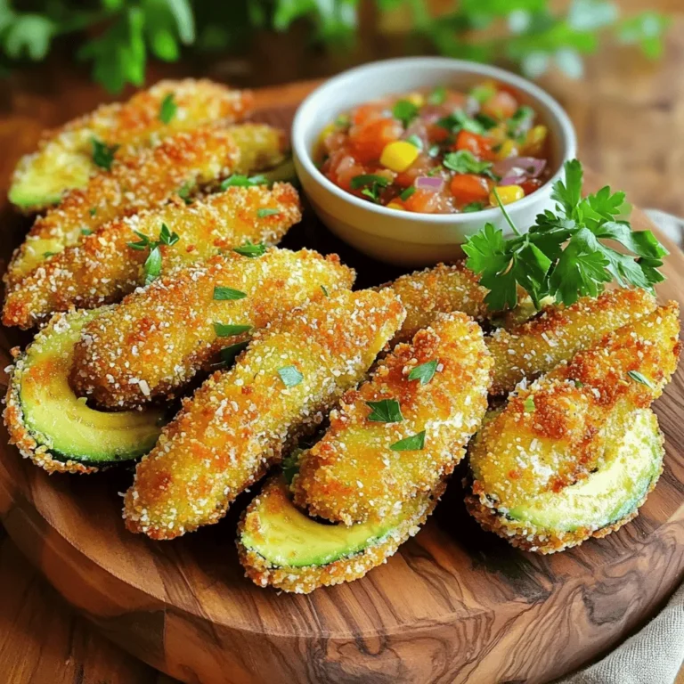 - 2 ripe avocados, sliced into wedges - 1 cup all-purpose flour - 2 large eggs, beaten - 1 cup panko breadcrumbs - 1/2 cup grated Parmesan cheese - 1 teaspoon garlic powder - 1 teaspoon paprika - 1/2 teaspoon salt - 1/2 teaspoon black pepper - Cooking spray or olive oil for frying - Gluten-free flour options: You can use almond flour or a gluten-free blend. Both work well to coat the avocado. - Dairy-free cheese substitutions: Try nutritional yeast or a dairy-free Parmesan alternative to keep it plant-based. - Vegan egg replacer: Use a mixture of flaxseed meal and water or a store-bought egg replacer. This will bind your coating just right. These ingredients come together to create a tasty snack that's crispy outside and creamy inside. Feel free to mix and match based on what you have in your kitchen. - Preheat your oven to 425°F (220°C). - Line a baking sheet with parchment paper. This helps the fries not stick. - Set up three shallow bowls. Put flour in one bowl. - In the second bowl, beat the eggs until smooth. - In the third bowl, mix panko breadcrumbs, grated Parmesan, garlic powder, paprika, salt, and black pepper. This adds great flavor. - Take each avocado wedge and coat it in flour first. Shake off any extra flour. - Next, dip the floured wedge into the beaten eggs. Make sure it is fully coated. - Finally, roll the wedge in the Parmesan panko mixture. Press gently to help it stick well. - Place the coated avocado fries on the prepared baking sheet. Keep them in a single layer. - Lightly spray the tops with cooking spray or drizzle with olive oil. This helps them get crispy. - Bake for about 15-20 minutes until they are golden brown. Flip them halfway through for even browning. To get that crunchy crust on your avocado fries, follow these steps: - Baking Techniques: Preheat your oven to 425°F (220°C). Use a good baking sheet and line it with parchment paper. This helps with even heat and makes cleanup easy. Spread the avocado fries in a single layer. Overcrowding can lead to sogginess. - Cooking Spray vs. Olive Oil: I recommend using cooking spray. It provides an even coat that helps the fries crisp up nicely. If you prefer olive oil, drizzle it lightly. Too much oil can lead to a greasy fry. You can easily boost the flavor of your avocado fries: - Suggested Seasonings: Besides garlic powder and paprika, try adding some cayenne pepper for heat or Italian herbs for a twist. A sprinkle of lemon zest can also brighten the dish. - Tasty Dipping Sauce Pairings: Serve your fries with a creamy dip like ranch or a tangy salsa. A spicy chipotle mayo also makes an excellent pairing. You can even make a quick guacamole for a fresh touch. Sometimes things don’t go as planned. Here’s how to fix common problems: - If They Don't Crisp Up: Make sure you bake them long enough. Flip them halfway through for even cooking. If they are still soggy, try increasing the oven temperature slightly. - Solutions for Overly Soggy Coating: If your coating is too wet, check if you used enough flour or panko. You can also try to bake them a bit longer. If all else fails, enjoy them anyway—they’ll still taste great! {{image_2}} You can switch up the cheese in your avocado fries. Try using cheddar or mozzarella. Cheddar gives a sharp taste that pairs well with the creamy avocado. Mozzarella offers a mild flavor and a nice stretch. Each cheese brings its own twist, making the dish fun and unique. Want a kick? Add some spice! You can use cayenne or chili powder for heat. Just sprinkle it into the breadcrumb mix. For a spicy dipping sauce, mix mayo with hot sauce. You can even blend avocado with lime juice and jalapeños for a zesty dip. This adds a whole new layer to your fries. Feeling adventurous? Mix in a little cinnamon for a sweet twist. This creates a unique dessert-style avocado fry. Serve it with a drizzle of honey or maple syrup. You could also top it with a sprinkle of powdered sugar for a fun dessert. Sweet avocado fries can charm your taste buds in a new way. To keep your leftover avocado fries fresh, store them in an airtight container. Place a paper towel in the container to absorb moisture. This helps keep them crispy. You can store them in the fridge for up to 2 days. For the best taste, eat them as soon as possible. To reheat your avocado fries and keep them crispy, use your oven. Preheat it to 350°F (175°C). Place the fries on a baking sheet for about 10 minutes. This method helps restore their crunch. You can also use an air fryer for about 5 minutes at the same temperature. Enjoy them warm and crispy! You can tell when avocado fries are done by their color and texture. Look for a golden brown crust that is crispy. The fries should feel firm and not soggy. If they are light brown, they need more time. Flip them halfway through baking for even browning. Yes, you can freeze avocado fries. Place them in a single layer on a baking sheet. Freeze until solid, then transfer them to a freezer-safe bag. To reheat, bake them at 425°F (220°C) for about 15-20 minutes. The texture may be softer, but they will still taste great. Avocado fries pair nicely with several dips. Try salsa for a fresh taste, ranch for creaminess, or guacamole for an extra avocado kick. You can make a quick dip by mixing yogurt with lime juice and cilantro for a zesty option. Enjoy experimenting! This blog post covered how to make tasty avocado fries. We went through the ingredients, step-by-step cooking, and tips for perfect results. You learned about different dietary options and variations to try. Reheating methods ensure they stay crispy. Track cooking signs to know when they’re done. With the right dips, these fries can shine. Enjoy creating fun dishes that everyone will love!