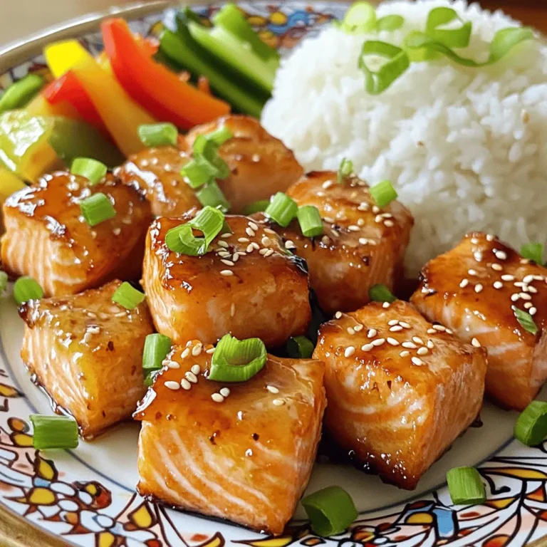 - 1 lb salmon fillet - 1/4 cup soy sauce or tamari - 2 tablespoons honey or maple syrup - 1 tablespoon sesame oil - 1 tablespoon rice vinegar - 1 teaspoon fresh ginger - 2 cloves garlic - 1 tablespoon cornstarch - 1 tablespoon sesame seeds - 2 green onions To make air fryer teriyaki salmon bites, you need fresh and simple ingredients. The main ingredient is salmon. I suggest using one pound of salmon fillet. Make sure to remove the skin and cut it into bite-sized cubes. This helps the salmon cook evenly and makes it easy to eat. For the marinade, I use 1/4 cup of soy sauce or tamari. Tamari is a great choice if you want a gluten-free option. I also add 2 tablespoons of honey or maple syrup for a touch of sweetness. This will balance the salty flavor of the soy sauce. Next, I include key marinade components. You need 1 tablespoon of sesame oil for a nutty taste. I also add 1 tablespoon of rice vinegar to bring some acidity. Lastly, 1 teaspoon of fresh ginger gives a nice zing that enhances the flavor. For garnishing, you will need 2 cloves of garlic. Minced garlic adds depth to the dish. I also use 1 tablespoon of cornstarch to help the salmon get crispy. Finally, I sprinkle 1 tablespoon of sesame seeds and 2 sliced green onions on top. These add a pop of color and crunch. Gather these ingredients before you start cooking. It makes the process quick and fun! - In a bowl, whisk together these marinade ingredients: - 1/4 cup soy sauce (or tamari) - 2 tablespoons honey (or maple syrup) - 1 tablespoon sesame oil - 1 tablespoon rice vinegar - 1 teaspoon grated fresh ginger - 2 minced garlic cloves - Cut 1 pound of salmon fillet into bite-sized cubes. - Add the salmon cubes to the marinade and mix well. - Cover the bowl with plastic wrap and refrigerate for at least 30 minutes. For deeper flavor, marinate up to 2 hours. - After marinating, take the salmon out of the bowl. - Lightly toss the salmon cubes in 1 tablespoon of cornstarch. This helps make them crispy. - Preheat your air fryer to 400°F (200°C). This step is important for even cooking. - Place the salmon bites in the air fryer basket in a single layer. Avoid overcrowding them. - Air fry the salmon bites for 8 to 10 minutes. - Shake the basket halfway through to cook them evenly. They should be cooked through and have a nice, crispy outside. To get a great texture, use cornstarch. This thin coating helps make the salmon crispy. Before air frying, toss the salmon cubes in cornstarch. It gives them a nice crunch. Also, make sure the salmon pieces are not crowded in the air fryer. This helps them cook evenly and become golden brown. Longer marinating times bring deeper flavors. I recommend marinating the salmon for at least 30 minutes. If you have time, let it sit for up to 2 hours. This way, the marinade seeps into the fish. You can also adjust the seasoning to suit your taste. If you like it sweeter, add more honey. For more tang, increase the rice vinegar. Serve your teriyaki salmon bites on a beautiful plate. Pair them with steamed rice and pickled vegetables for a lovely meal. For garnish, sprinkle sesame seeds on top. Add sliced green onions for a pop of color. These small details make your dish look inviting and tasty. {{image_2}} You can switch up the teriyaki sauce to add your own twist. Try making a honey mustard sauce or a spicy chili sauce. Both options give a new flair to the salmon bites. You can also mix soy sauce with orange juice for a citrusy punch. Each sauce changes the taste, so feel free to experiment! If you want a change from salmon, you can use chicken or tofu. Chicken thighs work well and stay juicy. For tofu, choose firm or extra-firm tofu. Cut them into bite-sized pieces like the salmon. Cooking times will differ. Chicken takes about 12-15 minutes, while tofu needs around 10-12 minutes in the air fryer. You can serve these salmon bites as appetizers or main courses. For a fun appetizer, place them on skewers with veggies. For a meal, try adding them to rice bowls or salads. Toss them with fresh greens, avocado, and a drizzle of sauce. This adds a nice crunch and makes for a colorful dish. Store leftover salmon bites in an airtight container. They keep well in the fridge for 2-3 days. To maintain freshness, place a paper towel inside the container. This will absorb extra moisture and help keep the salmon bites crispy. Always let the salmon cool down before sealing the container. You can freeze salmon bites for later use. Place the cooled bites in a single layer on a baking sheet. Freeze them for about an hour, then transfer them to a freezer bag. Remove as much air as possible to prevent freezer burn. They will stay fresh for up to 2 months. When you're ready to enjoy them, thaw the salmon bites overnight in the fridge. This method helps them retain their flavor and texture. The best method for reheating salmon bites is in the air fryer. Preheat the air fryer to 350°F (175°C). Place the bites in a single layer and heat them for about 5-7 minutes. This keeps them crispy and delicious. To avoid dry salmon, consider adding a splash of water to the air fryer. This will create steam and help keep the salmon moist. You can also brush a little olive oil on the bites before reheating for extra flavor. I recommend marinating the salmon for at least 30 minutes. This time allows the flavors to soak in. For a richer taste, you can marinate it for up to 2 hours. The longer you marinate, the better the flavor. Just be careful not to go too long, as the salmon can become too salty. Yes, you can use frozen salmon. Just make sure to thaw it properly first. The best way is to leave it in the fridge overnight. If you're in a hurry, you can also use cold water to thaw it. Place the salmon in a sealed bag and submerge it in cold water for about an hour. Once thawed, you can follow the same marinating steps. There are many sauces that pair well with teriyaki salmon bites. Here are some great options: - Soy sauce - Spicy mayo - Sweet chili sauce - Wasabi aioli - Ginger dipping sauce These sauces add extra flavor and can make your meal even more exciting. You can also serve the salmon with a side of steamed rice and pickled vegetables for a complete dish. In this article, we explored how to make tasty teriyaki salmon bites. You learned about the key ingredients, marinating, and air frying steps. We shared tips for achieving great texture and enhancing flavors. Don’t forget to try different proteins and sauces for variety. Proper storage and reheating are also key to keeping your bites fresh. Experiment with these ideas, and enjoy your cooking. You’ll impress everyone with your skills!