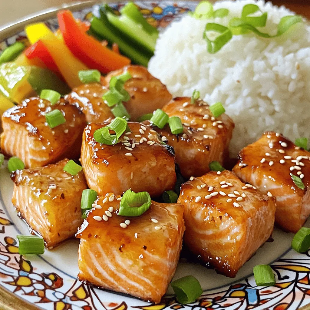 - 1 lb salmon fillet - 1/4 cup soy sauce or tamari - 2 tablespoons honey or maple syrup - 1 tablespoon sesame oil - 1 tablespoon rice vinegar - 1 teaspoon fresh ginger - 2 cloves garlic - 1 tablespoon cornstarch - 1 tablespoon sesame seeds - 2 green onions To make air fryer teriyaki salmon bites, you need fresh and simple ingredients. The main ingredient is salmon. I suggest using one pound of salmon fillet. Make sure to remove the skin and cut it into bite-sized cubes. This helps the salmon cook evenly and makes it easy to eat. For the marinade, I use 1/4 cup of soy sauce or tamari. Tamari is a great choice if you want a gluten-free option. I also add 2 tablespoons of honey or maple syrup for a touch of sweetness. This will balance the salty flavor of the soy sauce. Next, I include key marinade components. You need 1 tablespoon of sesame oil for a nutty taste. I also add 1 tablespoon of rice vinegar to bring some acidity. Lastly, 1 teaspoon of fresh ginger gives a nice zing that enhances the flavor. For garnishing, you will need 2 cloves of garlic. Minced garlic adds depth to the dish. I also use 1 tablespoon of cornstarch to help the salmon get crispy. Finally, I sprinkle 1 tablespoon of sesame seeds and 2 sliced green onions on top. These add a pop of color and crunch. Gather these ingredients before you start cooking. It makes the process quick and fun! - In a bowl, whisk together these marinade ingredients: - 1/4 cup soy sauce (or tamari) - 2 tablespoons honey (or maple syrup) - 1 tablespoon sesame oil - 1 tablespoon rice vinegar - 1 teaspoon grated fresh ginger - 2 minced garlic cloves - Cut 1 pound of salmon fillet into bite-sized cubes. - Add the salmon cubes to the marinade and mix well. - Cover the bowl with plastic wrap and refrigerate for at least 30 minutes. For deeper flavor, marinate up to 2 hours. - After marinating, take the salmon out of the bowl. - Lightly toss the salmon cubes in 1 tablespoon of cornstarch. This helps make them crispy. - Preheat your air fryer to 400°F (200°C). This step is important for even cooking. - Place the salmon bites in the air fryer basket in a single layer. Avoid overcrowding them. - Air fry the salmon bites for 8 to 10 minutes. - Shake the basket halfway through to cook them evenly. They should be cooked through and have a nice, crispy outside. To get a great texture, use cornstarch. This thin coating helps make the salmon crispy. Before air frying, toss the salmon cubes in cornstarch. It gives them a nice crunch. Also, make sure the salmon pieces are not crowded in the air fryer. This helps them cook evenly and become golden brown. Longer marinating times bring deeper flavors. I recommend marinating the salmon for at least 30 minutes. If you have time, let it sit for up to 2 hours. This way, the marinade seeps into the fish. You can also adjust the seasoning to suit your taste. If you like it sweeter, add more honey. For more tang, increase the rice vinegar. Serve your teriyaki salmon bites on a beautiful plate. Pair them with steamed rice and pickled vegetables for a lovely meal. For garnish, sprinkle sesame seeds on top. Add sliced green onions for a pop of color. These small details make your dish look inviting and tasty. {{image_2}} You can switch up the teriyaki sauce to add your own twist. Try making a honey mustard sauce or a spicy chili sauce. Both options give a new flair to the salmon bites. You can also mix soy sauce with orange juice for a citrusy punch. Each sauce changes the taste, so feel free to experiment! If you want a change from salmon, you can use chicken or tofu. Chicken thighs work well and stay juicy. For tofu, choose firm or extra-firm tofu. Cut them into bite-sized pieces like the salmon. Cooking times will differ. Chicken takes about 12-15 minutes, while tofu needs around 10-12 minutes in the air fryer. You can serve these salmon bites as appetizers or main courses. For a fun appetizer, place them on skewers with veggies. For a meal, try adding them to rice bowls or salads. Toss them with fresh greens, avocado, and a drizzle of sauce. This adds a nice crunch and makes for a colorful dish. Store leftover salmon bites in an airtight container. They keep well in the fridge for 2-3 days. To maintain freshness, place a paper towel inside the container. This will absorb extra moisture and help keep the salmon bites crispy. Always let the salmon cool down before sealing the container. You can freeze salmon bites for later use. Place the cooled bites in a single layer on a baking sheet. Freeze them for about an hour, then transfer them to a freezer bag. Remove as much air as possible to prevent freezer burn. They will stay fresh for up to 2 months. When you're ready to enjoy them, thaw the salmon bites overnight in the fridge. This method helps them retain their flavor and texture. The best method for reheating salmon bites is in the air fryer. Preheat the air fryer to 350°F (175°C). Place the bites in a single layer and heat them for about 5-7 minutes. This keeps them crispy and delicious. To avoid dry salmon, consider adding a splash of water to the air fryer. This will create steam and help keep the salmon moist. You can also brush a little olive oil on the bites before reheating for extra flavor. I recommend marinating the salmon for at least 30 minutes. This time allows the flavors to soak in. For a richer taste, you can marinate it for up to 2 hours. The longer you marinate, the better the flavor. Just be careful not to go too long, as the salmon can become too salty. Yes, you can use frozen salmon. Just make sure to thaw it properly first. The best way is to leave it in the fridge overnight. If you're in a hurry, you can also use cold water to thaw it. Place the salmon in a sealed bag and submerge it in cold water for about an hour. Once thawed, you can follow the same marinating steps. There are many sauces that pair well with teriyaki salmon bites. Here are some great options: - Soy sauce - Spicy mayo - Sweet chili sauce - Wasabi aioli - Ginger dipping sauce These sauces add extra flavor and can make your meal even more exciting. You can also serve the salmon with a side of steamed rice and pickled vegetables for a complete dish. In this article, we explored how to make tasty teriyaki salmon bites. You learned about the key ingredients, marinating, and air frying steps. We shared tips for achieving great texture and enhancing flavors. Don’t forget to try different proteins and sauces for variety. Proper storage and reheating are also key to keeping your bites fresh. Experiment with these ideas, and enjoy your cooking. You’ll impress everyone with your skills!