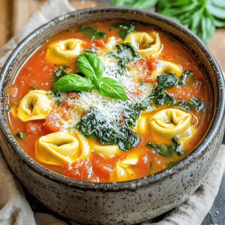 To make Slow Cooker Tomato Basil Tortellini Soup, gather the following: - 2 tablespoons olive oil - 1 medium onion, diced - 3 cloves garlic, minced - 1 can (28 oz) crushed tomatoes - 4 cups vegetable broth - 1 teaspoon dried oregano - 1 teaspoon dried basil - 1 teaspoon sugar - Salt and pepper to taste - 1 package (9 oz) refrigerated cheese tortellini - 2 cups fresh spinach - 1/4 cup fresh basil, chopped - Grated Parmesan cheese for serving Each ingredient plays a key role in the soup's flavor. The olive oil gives a rich base. The onion and garlic add sweetness and depth. Crushed tomatoes provide a smooth texture. Vegetable broth adds heartiness. Dried oregano and basil enhance the aroma. Sugar helps balance the acidity of the tomatoes. Salt and pepper round out the taste. The tortellini brings a soft bite, while spinach adds freshness. Finally, Parmesan provides a salty finish. If you don’t have an ingredient, here are some swaps: - Use any oil instead of olive oil. - Swap the onion for shallots or leeks. - Garlic powder can replace fresh garlic. - Canned tomato sauce can work in place of crushed tomatoes. - Chicken broth is a good substitute for vegetable broth. - Fresh herbs can replace dried oregano and basil. - Any pasta can replace cheese tortellini, though cook times may vary. - Kale or Swiss chard can replace fresh spinach. First, gather all your ingredients. You need olive oil, onion, garlic, crushed tomatoes, vegetable broth, and herbs. You will also need cheese tortellini, fresh spinach, and Parmesan cheese. This soup has simple steps. Start by prepping the onion and garlic. Dice the onion and mince the garlic. 1. Heat the olive oil in a skillet over medium heat. 2. Add the diced onion. Cook for about 5 minutes. The onion should look clear. 3. Add the minced garlic and cook for 1-2 more minutes. The smell will be great. 4. Pour this mixture into the slow cooker. 5. Add the crushed tomatoes, vegetable broth, dried oregano, dried basil, sugar, salt, and pepper. Stir well. 6. Cover the slow cooker. Cook on low for 6-7 hours or high for 3-4 hours. 7. About 30 minutes before serving, add the cheese tortellini and fresh spinach. If you cook on high, check the tortellini after 10 minutes. 8. Stir in the fresh chopped basil before serving. This adds a nice touch. 9. Serve hot with grated Parmesan cheese on top for extra flavor. To check if the soup is ready, look for the tortellini. They should be tender but not mushy. Stir the soup to mix the flavors. Taste it to see if you need more salt or pepper. If the soup looks too thick, add a bit of vegetable broth. Enjoy your warm bowl of goodness! To boost the taste, use fresh herbs. Fresh basil adds a bright touch. You can also add a pinch of red pepper flakes for some heat. If you like a sweeter soup, add more sugar to balance the tomatoes. A splash of balsamic vinegar at the end can deepen the flavor too. Cooking on low for 6-7 hours gives the best flavor. If you’re short on time, cooking on high for 3-4 hours works too. Just check the tortellini after 10 minutes when using high heat. They should be soft but not mushy. Adjust the time based on your slow cooker’s heat level. To keep the tortellini firm, add them near the end of cooking. Stir in the spinach right before serving for a fresh crunch. If you want a creamier soup, add a splash of cream or a dollop of sour cream at the end. This gives a nice richness without losing the soup’s base. {{image_2}} You can play with the ingredients in this soup. For a heartier dish, add diced carrots or celery. You can also swap out the cheese tortellini for spinach or meat tortellini. If you want a vegan option, use plant-based tortellini and vegetable broth. Try adding different herbs to change the taste. Fresh thyme or rosemary work well. For a spicy kick, add red pepper flakes. If you enjoy a smoky flavor, mix in smoked paprika. Experimenting with flavors can make this soup even more fun! Seasonal veggies add freshness to your soup. In the fall, add butternut squash or pumpkin. During summer, zucchini or fresh tomatoes can brighten the dish. In winter, consider adding kale or even sweet potatoes for warmth. Each season brings new flavors to explore! To keep your soup fresh, let it cool first. Use airtight containers for storage. This helps maintain flavor and texture. I recommend using glass containers for easy reheating. Store your leftovers in the fridge for up to three days. Always label containers with the date for tracking freshness. If you want to freeze your soup, it’s simple! Pour the cooled soup into freezer-safe bags or containers. Leave some space at the top for expansion. You can freeze it for up to three months. When you’re ready to enjoy it again, thaw it overnight in the fridge. This method keeps the taste fresh and delicious. For reheating, use a pot on the stove for best results. Heat it over low to medium heat. Stir often to avoid burning. You can also microwave it in a bowl. Just cover it with a microwave-safe lid. Heat it in short increments, stirring in between. Taste and adjust seasoning if needed before serving. Enjoy every warm bowl! Yes, you can use frozen tortellini in this recipe. Just add them to the soup during the last 30 minutes of cooking. They will cook well and taste great. Frozen tortellini saves time and adds ease to this dish. To make the soup creamier, stir in some heavy cream or half-and-half just before serving. Start with a small amount, like 1/2 cup, and mix it well. This adds a rich texture and enhances the flavors of the soup. This soup pairs wonderfully with crusty bread or a fresh salad. Garlic bread also makes a delicious side. You can serve a light green salad with vinaigrette to balance the meal. These options complement the soup's flavors nicely. Leftovers will last about 3 to 4 days in the fridge. Store them in an airtight container. To maintain freshness, cool the soup before sealing it. Reheat only the portion you plan to eat for the best taste. Yes, you can make this soup in an Instant Pot. Sauté the onion and garlic first, then add other ingredients. Cook on high pressure for about 15 minutes. After cooking, add the tortellini and spinach, then let it sit for a few minutes before serving. This method saves time and still delivers great flavor. We covered the key ingredients for your dish and talked about measurements and good substitutes. I shared clear steps for cooking in a slow cooker, including how to tell when it's done. You learned tips to boost flavor and adjust cook times for great texture. We explored variations, storage tips, and even answered common questions. Remember, cooking is fun and you can always tweak recipes to fit your taste. Enjoy your culinary adventure!