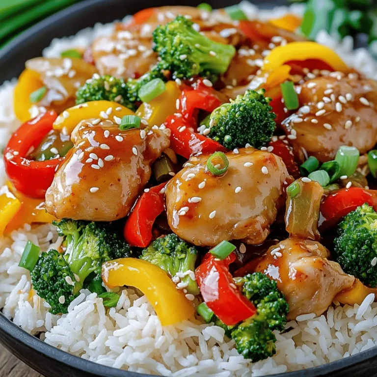 - 500g boneless chicken thighs, sliced into bite-sized pieces - 1/4 cup sweet chili sauce - 1 red bell pepper, sliced - 1 yellow bell pepper, sliced - 1 cup broccoli florets - 4 cloves garlic, minced - 1 tablespoon fresh ginger, grated The main ingredients make this dish shine. Boneless chicken thighs are juicy and tender. Sweet chili sauce adds a perfect blend of heat and sweetness. Fresh vegetables like bell peppers and broccoli give color and crunch. Garlic and ginger provide a burst of flavor that makes this stir fry special. - 2 tablespoons soy sauce - 1 tablespoon rice vinegar - 1 teaspoon cornstarch mixed with 1 tablespoon water Pantry staples enhance the core flavors. Soy sauce adds umami, and rice vinegar brings a touch of brightness. Cornstarch helps thicken the sauce, making it rich and smooth. - Green onions - Sesame seeds Garnishes like green onions and sesame seeds add a finishing touch. They bring extra color and texture to your dish. Plus, they make your stir fry look fancy. First, take your sliced chicken thighs and place them in a bowl. Add the sweet chili sauce, soy sauce, and rice vinegar. Mix them well until the chicken is fully coated. Let this sit for at least 15 minutes. This step helps the chicken soak up all the flavors. Next, heat 2 tablespoons of vegetable oil in a large skillet over medium-high heat. Once the oil is hot, add the marinated chicken. Cook it for about 4 to 5 minutes. You want it to turn golden brown and be cooked all the way through. After cooking, remove the chicken from the pan and set it aside. Now it’s time to add some flavor! In the same pan, add 4 cloves of minced garlic and 1 tablespoon of grated ginger. Sauté these for about 30 seconds. You will smell a wonderful aroma. Next, add the sliced red and yellow bell peppers and 1 cup of broccoli florets. Stir-fry these veggies for about 3 to 4 minutes until they start to soften. Return the cooked chicken to the pan with the veggies. Mix everything well. Then, stir in the cornstarch mixture to thicken the sauce. Let it cook for 2 more minutes. This will allow the sauce to coat the chicken and vegetables evenly. Season with salt and pepper to taste. Now, your dish is ready to serve! To make a great stir fry, don’t overcrowd the pan. If you add too much food, it won’t cook well. The key is to let each piece get a nice sear. I recommend cooking in batches if needed. Use high heat for best results. This helps to cook quickly and keep the chicken juicy. A hot pan gives you that perfect stir-fry taste. You can easily adjust the spice levels in your dish. To make it sweeter, add more sweet chili sauce. If you want more heat, try adding some red pepper flakes. Taste as you go to find your perfect balance. Everyone has different spice preferences, so make it your own! For perfect jasmine rice, rinse the rice before cooking. This removes excess starch and keeps it fluffy. Use a ratio of 1 cup rice to 1.5 cups water. Bring it to a boil, then cover and lower the heat. Cooking for about 18 minutes will give you soft rice. Let it sit with the lid on for a few minutes after cooking to finish the process. {{image_2}} You can switch the chicken for other proteins. Tofu is a great choice for a plant-based meal. Simply use firm tofu, cut into bite-sized pieces. It soaks up flavor well. Shrimp is another tasty option. Cook it until it turns pink and opaque. Both options work well with the sweet chili sauce. Feel free to mix in other vegetables. Snap peas, carrots, or zucchini add color and crunch. You can also use mushrooms for an earthy flavor. Just remember to chop them evenly. This way, they will cook at the same rate. Get creative and use what you have in your fridge. You can change up the sauce for new tastes. Try teriyaki sauce for a sweet twist. Hoisin sauce adds depth and richness. If you like heat, add some sriracha to the mix. These sauces can enhance the stir fry's flavor. Just remember to balance the flavors to keep it delicious. To keep your Sweet Chili Garlic Chicken Stir Fry fresh, let it cool down first. Store it in an airtight container. This helps keep moisture in and prevents odors. Place it in the fridge. It will stay good for up to three days. If you want to enjoy it later, consider freezing instead. When you’re ready to eat your leftovers, reheating is easy. Use a skillet over medium heat. Add a splash of water or broth to help steam it. Stir often so it heats evenly. You can also use the microwave. Just cover it and heat for one to two minutes. Stir halfway to ensure it warms through. If you want to freeze your stir fry, it’s simple. First, let it cool completely. Then, place it in a freezer-safe bag or container. Make sure to remove as much air as possible. This helps prevent freezer burn. You can freeze it for up to three months. To thaw, place it in the fridge overnight before reheating. Marinating chicken adds great flavor. I suggest marinating for at least 15 minutes. This time helps the chicken absorb the sweet chili sauce, soy sauce, and rice vinegar well. For deeper flavor, you can marinate it for up to an hour. Yes, you can make this dish ahead of time. To prep, you can marinate the chicken and chop the veggies a day before. Cook the chicken and veggies right before eating. This keeps everything fresh and tasty. This stir fry has good nutrition. Chicken thighs provide protein, while fresh veggies add vitamins. Using sweet chili sauce means some sugar, but it’s still balanced with healthy elements. Just watch the amount of sauce if you’re counting calories. You can serve this stir fry over jasmine rice for a complete meal. Other great sides include noodles or a fresh salad. For extra flavor, add some spring rolls or dumplings on the side. Enjoying a variety makes every bite special! This blog post walks you through making a flavorful Sweet Chili Garlic Chicken Stir Fry. We started with key ingredients like chicken thighs, sweet chili sauce, and fresh veggies. I shared simple steps from marinating to cooking and finishing your dish. Useful tips help you perfect your stir fry. You can adjust spice, switch proteins, and explore different sauces for variety. Proper storage and reheating methods keep leftovers fresh. Enjoy this tasty, easy-to-make meal any night!