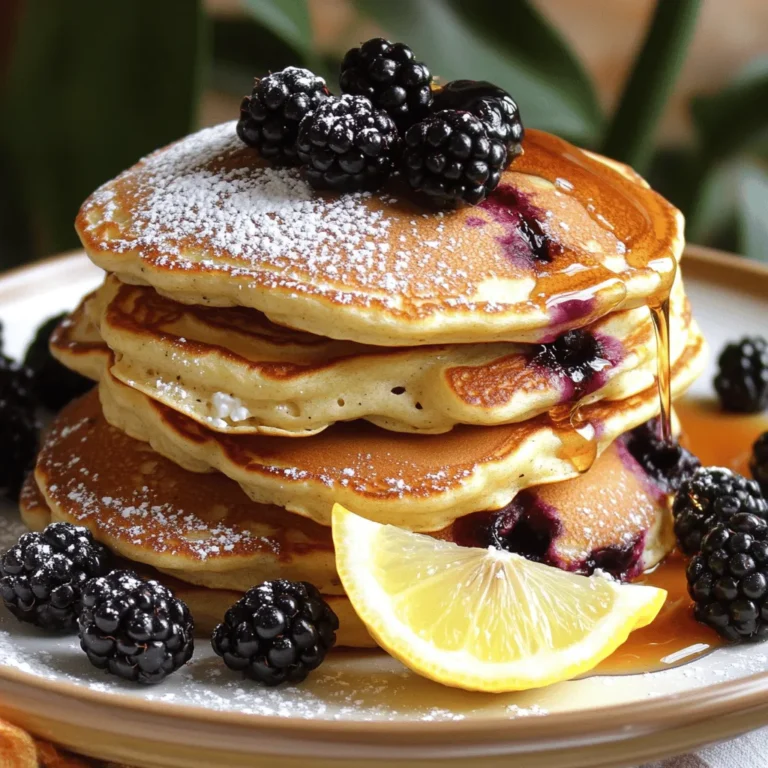 - 1 cup ricotta cheese - 1 cup all-purpose flour - 1 large egg - 1 cup milk - 2 tablespoons sugar - 1 teaspoon baking powder - 1/2 teaspoon baking soda - 1/4 teaspoon salt - 1 tablespoon lemon zest - 2 tablespoons lemon juice - 1 cup fresh blackberries Blackberry lemon ricotta pancakes shine with their tasty blend. The ricotta cheese makes them soft and light. It gives the pancakes a rich, creamy texture. The all-purpose flour adds structure, while the eggs help bind everything together. The milk keeps the batter smooth and easy to pour. Lemon zest and juice bring a fresh, bright flavor. They balance the sweetness from the sugar perfectly. Fresh blackberries add bursts of tangy sweetness. They also give a lovely color to each pancake. - Maple syrup for serving - Powdered sugar for garnishing - Lemon wedges While the pancakes are tasty on their own, you can add more flavor. Maple syrup drizzled on top adds sweetness. Dusting with powdered sugar gives a nice touch. Lemon wedges are perfect to brighten the dish even more. You can squeeze fresh lemon juice over the pancakes for extra zing. - Mixing bowls - Whisk - Non-stick skillet or griddle You need some basic tools to make these pancakes. Mixing bowls are great for combining the wet and dry ingredients. A whisk helps create a smooth batter. A non-stick skillet or griddle is key for cooking. It keeps the pancakes from sticking and helps them cook evenly. - Mixing wet ingredients Start by grabbing a mixing bowl. Combine 1 cup of ricotta cheese, 1 large egg, and 1 cup of milk. Add 1 tablespoon of lemon zest and 2 tablespoons of lemon juice. Whisk everything together until it’s smooth. - Combining dry ingredients In another bowl, mix 1 cup of all-purpose flour, 2 tablespoons of sugar, 1 teaspoon of baking powder, 1/2 teaspoon of baking soda, and 1/4 teaspoon of salt. Stir these dry ingredients well to make sure they blend together evenly. - Pouring batter onto skillet Heat your non-stick skillet over medium heat. Add a small amount of butter or oil. Pour about 1/4 cup of the batter onto the skillet for each pancake. - Cooking timings for perfect pancakes Cook the pancakes for about 3-4 minutes. Look for bubbles to form on the surface. When the edges look set, flip them over. Cook for another 2-3 minutes until they turn golden brown. - Suggestions for toppings Once cooked, stack your pancakes on a plate. Top them with extra blackberries. Drizzle some maple syrup over the stack for added sweetness. - Presentation tips with garnish For a beautiful finish, sprinkle powdered sugar on top. Add a fresh lemon wedge on the side. This makes the dish look bright and inviting! To make great pancakes, avoid overmixing the batter. When you mix, stop as soon as the flour disappears. Lumps are okay! This keeps your pancakes light and fluffy. Letting the batter rest is also key. It helps the flour absorb moisture, leading to a better texture. Allow the batter to sit for about 10 minutes. This simple step can make a big difference. Do you want more tanginess? Add extra lemon zest. It brightens the flavor and makes each bite pop. If you like spices, consider adding a bit of cinnamon. It gives a warm note that pairs well with blackberries. Just a pinch can transform your pancakes! Cooking pancakes requires the right heat. Medium heat works best for even cooking. If the heat is too high, the pancakes may burn. Start with a small amount of butter or oil in your pan. This will help them cook without sticking. When you pour the batter, look for bubbles on the surface. This shows it's time to flip. Cook until both sides are golden brown for perfect pancakes! {{image_2}} You can easily make this recipe fit your diet. For a gluten-free option, use almond flour instead of all-purpose flour. Almond flour adds a nice nutty taste. It gives the pancakes a great texture while keeping them light. If you want a vegan alternative, swap the egg and milk for plant-based options. Use almond milk and a flaxseed egg. To make a flaxseed egg, mix one tablespoon of flaxseed meal with three tablespoons of water. Let it sit for five minutes to thicken. This keeps the pancakes moist and fluffy. Adding chocolate chips is a fun twist. The sweetness of the chocolate pairs well with the lemon and blackberries. You can mix in half a cup of chips into the batter for a rich taste. Feel free to experiment with other fruits too. Blueberries are a great choice! They add a burst of flavor and are also good for you. Just fold in about a cup of fresh blueberries instead of blackberries for a new take. Change things up with seasonal flavors. In the fall, try adding pumpkin puree and pumpkin spice. This gives the pancakes a warm, cozy feel. Just mix in half a cup of pumpkin puree to the batter. For winter, cranberries can brighten up your breakfast. Use fresh or dried cranberries for a tart kick. Mixing in a cup will give a festive touch to your dish. To store leftover pancakes, let them cool to room temperature. Place them in a single layer on a plate. If you stack them, use parchment paper between each layer to prevent sticking. Cover the plate with plastic wrap or transfer them to an airtight container. Store them in the fridge for up to three days. For freezing, wrap each pancake in plastic wrap. Then, place them in a freezer bag. They can last up to three months in the freezer. When reheating pancakes, you have two main methods: microwave and stovetop. The microwave is quick but can make pancakes hard. Heat them for about 20 seconds at a time. Check until they are warm. The stovetop method keeps pancakes fluffy. Preheat a non-stick skillet over low heat. Place the pancake in the skillet and heat for about one minute on each side. In the fridge, pancakes stay fresh for up to three days. After that, they can lose taste and texture. Signs your pancakes are no longer good include a sour smell or mold. If they feel hard or dry, it’s best to toss them. Always check before eating to ensure they are safe. Yes, you can substitute ricotta cheese. Cream cheese works well, but it makes the pancakes thicker. Cottage cheese is another option. It gives a lighter texture but may change the taste slightly. Silken tofu can work too for a dairy-free option. Just blend it until smooth. To keep pancakes from sticking, use a non-stick skillet or griddle. Preheat the pan well before adding any batter. Use a small amount of butter or oil and let it melt. Spread it evenly across the surface. Avoid flipping the pancakes too soon; wait until bubbles form. These pancakes pair well with fresh fruit like extra blackberries or sliced strawberries. Maple syrup adds sweetness, while yogurt gives a creamy touch. A dusting of powdered sugar makes for a pretty finish. Serve with a hot cup of coffee or tea for a delightful breakfast. This blog shared how to make delicious Blackberry Lemon Ricotta Pancakes. We covered the key ingredients like ricotta, flour, and blackberries, plus tips to get the texture just right. You learned various ways to serve and store your pancakes for maximum enjoyment. Lastly, we explored dietary options and flavor variations for everyone. With these steps in hand, you can enjoy tasty pancakes any time. Happy cooking!