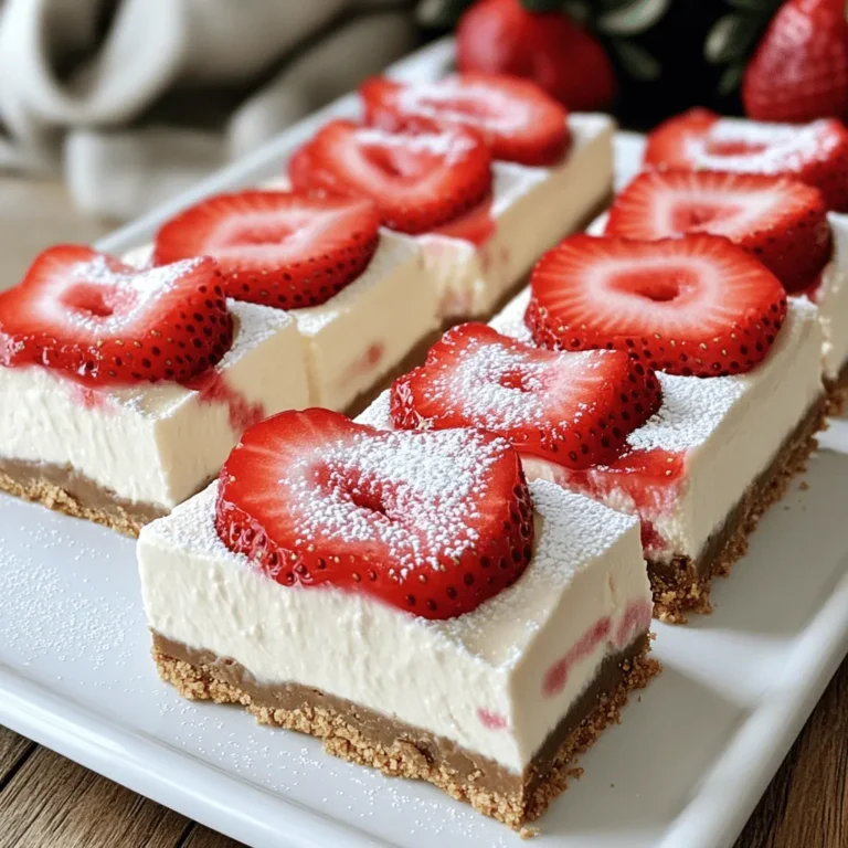 - 1 ½ cups graham cracker crumbs - ½ cup unsalted butter, melted - 2 cups cream cheese, softened - 1 cup powdered sugar - 1 teaspoon vanilla extract - 1 cup heavy whipping cream - 2 cups fresh strawberries, hulled and sliced - 2 tablespoons lemon juice - 1 tablespoon gelatin powder (optional, for extra firmness) - 2 tablespoons water (for gelatin) Making No-Bake Strawberry Cheesecake Bars starts with gathering fresh, quality ingredients. I always choose the best strawberries for sweet flavor. The cream cheese must be softened well, so it blends smoothly. The graham cracker crumbs create a delicious crust. Using unsalted butter helps control the salt in the dish. Powdered sugar provides the right sweetness and mixes easily into the cream cheese. Vanilla extract adds a warm note that enhances the flavors. Heavy whipping cream gives the filling a light, airy texture, making each bite melt in your mouth. If you want a firmer filling, consider using gelatin powder. It helps the bars hold their shape better. Just remember to mix it with warm water to dissolve it properly. Before you start, make sure you have all the ingredients ready. This will make your cooking process smooth and easy. To start, grab a mixing bowl. Combine 1 ½ cups of graham cracker crumbs with ½ cup of melted unsalted butter. Mix it well until it looks like wet sand. Next, take a 9x9 inch baking dish lined with parchment paper. Press the graham cracker mix firmly into the bottom. This forms your crust. Now, refrigerate it while you move on to the filling. In a large bowl, beat 2 cups of softened cream cheese using an electric mixer. Keep mixing until it is smooth and creamy. Gradually add 1 cup of powdered sugar and 1 teaspoon of vanilla extract. Mix until everything is blended well. Now, in a separate bowl, whip 1 cup of heavy whipping cream until it forms stiff peaks. Gently fold this whipped cream into the cream cheese mixture. This step gives your filling a light texture. If you want a firmer filling, prepare the gelatin. Dissolve 1 tablespoon of gelatin powder in 2 tablespoons of warm water. Mix this well. Then, add the gelatin to the cream cheese mixture. Next, fold in 2 cups of hulled and sliced fresh strawberries along with 2 tablespoons of lemon juice. Pour this lovely filling over the chilled crust. Spread it evenly with a spatula. Cover the dish with plastic wrap and refrigerate for at least 4 to 6 hours until set. Once set, lift the bars out using the parchment paper and cut them into squares or rectangles. Enjoy your tasty creation! - Ensuring a firm crust: To get a firm crust, use enough melted butter. It helps bind the crumbs well. Press the mixture down hard into the pan. This creates a solid base. Let it chill in the fridge for at least 15 minutes before adding the filling. - How to fold ingredients without deflating whipped cream: When you fold the whipped cream into the cream cheese mix, use a spatula. Start from the bottom and lift gently. Turn the bowl as you fold. This keeps the air in the whipped cream, making your bars light and fluffy. - Presentation tips for serving: To make your bars look great, cut them neatly into squares. Place them on a nice platter. Add fresh strawberries on top. A light dusting of powdered sugar adds a nice touch. Serve them chilled for the best taste. - Pairing ideas with beverages or toppings: These cheesecake bars pair well with lemonade or iced tea. For toppings, try whipped cream or chocolate sauce. A scoop of vanilla ice cream on the side also works great! {{image_2}} You can have fun with flavors in your no-bake strawberry cheesecake bars. Here are some ideas: - Different Fruits: Swap strawberries with blueberries or raspberries. You can use one fruit or mix them. Each fruit gives a new taste and look. Blueberries add a sweet and tangy flavor, while raspberries bring a tart kick. - Alternative Flavorings: Add lemon zest for a bright, fresh taste. This will make the filling pop with flavor. You can also try vanilla bean paste for an extra touch of richness. It adds a little crunch from the seeds too. You can adjust these bars to fit your diet. Here are some easy swaps: - Gluten-Free Options: Use gluten-free graham crackers for the crust. They work just as well and taste great. You can also blend nuts and dates for a no-bake crust that is gluten-free. - Dairy-Free Substitutions: If you want a dairy-free option, try using coconut cream in place of cream cheese. It gives a creamy texture and a hint of coconut flavor. You can also use a dairy-free whipped topping for the filling. This way, everyone can enjoy these tasty bars! To keep your strawberry cheesecake bars fresh, store them in the fridge. Place them in an airtight container. If you have leftovers, they will last for up to five days. If you want to save them for later, freezing is a great option. Cut the bars into squares and wrap each piece in plastic wrap. Then, place them in a freezer-safe bag or container. They can stay frozen for up to three months. When you want to enjoy your frozen cheesecake bars, take them out of the freezer. Leave them in the fridge for a few hours to thaw. You can also thaw them at room temperature for about 30 minutes. If the bars feel too soft, you can place them back in the fridge to firm up. Before serving, dust them with powdered sugar or add fresh strawberries for a lovely touch. How long do the cheesecake bars last in the fridge? The cheesecake bars will last about 5 days in the fridge. Make sure to store them in an airtight container. This helps keep them fresh and tasty. Can I use frozen strawberries instead of fresh? Yes, you can use frozen strawberries. Just thaw them and drain excess liquid. This keeps your bars from getting too watery. Frozen strawberries can work well, but fresh ones give a better taste and texture. What can I replace gelatin with if I want it to be vegetarian? If you want a vegetarian option, try using agar-agar or carrageenan. These are good substitutes for gelatin. They help your cheesecake bars set without using animal products. Just follow the package instructions for the right amount. You now know how to make tasty no-bake strawberry cheesecake bars. We discussed the key ingredients, like cream cheese and fresh strawberries, and went through easy steps to prepare the crust and filling. I shared tips for perfect bars, fun flavor swaps, and how to store leftovers well. Whether you’re enjoying them at a gathering or just for a treat, these bars are a winner. You can easily customize them too. Now, grab your ingredients and start creating this delicious dessert!