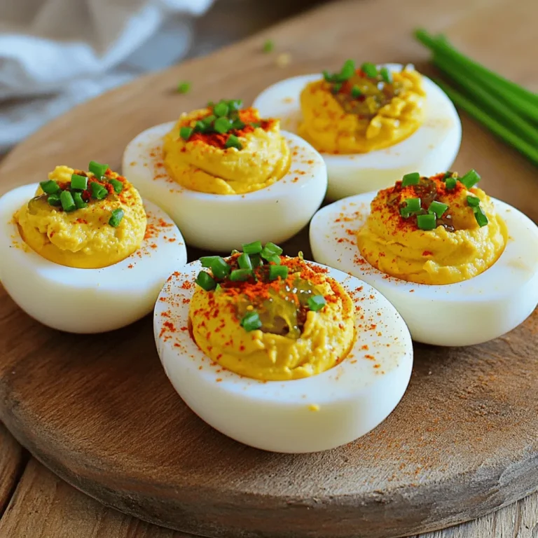 To make the perfect deviled eggs, gather these simple items: - 6 large eggs - 3 tablespoons mayonnaise - 1 tablespoon Dijon mustard - 1 tablespoon sweet pickle relish - 1 teaspoon apple cider vinegar - Salt and black pepper, to taste - Paprika, for garnish - Fresh chives or parsley, chopped for garnish You will need a few tools to help you make these deviled eggs: - A saucepan for boiling the eggs - A mixing bowl for the yolks - A fork to mash the yolks - A piping bag or spoon for filling the eggs - A bowl of ice water for cooling Choosing the right ingredients makes all the difference. Here are my tips: - Use fresh, large eggs for the best texture. - Choose a mayonnaise that you enjoy; it adds creaminess. - Select a high-quality Dijon mustard for a nice kick. - Pick sweet relish that is not too overpowering. - Fresh herbs add brightness, so don’t skip them. - Always season with salt and pepper to bring out flavors. To start, you need to hard-boil the eggs. Place six large eggs in a saucepan. Cover them with cold water, about an inch above the eggs. Turn the heat to medium-high and bring the water to a boil. Once it reaches a boil, cover the pot and take it off the heat. Let the eggs sit in the hot water for 12 minutes. This method gives you a creamy yolk without a gray ring. After the eggs cool, it’s time to prepare the filling. Transfer the eggs to a bowl of ice water. Let them sit for at least 10 minutes to cool. Once cool, gently tap each egg on a hard surface to crack the shell. Peel the eggs and slice them in half lengthwise. Carefully scoop out the yolks into a mixing bowl. Mash the yolks with a fork until smooth. Then add three tablespoons of mayonnaise, one tablespoon of Dijon mustard, one tablespoon of sweet pickle relish, and one teaspoon of apple cider vinegar. Season with salt and black pepper to taste. Mix until the filling is creamy. Now, you’re ready to fill the egg whites. You can use a spoon or a piping bag. If you want a fancy look, use a star tip on the piping bag. This will add a nice touch. Once filled, sprinkle paprika over each egg for color. For a fresh twist, add chopped chives or parsley on top. This makes your deviled eggs not just tasty, but also beautiful! When making deviled eggs, avoid overcooking the eggs. This can cause a green ring around the yolk. Instead, follow the boiling process closely. Another mistake is not cooling the eggs in ice water. This helps peel them easily. Lastly, don’t skip seasoning. Salt and pepper enhance the flavor of the filling. To boost flavor, consider adding a dash of hot sauce or smoked paprika. You can also mix in a teaspoon of lemon juice for a zesty touch. Try different mustards. Honey mustard can add a sweet twist. For a gourmet touch, add capers or diced pickles. These ingredients can elevate your deviled eggs and surprise your guests. Presentation matters for deviled eggs. Use a piping bag for a clean, swirled look. This gives your eggs a professional touch. Arrange them on a platter with fresh herbs. Chives or parsley not only add color but also flavor. Sprinkle paprika on top for a vibrant finish. Consider using decorative egg trays to impress your guests. {{image_2}} To make spicy deviled eggs, add a kick. Mix in some hot sauce, like sriracha. You can also use spicy mustard instead of Dijon. This will add heat and flavor. You can try jalapeños or diced pickled peppers for extra spice. Adjust the heat to your taste. For a creamy twist, use avocado. Mash ripe avocado with the egg yolks. Replace some or all mayonnaise with the avocado. This gives a fresh flavor and a beautiful green color. Add lime juice for a zesty touch. Garnish with cilantro for a nice finish. Relish can change the taste of deviled eggs. Try adding a spicy relish for a new flavor. You can use dill relish for a tangy twist. A fruit relish, like mango or peach, offers sweetness. Experiment with different types to find your favorite mix. To store leftover deviled eggs, place them in a covered container. Use wax paper or plastic wrap to keep them fresh. You can also separate the egg whites from the yolk filling. This helps prevent sogginess. Store them in the fridge and eat them within three days for the best taste. I do not recommend freezing filled deviled eggs. The texture changes when thawed. You can freeze the yolk filling. Put it in an airtight container. Be sure to label the container with the date. When you are ready to use it, thaw it in the fridge overnight. Mix it well before using. To keep your deviled eggs fresh, always store them in the fridge. Avoid leaving them out for more than two hours. If you plan a party, prepare the filling a few hours ahead. Fill the eggs just before serving. This keeps them looking and tasting great. Deviled eggs can last about three to four days in the fridge. Store them in an airtight container to keep them fresh. If you see any signs of spoilage, it's best to toss them. Yes, you can make deviled eggs ahead of time. Prepare the eggs, fill them, and store them covered in the fridge. They taste great even a day in advance. Just add the garnish right before serving for the best look. If you want to skip mayonnaise, use Greek yogurt or sour cream. These options give a creamy texture and a tangy flavor. You can also try avocado for a healthier twist, adding richness and flavor. This post covered how to make perfect deviled eggs. We discussed key ingredients, tools, and step-by-step methods. I shared tips to enhance flavors and avoid mistakes. Variations like spicy or avocado deviled eggs add fun twists. Lastly, proper storage keeps them fresh for longer. Remember, practice makes perfect. Enjoy making and sharing these tasty bites!