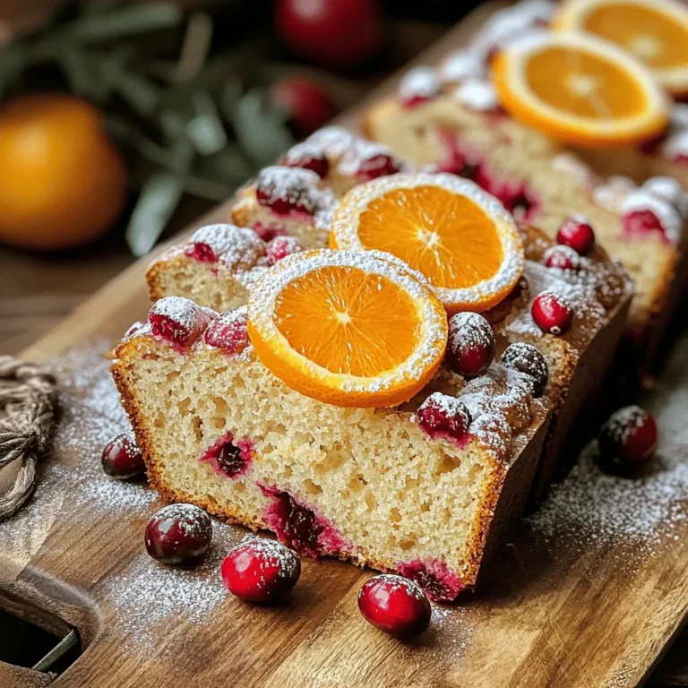 When making Cranberry Orange Bread, gather these simple ingredients. Each one adds to the wonderful flavor of the bread. - 2 cups all-purpose flour - 1 cup fresh cranberries (or frozen, thawed) - 1 large orange (zest and juice) - 3/4 cup granulated sugar - 1/2 cup unsalted butter, softened - 2 large eggs - 1/2 cup buttermilk - 1 teaspoon baking powder - 1/2 teaspoon baking soda - 1/2 teaspoon salt - 1 teaspoon ground cinnamon - 1/4 teaspoon ground nutmeg These ingredients work together to create a sweet and tangy bread. The cranberries give a burst of flavor, while the orange adds freshness. The spices warm the bread with cozy notes. When you mix them, you prepare for a delightful treat. Each bite feels special, perfect for any time of the day. 1. Preheat your oven to 350°F (175°C). Grease and flour a 9x5-inch loaf pan. 2. In a bowl, cream together 1/2 cup softened butter and 3/4 cup granulated sugar. Mix until light and fluffy. 3. Add 2 large eggs one at a time. Mix well after each egg. Stir in the zest and juice of 1 large orange. 1. In a separate bowl, combine 2 cups of all-purpose flour, 1 teaspoon baking powder, 1/2 teaspoon baking soda, 1/2 teaspoon salt, 1 teaspoon ground cinnamon, and 1/4 teaspoon ground nutmeg. Mix well to blend. 1. Gradually add the dry mixture to the wet mixture. Alternate this with 1/2 cup buttermilk. Mix until just combined. 2. Gently fold in 1 cup of fresh cranberries, making sure they are evenly spread throughout the batter. 1. Pour the batter into the prepared loaf pan. Smooth the top with a spatula. 2. Bake in the preheated oven for 55-60 minutes. Check if a toothpick inserted in the center comes out clean. 3. Once baked, remove the pan from the oven. Let it cool in the pan for 10 minutes. Then transfer it to a wire rack. Allow it to cool completely before slicing. - Use room temperature ingredients. This helps the batter mix well. - Measure your flour correctly. Too much flour can make the bread dry. - For serving, slice the bread and place it on a wooden board. Add a thin orange wheel on top. Sprinkle a bit of powdered sugar for a nice touch. - Pair this bread with hot tea or coffee. It also goes well with a sweet fruit juice. - To avoid a dense loaf, do not overmix the batter. Mix just until combined. - If the bread is undercooked, bake it a bit longer. If it's overcooked, check your oven temperature. {{image_2}} You can make this cranberry orange bread even better. Adding nuts like walnuts or pecans gives it a nice crunch. I love how they pair with the tart cranberries. You can also add chocolate chips for a sweet twist. The chocolate melts and creates a rich flavor. This makes the bread extra special. If you need gluten-free options, use a gluten-free flour blend. This keeps the texture light. You can also make it vegan. Replace the eggs with flax eggs or applesauce. Use plant-based buttermilk, like almond milk with vinegar. These swaps keep the recipe tasty for everyone. Try using different citrus fruits like lemon or lime. Each fruit brings its own unique taste. You can also mix in spices to change the flavor. For a warm touch, add ginger or cardamom. These spices create new layers of flavor and make the bread exciting. To keep your cranberry orange bread fresh, store it at room temperature. Wrap it tightly in plastic wrap or place it in an airtight container. This prevents it from drying out. If you want long-term storage, freezing is a great option. Slice the bread first, then wrap each piece in plastic wrap. Place the wrapped slices in a freezer bag. Squeeze out the air to avoid freezer burn. When stored properly, cranberry orange bread lasts about 3 to 5 days at room temperature. In the freezer, it can stay fresh for up to 3 months. Look for signs of spoilage. If the bread has mold or an off smell, it’s best to discard it. A dry or crumbly texture can also mean it’s past its prime. Enjoy your bread while it’s still tasty and fresh! Can I use dried cranberries instead? Yes, you can use dried cranberries. They add a nice chewiness. Just chop them a bit to mix better in the batter. What can I substitute for buttermilk? If you don't have buttermilk, mix regular milk with a tablespoon of vinegar or lemon juice. Let it sit for five minutes. This will create a nice tang. How can I enhance the orange flavor? To boost the orange flavor, add more zest. You can also try a bit of orange extract. This makes the bread taste even more fresh. How to adjust the sweetness level? To make the bread less sweet, reduce the sugar by a quarter cup. If you want it sweeter, add a little more sugar. Can I make mini loaves instead of one large loaf? Yes! You can use mini loaf pans. Just bake them for about 30-35 minutes. Check with a toothpick to see if they are done. What is the best way to check if it's baked properly? Insert a toothpick into the center of the loaf. If it comes out clean, the bread is ready. If it has batter on it, bake a bit longer. Are there alternatives to unsalted butter? You can use salted butter. Just reduce the added salt by half. You can also try coconut oil for a dairy-free option. Can I use orange juice from a carton? Yes, you can use store-bought orange juice. Fresh juice gives a brighter taste, but carton juice works well too. Is fresh cranberries necessary? Fresh cranberries are best for texture and flavor. However, frozen cranberries work if fresh ones are not available. Just thaw and drain them first. This recipe shows you how to bake a delicious cranberry orange bread. You learned about each ingredient, from flour to spices, and how to combine them for the best taste. I shared tips to avoid common baking mistakes and how to store your bread for later. Remember, you can also try fun variations to suit your taste. Enjoy your baking journey, and share this tasty treat with friends and family!