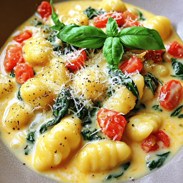 To make creamy tomato spinach gnocchi, you need the following items: - 1 bag (16 oz) gnocchi - 2 tablespoons olive oil - 3 cloves garlic, minced - 1 can (14 oz) diced tomatoes - 1 cup heavy cream - 1 cup fresh spinach, chopped - 1 teaspoon dried oregano - 1/2 teaspoon salt - 1/4 teaspoon black pepper - 1/2 cup grated Parmesan cheese - Fresh basil leaves for garnish Using fresh ingredients makes a big difference. Here are my tips: - Gnocchi: Choose a good brand. Look for soft, pillowy gnocchi for the best texture. - Olive Oil: Use extra virgin olive oil for rich flavor. It elevates the dish. - Garlic: Fresh garlic is best. It adds strong flavor. Avoid pre-minced garlic. - Tomatoes: Opt for high-quality canned tomatoes. They should be ripe and juicy. - Spinach: Fresh spinach gives a vibrant color. Avoid wilted or yellowing leaves. - Cream: Heavy cream adds richness. For lighter options, you can use half-and-half. If you need to swap ingredients, here are some great options: - Gnocchi: Use potato or cauliflower gnocchi for a different flavor and texture. - Olive Oil: Any cooking oil can work, but it may change the taste. - Cream: You can use coconut cream for a dairy-free option. - Spinach: Kale or Swiss chard is a good substitute for spinach. - Parmesan: Nutritional yeast can replace cheese for a vegan option. First, fill a large pot with water. Add salt to the water. Bring it to a boil. Once boiling, add the gnocchi. Cook the gnocchi as instructed on the package. This usually takes about 2-3 minutes. You will know they are done when they float to the top. Drain the gnocchi and set them aside. Next, grab a large skillet. Heat two tablespoons of olive oil over medium heat. Add three minced garlic cloves and sauté for one minute. The garlic should smell nice and fragrant. Pour in one can of diced tomatoes with juice. Let the mixture simmer for five minutes. After that, reduce the heat. Stir in one cup of heavy cream, one teaspoon of dried oregano, half a teaspoon of salt, and a quarter teaspoon of black pepper. Mix everything well and let it simmer for another three to four minutes. Now, add one cup of chopped fresh spinach. Cook until the spinach is wilted, which takes about two minutes. Finally, stir in the cooked gnocchi. Add half a cup of grated Parmesan cheese. Mix everything together until well combined. Make sure the gnocchi is heated through. Serve the dish warm. Garnish with fresh basil leaves for a pop of color and flavor. Enjoy your creamy tomato spinach gnocchi! To create a rich and creamy sauce, start with fresh ingredients. Use ripe tomatoes for better flavor. After adding the tomatoes, let them cook down. This helps to develop a deeper taste. Stir in the heavy cream slowly. This makes the sauce smooth and luscious. If you want a bit of tang, add a splash of lemon juice. Fresh basil at the end adds a nice twist. One common mistake is overcooking the gnocchi. Boil them only until they float. This means they are done. Another mistake is rushing the sauce. Let it simmer to build flavors. If the sauce is too thick, add a bit of pasta water. This helps thin it out without losing flavor. Last, don’t forget to season. Taste as you go to adjust the salt and pepper. You don’t need fancy gadgets for this dish. A large pot for boiling water is key. Use a sturdy skillet for your sauce. A wooden spoon helps mix everything without scratching your pan. A good knife is essential for chopping garlic and spinach. Finally, a ladle makes serving easy and neat. With these tools, you’ll make perfect creamy tomato spinach gnocchi every time. {{image_2}} You can add protein to your creamy tomato spinach gnocchi. Chicken or shrimp work great. Cook your choice in the skillet before adding garlic. Ground turkey or sausage can also add a nice flavor. Just break it up as it cooks. For a plant-based option, try chickpeas or lentils. These add protein and texture without meat. To make this dish vegetarian, just skip the meat. The recipe is already meat-free. For a vegan version, swap heavy cream for coconut milk or cashew cream. Use nutritional yeast instead of Parmesan cheese for a cheesy flavor. You can also add more veggies like mushrooms or bell peppers. They bring in extra taste and nutrition. To boost the flavor, add spices like red pepper flakes for heat. A splash of balsamic vinegar adds tanginess. Fresh herbs like thyme or rosemary can bring depth. For a richer taste, try adding sun-dried tomatoes. They mix well with the sauce. Create a unique twist by adding olives or capers. These will give a briny flavor that contrasts nicely with the cream. To store leftovers, let the dish cool first. Place the creamy tomato spinach gnocchi in an airtight container. It will keep well in the fridge for up to three days. Make sure to seal it tight to lock in freshness. If you want to keep it longer, freezing is a great option. When it's time to reheat, use a skillet for the best results. Add a splash of water or cream to help it stay creamy. Heat over medium-low heat, stirring gently. This way, you will avoid burning the sauce. You can also use the microwave, but watch it closely to prevent drying out. To freeze, use a freezer-safe container. Portion the gnocchi with sauce into smaller containers. It can last for up to three months in the freezer. When you're ready to enjoy it, thaw in the fridge overnight. Reheat as mentioned earlier. This method keeps the flavors intact and the dish delicious. Yes, you can use frozen gnocchi. It cooks well and saves time. Just follow the package instructions. Boil it in salted water until it floats. This usually takes about 2-3 minutes. Drain the gnocchi and add it to your creamy sauce. To add spice, try using red pepper flakes. Start with a pinch and adjust to taste. You can also add diced jalapeños or a dash of hot sauce. Mix it in when you add the cream. This adds heat without changing the dish too much. This dish pairs well with a simple salad. A fresh green salad with vinaigrette works great. Garlic bread is another good option. It helps soak up the creamy sauce. You can also serve it with roasted vegetables for added nutrition. To sum up, this blog post covers the ingredients, cooking steps, and helpful tips for making creamy tomato spinach gnocchi. You learned how to pick quality ingredients and make smart substitutions. I shared secrets to perfect your sauce and avoid common mistakes. Remember, you can adapt this dish with different proteins or flavors. Store leftovers correctly and reheating is easy. Now you have all you need to create a delicious meal that will impress everyone. Enjoy your cooking adventure!