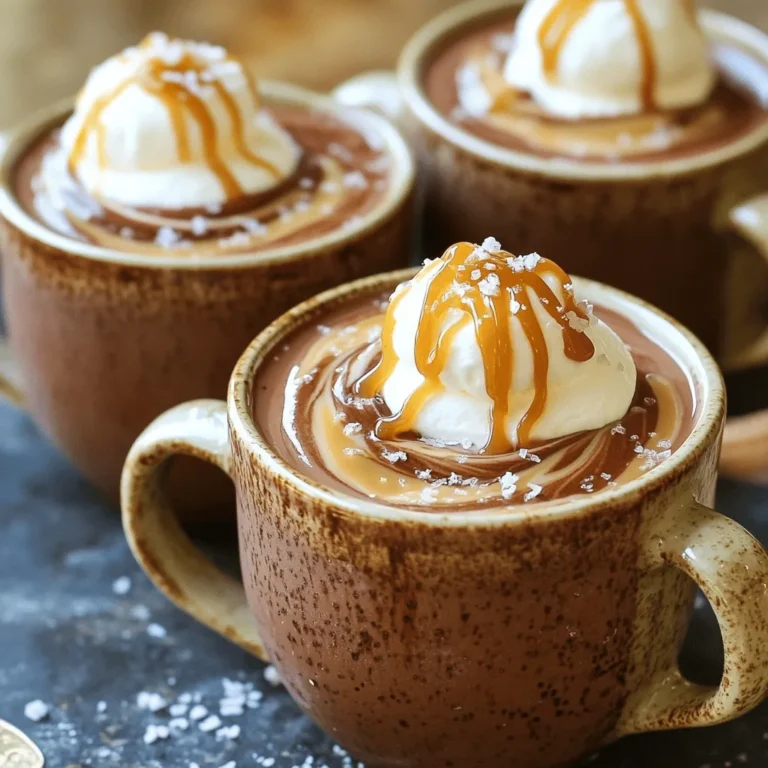 - 4 cups whole milk - 1 cup heavy cream - 1 cup semi-sweet chocolate chips - 1 cup milk chocolate chips - 1/2 cup caramel sauce (plus extra for drizzling) - 1 teaspoon vanilla extract - 1/4 teaspoon sea salt (plus more for garnish) - Whipped cream for topping To make this rich and creamy hot chocolate, you'll need some simple ingredients. Start with whole milk and heavy cream. They create a thick base. Next, grab semi-sweet and milk chocolate chips. These add the deep chocolate flavor you want. Don't forget the caramel sauce. It brings sweetness and that special touch. Vanilla extract adds warmth, while a pinch of sea salt balances the sweetness. Finally, finish with whipped cream. It makes your drink feel special. - Slow cooker - Whisk - Measuring cups and spoons - Mugs for serving Using the right tools makes cooking easy. A slow cooker is a must. It lets the flavors blend perfectly. A whisk helps mix everything smoothly. Measuring cups and spoons ensure accuracy. And don’t forget the mugs! They hold your delicious creation. Enjoy this warm drink on a cold day or when you need a treat. - Combine 4 cups of whole milk and 1 cup of heavy cream in your slow cooker. Stir well to mix. - Add 1 cup of semi-sweet chocolate chips, 1 cup of milk chocolate chips, and 1/2 cup of caramel sauce. Toss in 1 teaspoon of vanilla extract and 1/4 teaspoon of sea salt. This blend creates a rich flavor. - Cover the slow cooker and cook on low for 2-3 hours. This slow heat melts the chocolate and warms the milk. - Stir occasionally. This step helps the mixture melt evenly and blend well. - Once cooking is done, whisk the mixture. This makes it smooth and creamy. - Serve the hot chocolate in mugs. Top each cup with whipped cream. Drizzle extra caramel sauce over the whipped cream. Finish with a sprinkle of sea salt for a perfect touch. To make your hot chocolate special, choose good quality chocolate chips. They add rich taste and smooth texture. You can also adjust the caramel amount based on your sweetness preference. If you like it sweeter, add more caramel. For a less sweet drink, reduce the caramel. Stirring occasionally is key to a great hot chocolate. This helps blend the flavors and ensures even melting of the chocolate. To check for doneness, look for a hot and smooth mixture. You can use a whisk to test the texture. If it feels lumpy, give it a good stir. Make your hot chocolate look fancy by rimming the mugs with caramel sauce and sea salt. This adds flavor and a nice touch. You can also serve the hot chocolate with fun toppings, like whipped cream and extra caramel drizzle. Get creative with how you present each cup! {{image_2}} You can easily change the flavor of your salted caramel hot chocolate. A great option is to add peppermint extract. Just one teaspoon gives it a minty twist. This is perfect for the holidays or any chilly day. Another fun idea is to use white chocolate instead of semi-sweet or milk chocolate. White chocolate creates a rich and creamy drink. It offers a wonderful contrast to the salty caramel. You can blend the two chocolate types for a unique taste. If you need a dairy-free version, almond or oat milk works well. These alternatives still create a creamy texture. Just swap the whole milk and heavy cream for your choice of plant milk. For those watching their sugar intake, consider using alternative sweeteners. Options like stevia or monk fruit can replace the caramel sauce. Adjust the amount to suit your taste. As the seasons change, so can your hot chocolate. In fall and winter, try adding spices like cinnamon or nutmeg. They add warmth and depth. When summer arrives, serve an iced version. Make the hot chocolate base, cool it down, and pour it over ice. Top it with whipped cream and a drizzle of caramel for a refreshing treat. To store your salted caramel hot chocolate, let it cool first. Pour the leftover hot chocolate into an airtight container. Seal the container tightly and place it in the fridge. This keeps it fresh for later enjoyment. Use it within a few days for the best taste. When you're ready to enjoy your hot chocolate again, you have two great options. You can reheat it in the slow cooker or microwave. For the slow cooker, add your hot chocolate back in and heat on low until warm. Stir it often for even heating. If you use the microwave, heat it in short bursts. Start with 30 seconds, then stir. Repeat until it's warm enough for you. Your salted caramel hot chocolate can stay fresh in the fridge for about three to four days. After that, it may lose its great taste and creamy texture. Always check for any signs of spoilage before you sip! Yes, you can make this hot chocolate ahead of time. Prepare it in your slow cooker as usual. After cooking, let it cool and store it in the fridge. When you're ready to enjoy it, simply reheat it in the slow cooker or on the stove. Stir well before serving. This makes it easy to serve at gatherings or on busy days. Yes, you can freeze salted caramel hot chocolate. First, let it cool down completely. Then, pour it into airtight containers. Leave some space at the top for expansion. When you want to enjoy it, take it out of the freezer. Thaw it overnight in the fridge. Reheat it gently on the stove or in the microwave. Stir well before serving for the best flavor. If you want a lighter version, there are good alternatives to heavy cream. You can use half-and-half for a creamier texture. Another option is whole milk mixed with a bit of butter. This gives richness without the full cream. You can also try coconut cream for a dairy-free option. Each choice will slightly change the taste but still create a delicious hot chocolate. This blog post detailed a simple recipe for salted caramel hot chocolate. We covered ingredients, tools, and step-by-step instructions. You learned tips for flavor and presentation, plus variations for different diets and seasons. Hot chocolate can be more than just a drink; it can be an experience. The right ingredients and techniques make all the difference. Enjoy crafting your perfect cup!