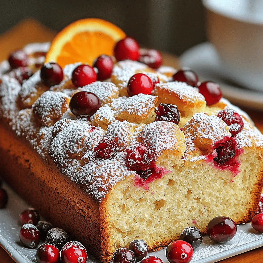 - 2 cups all-purpose flour - 1/2 cup granulated sugar - 1 tablespoon baking powder - 1/2 teaspoon salt - 1/4 teaspoon baking soda - 1/2 cup unsalted butter, melted - 1 large egg - 1 cup orange juice (freshly squeezed if possible) - Zest of 1 orange - 1 1/2 cups fresh or frozen cranberries - 1/2 cup chopped walnuts or pecans (optional) - 1 teaspoon vanilla extract Gather these ingredients first. Each plays a key role in making your bread flavorful. The all-purpose flour gives the bread its structure. Sugar adds sweetness and helps with browning. Baking powder makes the bread rise, while salt balances the flavors. Baking soda works with acidic ingredients like orange juice. Next, melted unsalted butter gives moisture and richness. The egg binds everything together. Fresh orange juice and zest provide bright, citrusy notes. Cranberries add tartness and texture. If you like, nuts offer crunch and depth. Lastly, vanilla extract enhances the overall flavor. Make sure to use fresh or frozen cranberries; frozen ones should not be thawed. This keeps them from becoming mushy in the batter. Each ingredient plays its part in making this cranberry orange bread both tasty and enjoyable. 1. Preheat your oven to 350°F (175°C). This helps the bread bake evenly. 2. Grease a 9x5-inch loaf pan or line it with parchment paper. This makes removal easy. 3. In a mixing bowl, whisk together the dry ingredients: - 2 cups all-purpose flour - 1/2 cup granulated sugar - 1 tablespoon baking powder - 1/2 teaspoon salt - 1/4 teaspoon baking soda 4. In another bowl, mix the wet ingredients: - 1/2 cup unsalted butter, melted - 1 large egg - 1 cup orange juice - Zest of 1 orange - 1 teaspoon vanilla extract Mix until smooth. 5. Pour the wet ingredients into the dry ingredients. This brings everything together. 6. Gently mix until just combined. It’s okay if there are a few lumps. Do not overmix. 7. Fold in the cranberries and nuts, if you are using them. Make sure they spread evenly. - 1 1/2 cups fresh or frozen cranberries - 1/2 cup chopped walnuts or pecans (optional) 8. Transfer the batter to your prepared pan. Spread it out evenly. 9. Bake in the preheated oven for 50-60 minutes. A toothpick should come out clean when done. 10. Once baked, let the bread cool in the pan for about 10 minutes. Then, move it to a wire rack to cool completely. Enjoy your warm Cranberry Orange Bread! To make great cranberry orange bread, you want to avoid overmixing. Overmixing can make the bread tough. Mix the wet and dry ingredients until they just come together. It’s okay if there are a few lumps. For even baking, ensure your oven is preheated to 350°F (175°C). Place the loaf pan in the center of the oven. This way, the heat can circulate evenly around the bread. You can add more zest to your bread by using different ingredients. Try adding a teaspoon of grated lemon zest for extra brightness. You can also mix in a bit of cinnamon or nutmeg for warmth. When using cranberries, fresh ones work best. If you use frozen cranberries, do not thaw them. This helps keep the batter from getting watery and ensures flavor. To make your bread look festive, dust the top with powdered sugar. This adds a sweet touch and makes it sparkle. You can also garnish your bread with fresh cranberries and a slice of orange on top. This not only looks great but adds to the flavor too. {{image_2}} If you want to make this bread healthier, try these swaps: - Sugar: Use honey or maple syrup instead of granulated sugar. They add sweetness and flavor. - Flour: Substitute half the all-purpose flour with whole wheat flour. This gives more fiber. - Nuts: Instead of walnuts or pecans, try almonds or sunflower seeds for a different crunch. - Fruits: Add blueberries or raisins for a fun twist on the classic recipe. You can easily change the taste of the bread by adding spices or other fruits: - Spices: A pinch of cinnamon or nutmeg enhances the bread's flavor. They add warmth and depth. - Citrus: Mix in some lemon or lime juice with the orange juice. This adds a zesty kick that brightens the bread. Want to adapt this recipe for special diets? Here are some ideas: - Gluten-Free: Use a gluten-free flour blend. Look for blends that include xanthan gum for the best texture. - Vegan: Replace the egg with a flaxseed egg. Mix 1 tablespoon of flaxseed meal with 2.5 tablespoons of water. Let it sit for a few minutes to thicken. Feel free to play around with these variations. Each choice adds a unique twist to your Cranberry Orange Bread! To keep your Cranberry Orange Bread fresh, wrap it well. Use plastic wrap or aluminum foil. Store it at room temperature for a few days. For longer storage, place it in an airtight container. This helps keep the bread moist and tasty. Freezing is a great option for longer shelf life. To freeze, wrap the bread tightly in plastic wrap. Then, place it in a freezer bag. Ensure you remove as much air as possible. When you're ready to enjoy it, thaw the bread in the fridge overnight. You can also leave it at room temperature for a few hours. Cranberry Orange Bread lasts about 3 to 4 days at room temperature. If stored in the fridge, it can last up to a week. Signs of spoilage include mold or an off smell. If you notice these signs, it's best to discard it. How do I make gluten-free Cranberry Orange Bread? To make gluten-free cranberry orange bread, use gluten-free flour. Look for a blend that works well for baking. You may need to adjust the liquid in the recipe slightly. Can I use dried cranberries instead of fresh? Yes, you can use dried cranberries. They will add sweetness, but fresh cranberries give a nice tartness. If using dried, cut back on the sugar a bit. What can I serve with Cranberry Orange Bread? Cranberry orange bread pairs well with cream cheese or butter. You can also serve it with a hot cup of tea or coffee. How do I know when the bread is done baking? Check the bread by inserting a toothpick in the center. If it comes out clean, the bread is done. The top should be golden brown. Best methods for measuring ingredients Use dry measuring cups for solids like flour and sugar. Fill the cup, then level it off with a knife. For liquids, use a liquid measuring cup for best accuracy. Importance of using fresh ingredients Fresh ingredients make a big difference in flavor. Fresh cranberries and orange juice enhance the taste. It keeps your bread light and flavorful. Can I add chocolate chips to the recipe? Yes, chocolate chips are a fun addition! They add sweetness and richness. Fold them in with the cranberries for a tasty twist. What’s the best way to reheat leftovers? To reheat, slice the bread and warm it in the toaster or oven. This keeps the bread soft and tasty. Enjoy it warm with a spread! In this blog post, we explored the ingredients, steps, and tips for making Cranberry Orange Bread. We discussed key elements like ingredient swaps and storage advice. Experimenting with flavors and variations can elevate your loaf. Remember to check for doneness and store it well to enjoy later. Use fresh ingredients for the best taste. Now, with these insights, you can bake your perfect bread with ease. Enjoy the process and share it with others!