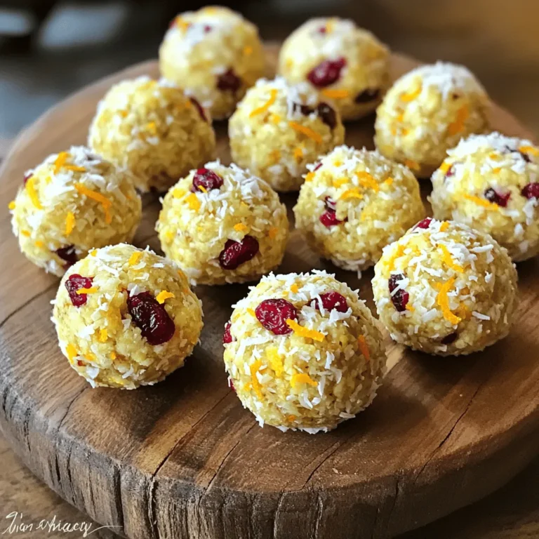 To make these tasty bites, gather these must-have items: - 1 cup rolled oats - 1/2 cup almond butter - 1/3 cup honey or maple syrup - 1/2 cup dried cranberries, chopped - Zest from 1 orange - 1/4 cup orange juice - 1/4 cup chia seeds - 1/4 teaspoon cinnamon - Pinch of salt These ingredients work together to give you energy and flavor. The oats provide a good base. Almond butter adds creaminess. Honey or maple syrup sweetens your bites. Dried cranberries give a chewy texture. The orange zest and juice add brightness. Chia seeds boost nutrition, while cinnamon and salt enhance the taste. Feel free to add these items to make your bites special: - Shredded coconut for coating Shredded coconut adds a fun texture and flavor. You can experiment with other toppings, too, like nuts or seeds. These options let you create your own unique energy bites. Each ingredient has its own health perks: - Rolled oats: Great for energy and fiber. - Almond butter: Packed with healthy fats and protein. - Honey or maple syrup: Natural sweeteners that provide quick energy. - Dried cranberries: High in antioxidants and vitamins. - Orange zest and juice: Full of vitamin C for immune support. - Chia seeds: Rich in omega-3s and fiber for digestion. - Cinnamon: May help regulate blood sugar levels. - Salt: Balances flavors and supports hydration. These ingredients not only taste good but also give your body what it needs. Enjoy making these bites to fuel your day! First, gather all your ingredients. You will need rolled oats, almond butter, honey or maple syrup, dried cranberries, orange zest, orange juice, chia seeds, cinnamon, and a pinch of salt. This recipe is quick and easy, taking just about 10 minutes to prep. 1. In a large mixing bowl, add 1 cup rolled oats, 1/2 cup almond butter, and 1/3 cup honey or maple syrup. Mix them well until smooth. 2. Next, add 1/2 cup chopped dried cranberries, the zest from 1 orange, 1/4 cup orange juice, 1/4 cup chia seeds, 1/4 teaspoon cinnamon, and a pinch of salt. Stir everything together until well combined. 3. Once mixed, cover the bowl with plastic wrap and place it in the fridge for about 30 minutes. This step helps the mixture firm up. 4. After chilling, take the mixture out of the fridge. Use a tablespoon to scoop portions and roll them into balls. 5. If you like, roll the energy bites in shredded coconut. This adds a nice texture and flavor. 6. Finally, lay the bites on a parchment-lined baking sheet and put them back in the fridge for another 15-20 minutes. This helps them set. To get the right texture, make sure to mix well. If the mixture feels too dry, add a bit more orange juice. If it's too wet, add more oats. Chilling the mixture is key. It makes rolling easier. If you find it hard to roll, chill longer. This ensures your energy bites hold their shape and taste great! Store your cranberry orange energy bites in an airtight container. This keeps them fresh. Place them in the fridge if you want them to last longer. You can also freeze them for up to three months. Just put them in a freezer bag. Be sure to label the bag. Don’t skip the chilling step. Chilling helps the mixture firm up, making it easier to roll. Avoid using too much liquid, as this can make the bites sticky. If they are too wet, they will fall apart. Lastly, don’t forget to mix well. This ensures every bite has the right flavor. Add more zest! A bit of extra orange zest brightens the flavor. You can also mix in spices like nutmeg or ginger for warmth. For a crunch, consider adding chopped nuts or seeds. If you love coconut, roll the bites in shredded coconut. This adds a fun texture and extra flavor. {{image_2}} You can change some ingredients in this recipe. If you don't have almond butter, try peanut butter or sunflower seed butter. For a vegan option, use maple syrup instead of honey. If you need gluten-free bites, ensure your oats are certified gluten-free. Boost the nutrition of your energy bites. Add protein powder for extra protein. You can also mix in flaxseeds or hemp seeds for healthy fats. Dried fruits like raisins or apricots add more flavor and nutrients, too. Switch up the flavors to keep things fresh. Use lemon juice and zest instead of orange for a zesty twist. You can also add spices like ginger or nutmeg for a warm taste. Try adding cocoa powder for a chocolatey treat. Each swap creates a new energy bite you will love! To keep your cranberry orange energy bites fresh, store them in an airtight container. This prevents moisture from spoiling them. You can place parchment paper between layers if stacking. Keep them in the fridge for best results. They can stay tasty and nutritious for days. Cranberry orange energy bites last about a week in the fridge. If you want them to last longer, freezing works well. Place the bites in a single layer on a baking sheet first. Once frozen, transfer them to a freezer-safe bag. They can stay frozen for up to three months. Just thaw them overnight in the fridge before enjoying. Portioning is key for easy snacking. I like to scoop out tablespoon-sized bites for quick grabs. This makes it simple to pack them for lunch or to take on the go. You can also roll a few bites in shredded coconut for a fun twist. This adds flavor and makes them look pretty, too! Cranberry orange energy bites are great for quick snacks. They give you energy and taste good. These bites are perfect before a workout or during a busy day. They are also healthy. Each bite has fiber, protein, and vitamins. This mix keeps you full and focused. You can store energy bites in the fridge for about one week. Just keep them in an airtight container. This helps them stay fresh and tasty. If you want to keep them longer, you can freeze them. They will last for up to three months in the freezer. Yes, you can use other nut butters! Peanut butter, cashew butter, or sunflower seed butter work well too. Each will change the flavor a bit, so choose what you like best. Just make sure the nut butter is smooth for easy mixing. Cranberry orange energy bites are easy to make and tasty. You learned about basic and optional ingredients, plus their health benefits. I shared step-by-step instructions, storage tips, and common mistakes to avoid. You can customize your bites and explore different flavors. In the end, these snacks are great for energy and nutrition. Enjoy making your own and feel good about what you're eating!