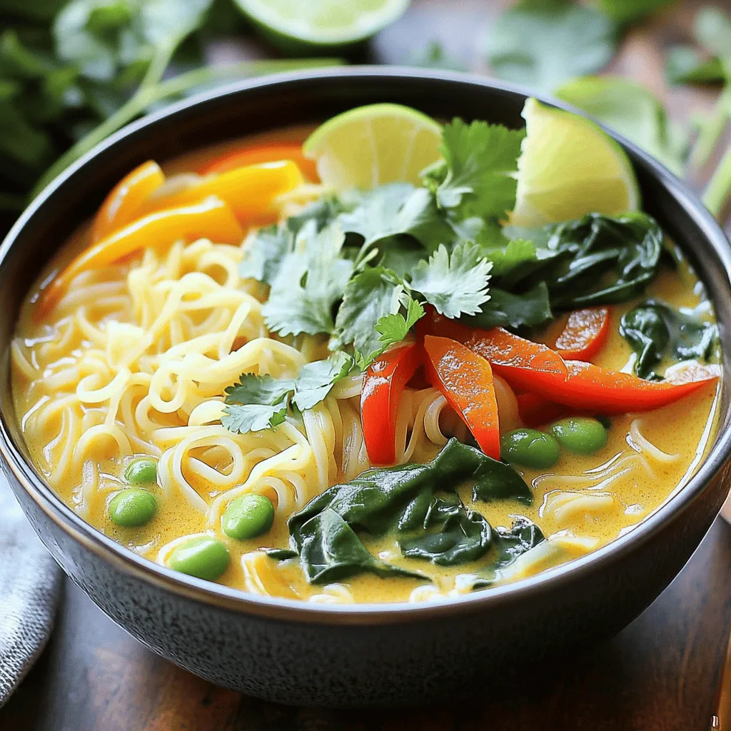 - 2 tablespoons coconut oil - 1 onion, finely chopped - 3 cloves garlic, minced - 1 tablespoon fresh ginger, grated - 2 tablespoons red curry paste - 1 can (14 oz) coconut milk The base of this soup is rich and creamy. Coconut oil adds a light tropical flavor. The onion, garlic, and ginger give a strong aroma that warms your kitchen. Red curry paste brings heat and depth. Coconut milk makes the soup velvety and sweet. - 1 cup bell peppers, thinly sliced (assorted colors) - 1 cup snap peas - 1 cup baby spinach - Fresh cilantro, for garnish - Lime wedges, for serving Fresh veggies add color and crunch. Bell peppers and snap peas keep their crispness, while baby spinach wilts perfectly. Garnishing with cilantro adds freshness. A squeeze of lime brightens the flavors. - 4 cups vegetable broth - 2 tablespoons soy sauce (or tamari for gluten-free) - 1 tablespoon brown sugar Pantry staples round out the dish. Vegetable broth gives a savory base. Soy sauce adds umami, while brown sugar balances the spice. These ingredients make the soup satisfying and full of flavor. 1. Sautéing the onion, garlic, and ginger Start by heating 2 tablespoons of coconut oil in a large pot over medium heat. Add 1 finely chopped onion. Sauté for about 3-4 minutes until it turns soft and clear. Next, add 3 minced garlic cloves and 1 tablespoon of grated ginger. Cook for another minute until you smell the sweet aroma. 2. Adding curry paste and liquid ingredients Now, stir in 2 tablespoons of red curry paste. Cook this mixture for 1-2 minutes until it blends well. This step makes your kitchen smell amazing! Then, pour in 1 can of coconut milk and 4 cups of vegetable broth. Stir well to mix everything together. Bring this soup to a gentle simmer. 1. Incorporating bell peppers and snap peas Once your soup simmers, add 1 cup of thinly sliced bell peppers and 1 cup of snap peas. Cook for about 5 minutes. You want these veggies to be tender but still crisp. Keep an eye on them! 2. Wilting the baby spinach Finally, add 1 cup of baby spinach into the pot. Stir until the spinach wilts, which should take about 1-2 minutes. This adds color and nutrition to your soup. 1. Cooking rice noodles In a separate pot, cook 8 ounces of rice noodles according to the package directions. Once they are ready, drain them and set aside. 2. Garnishing and serving suggestions To serve, divide the cooked rice noodles among bowls. Ladle the hot coconut curry soup over the noodles. Top each bowl with fresh cilantro and serve with lime wedges on the side. If you like spice, drizzle some Sriracha on top. Enjoy! To make your soup shine, start with the spice levels. If you like it hot, add more red curry paste. For a milder taste, use less. Remember, you can always add more later, but it’s hard to take it out. Balancing sweetness with lime juice is key. The lime juice cuts through the richness of the coconut milk. Start with one tablespoon, and taste. If it needs more zing, squeeze in a little more. This balance makes the flavors dance. Cooking rice noodles can be tricky. Always follow the package instructions for the best results. Make sure to rinse the noodles with cold water after cooking. This stops them from cooking further and keeps them firm. To avoid soggy noodles, don't add them to the soup too early. Mix them in right before serving. This keeps them from soaking up all the liquid and becoming mushy. Serving options can add flair. Use wide bowls to show off the colorful soup. Pour the broth over the noodles for a beautiful look. Garnish with fresh cilantro for a pop of green. Lime wedges add a splash of color and flavor. You can also sprinkle sliced bell peppers on top for extra texture. These simple touches make your dish look and taste amazing. {{image_2}} You can change up the protein in your Thai coconut curry noodle soup. Tofu is a great choice. It soaks up flavors well. Use firm or extra-firm tofu for best results. Just cut it into cubes and pan-fry it until golden. Add it to your soup for a tasty boost. If you like seafood, shrimp works wonders. Cook the shrimp right in the soup for a few minutes. They’ll turn pink and be ready to eat. Chicken is another option. Cook bite-sized pieces until they’re fully done, then add them to the mix. For a vegan dish, swap the broth for a vegetable version. Use coconut aminos instead of soy sauce for a gluten-free option. You can also add a splash of tamari if you want that umami flavor without gluten. If you want to add more veggies, try mushrooms or zucchini. They add texture and flavor. Always check your broth and sauces. Some might have gluten or animal products, so read labels carefully. Want to make your soup even better? Try adding more vegetables! Carrots, bok choy, or broccoli can add crunch and color. They also give more nutrition to your dish. You can also switch up the curry paste. Try green or yellow curry paste for a different taste. Each type brings its own unique flavor, so feel free to experiment! You can store your Thai coconut curry noodle soup in the fridge for up to four days. Make sure to use an airtight container. This helps keep the flavors fresh and prevents spills. To freeze the soup, let it cool completely. Pour it into freezer-safe bags or containers. Squeeze out as much air as you can before sealing. When you want to eat it, thaw it in the fridge overnight. To reheat, warm it on the stove over low heat. Add a splash of broth or water if it seems too thick. For leftover fresh vegetables, wrap them in a damp paper towel and place them in a plastic bag. This keeps them fresh for a few days. As for uncooked rice noodles, store them in a cool, dry place. A sealed bag works best to keep them from getting stale. You can use several options instead of red curry paste. Some good choices include: - Yellow curry paste - Green curry paste - Thai chili paste If you want to make your own, combine these ingredients: - 1 tablespoon chili powder - 1 teaspoon garlic powder - 1 teaspoon ginger powder - 1 teaspoon cumin Mix these spices with a bit of coconut milk to get the right texture. Yes, you can prep this recipe ahead of time. Here are some tips: - Chop the veggies and store them in the fridge. - Cook the soup base without the noodles. - Keep the noodles separate until you serve. When you are ready to eat, reheat the soup on the stove. Add the noodles and veggies when the soup is hot. This soup has many healthy ingredients. Here’s a quick look at its nutrition: - Coconut milk adds healthy fats. - Vegetables like bell peppers and spinach provide vitamins. - Rice noodles offer carbohydrates for energy. Eating this soup gives you a tasty way to enjoy nutrients. This blog post covered how to make Thai Coconut Curry Noodle Soup. You learned about key ingredients like coconut oil, fresh vegetables, and pantry staples that build flavor. The step-by-step instructions help you get the perfect taste and texture. Remember to adjust spices and try variations to suit your palate. In the end, this soup offers warmth and comfort while being healthy. Enjoy making it your own with different proteins or vegetables. Happy cooking!