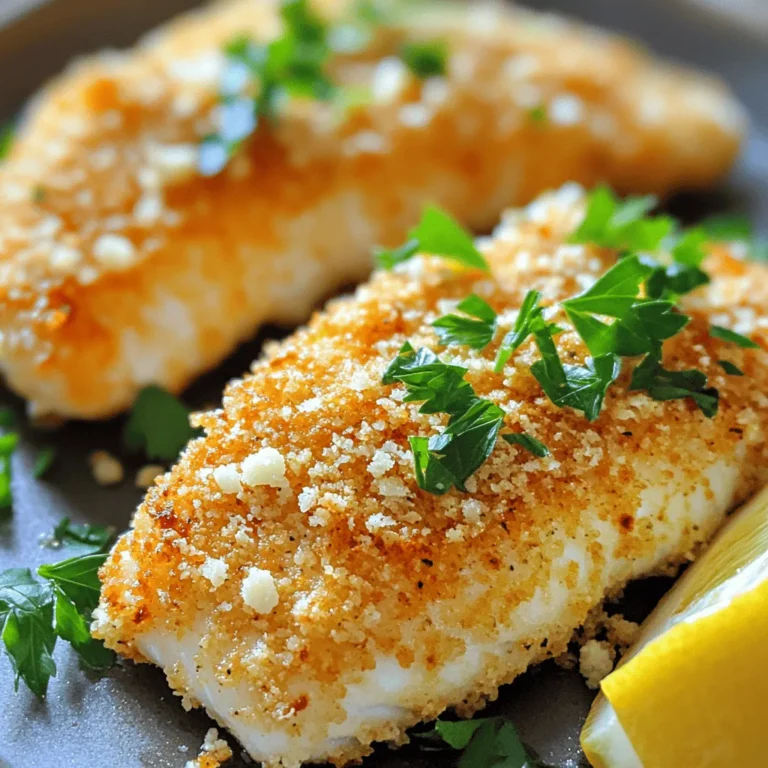 - 4 tilapia fillets - 1 cup grated Parmesan cheese - 1 cup panko breadcrumbs - 2 tablespoons fresh parsley, chopped - 1 teaspoon garlic powder - 1 teaspoon onion powder - 1 teaspoon paprika - ½ teaspoon black pepper - ½ teaspoon salt - 2 tablespoons olive oil - 1 tablespoon lemon juice The first step to making baked Parmesan crusted tilapia is gathering your ingredients. Fresh tilapia is the star of this dish. It’s mild and flaky, perfect for a light meal. I use grated Parmesan cheese for a salty kick and panko breadcrumbs for that ideal crunch. Chopping fresh parsley adds a pop of color and brightness. Garlic powder and onion powder give a savory depth to the flavor. Paprika adds warmth and a touch of color. The black pepper and salt are essential for balancing the dish. Olive oil and lemon juice not only add rich flavor but also help the crust stick to the fish. - Calories per serving: Approximately 300 calories - Protein content: About 25 grams - Dietary considerations: Low in carbs, high in protein This meal is not only delicious but also nutritious. Each serving packs around 300 calories, making it a great choice for a healthy meal. With about 25 grams of protein, it supports muscle health. This dish is low in carbs, making it suitable for various diets. Choosing fresh, sustainable fish supports healthy eating. With simple ingredients, you can create a meal that tastes gourmet and feels good to eat. - Preheat your oven to 400°F (200°C). - Prepare the baking sheet with parchment paper. This helps with easy cleanup. - In a bowl, combine 1 cup of grated Parmesan cheese, 1 cup of panko breadcrumbs, 2 tablespoons of chopped parsley, 1 teaspoon of garlic powder, 1 teaspoon of onion powder, 1 teaspoon of paprika, ½ teaspoon of black pepper, and ½ teaspoon of salt. Mix well. - In another bowl, whisk together 2 tablespoons of olive oil and 1 tablespoon of lemon juice. This will add flavor and moisture to the fish. - Dip each tilapia fillet into the olive oil and lemon mixture. Make sure to coat both sides evenly. - Then, press the fillet into the breadcrumb mixture. Ensure both sides get a nice coat. - Place the coated fillets on the prepared baking sheet. Space them out for even cooking. - Bake your tilapia in the preheated oven for 15-20 minutes. - Check for doneness. The fish should flake easily with a fork and have a golden crust. This means it is ready to serve! To get that crunchy crust on your tilapia, use panko breadcrumbs. They create a light, airy texture. You can also mix regular breadcrumbs with panko for added depth. Press the breadcrumbs onto the fish firmly. This helps them stick better while baking. Bake the fish at 400°F for 15 to 20 minutes. Check for a golden color on the crust. The fish should flake easily when done. For best results, do not crowd the baking sheet. Give each fillet space to crisp up. You can jazz up the flavor of your tilapia with more spices. Try adding a pinch of cayenne pepper for heat or Italian seasoning for a twist. Fresh herbs, like basil or dill, also add a nice touch. After baking, garnish with fresh parsley. It adds color and a burst of flavor. A squeeze of lemon juice enhances the taste even more. Pair your tilapia with sides that complement its flavor. Steamed vegetables, like broccoli or carrots, work well. A fresh salad with a light vinaigrette is also a great match. For dips, consider a tangy tartar sauce or a zesty aioli. These sauces add creaminess and balance the crunchy crust of the fish. Enjoy your meal! {{image_2}} You can use many types of fish for this recipe. Catfish, cod, and haddock all work well. Each fish has a unique taste and texture. Adjust cooking time based on the fish thickness. Thicker pieces need more time, while thinner ones cook faster. Keep an eye on them to avoid overcooking. To make this dish gluten-free, swap panko breadcrumbs with gluten-free varieties. Almond flour or crushed cornflakes are great substitutes too. For binding, you can use ground flaxseed mixed with water. This mix helps the crust stick to the fish. You can also try using cornmeal for a crunchy texture. Experiment with spices to make this dish your own. Try adding cayenne for heat or dill for a fresh taste. Lemon zest brightens up the flavor. You can also use lime juice for a tangy twist. Feel free to mix and match spices to find your perfect blend. To keep your baked Parmesan crusted tilapia fresh, place it in the fridge. Use an airtight container to prevent moisture loss. Let the fish cool to room temperature before sealing it. This helps maintain its flavor and texture. When reheating, the oven is your best friend. Preheat it to 350°F (175°C). Place the fish on a baking sheet. Bake for about 10 minutes, or until hot. This keeps the crust crispy. You can use a microwave, but it may make the fish soggy. If you use the microwave, heat in short bursts of 30 seconds. You can freeze tilapia before or after baking. If freezing raw, wrap each fillet tightly in plastic wrap. Then, place them in a freezer bag. For baked tilapia, let it cool, then wrap it up. When ready to cook, thaw the fish overnight in the fridge. Bake it straight from the fridge or at a lower temperature for even cooking. Bake tilapia at 400°F for 15 to 20 minutes. The fish will be done when it flakes easily with a fork. This method ensures a crispy crust and tender fish. Timing may vary based on the thickness of the fillets. Always check the fish to avoid overcooking. Yes, you can use frozen tilapia fillets. Thaw them in the fridge overnight or run them under cold water. Pat them dry before coating. This step helps the crust stick better. Baking time may be slightly longer if they are not fully thawed. You can use other cheeses like Pecorino Romano or nutritional yeast for a dairy-free option. Both will give you a nice flavor. If you want a milder taste, try using mozzarella. Just remember, each cheese will change the dish's taste slightly. Check if the fish flakes easily with a fork. The internal temperature should reach 145°F. If the fish is opaque and firm, it's likely done. Overcooked tilapia can become dry, so watch it closely as it bakes. You can prepare the tilapia ahead. Coat the fillets, then cover and store them in the fridge for up to 24 hours. When ready, just bake them as directed. This makes for an easy meal when you are short on time. This blog post covered a simple and tasty way to prepare tilapia. I shared key ingredients, from tilapia fillets to Parmesan cheese and seasonings. You learned step-by-step instructions for mixing, coating, and baking the fish. I provided tips for achieving a perfect crust and serving ideas to enhance your meal. Now, enjoy experimenting with variations and store any leftovers properly. Cooking tilapia can be quick and fun. Trust me, you will love the results!