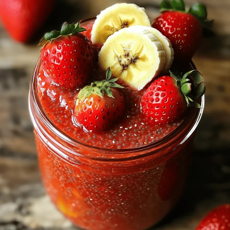 To make this tasty Strawberry Banana Chia Jam, you need just a few fresh items: - 2 cups fresh strawberries, hulled and chopped - 1 ripe banana, mashed - 1/4 cup honey or maple syrup - 2 tablespoons chia seeds - 1 tablespoon lemon juice - 1/2 teaspoon vanilla extract - Pinch of salt These ingredients come together to create a sweet, fruity jam. Fresh strawberries give a vibrant flavor. The ripe banana adds a creamy texture. Honey or maple syrup sweetens the jam nicely. Chia seeds help thicken it and add fiber. Lemon juice adds a bright kick. The vanilla rounds out the taste with warmth. You can easily find these ingredients at your local market. Choosing ripe fruits makes a big difference in taste. Look for strawberries that are bright red, firm, and fragrant. The banana should have a few brown spots for the best sweetness. Together, these ingredients create a delightful jam that works well on toast, pancakes, or yogurt. Plus, it's quick to make! You just need about ten minutes of prep time. The jam will be ready in about 30 minutes. Enjoy this jam knowing it is both flavorful and nutritious! First, gather your fresh strawberries and ripe banana. Hull and chop the strawberries into small pieces. Then, mash the banana in a bowl until smooth. In a medium saucepan over medium heat, combine the chopped strawberries and mashed banana. Cook them for about 5 minutes. Stir occasionally. You want the strawberries to release their juicy goodness and soften. After cooking, take the saucepan off the heat. Now, stir in 1/4 cup of honey or maple syrup, depending on your choice. Add 1 tablespoon of lemon juice and 1/2 teaspoon of vanilla extract. This will bring a lovely brightness and flavor to the jam. Mix everything well so that it blends perfectly. Next, add 2 tablespoons of chia seeds to the mixture. Stir them in until they are evenly distributed. This step is important because chia seeds help thicken the jam. Make sure you mix well to prevent clumps. Let the jam sit for about 10-15 minutes. During this time, the chia seeds will absorb the liquid and thicken the jam. Stir occasionally to help with the process. You will know it’s thick enough when it coats the back of a spoon. Once it reaches your desired thickness, transfer it to a clean jar or container. Allow it to cool completely before sealing. To adjust the thickness of your jam, add more chia seeds. Start with one extra tablespoon if it seems too runny. If it’s too thick, mix in a splash of water or lemon juice. Stir well and let it sit for a few more minutes. Keep in mind that the jam will thicken as it cools. You can enhance the flavor with simple additions. For a warm touch, add a pinch of cinnamon. If you like citrus, try adding some orange zest. You can also use almond extract instead of vanilla for a nutty twist. Experiment with different spices to find your favorite. For a beautiful presentation, use a clear jar. Fill it with the jam and top it with whole strawberries or banana slices. You can also tie a ribbon around the jar for a nice touch. Serve with a small spoon for easy scooping. This makes a great gift or a tasty addition to your breakfast table. {{image_2}} You can switch up the sweetener in this jam. If you want less sugar, try maple syrup. It gives a nice, rich flavor. You can also use agave syrup for a light taste. Coconut sugar works too, adding a caramel-like touch. Each sweetener changes the jam's flavor slightly, so pick your favorite! Want to spice things up? Add a pinch of cinnamon for warmth. Nutmeg gives a cozy taste too. You can also add lemon or orange zest. This brightens the jam and adds freshness. Just a little zest can make a big difference! Don’t stop at strawberries and bananas. Try adding peaches for a summer twist. Blueberries bring a burst of flavor and color. Raspberries add a tart kick, balancing the sweetness. You can even mix in some apples for texture. The options are endless, so have fun exploring! Your Strawberry Banana Chia Jam stays fresh in the fridge for up to one week. Store it in an airtight container to keep it tasting great. Always check for any signs of spoilage before using. If it looks or smells off, don’t eat it! You can freeze this jam for up to three months. To freeze, pour it into a freezer-safe container, leaving some space at the top. This space allows for expansion as it freezes. When you’re ready to enjoy it, thaw the jam in the fridge overnight. Stir well before serving to mix any separated liquid. Use glass jars or plastic containers that seal tightly. Glass jars work well for storage and are eco-friendly. Choose containers that fit your needs. Make sure they are clean and dry before adding your jam. This ensures the jam stays fresh longer. Yes, you can use frozen strawberries. Thaw them before cooking. This helps the fruit break down. Also, you might need a bit more cooking time. Check the texture as you go. Frozen strawberries can be just as tasty! To help your jam set, let it sit longer. Chia seeds absorb liquid. If it seems too runny, add more chia seeds. Start with one teaspoon at a time. Stir well and wait for another 10 minutes. The jam should thicken nicely! This jam is not the best for canning. It does not have enough sugar. Canning needs high sugar and acidity levels. If you want to can it, consider adding more lemon juice or sugar. Always follow safe canning practices. This guide covers all you need for making strawberry banana chia jam. We explored fresh ingredients, step-by-step instructions, and helpful tips. You can enhance flavors or try different fruits. Remember to store your jam carefully in the fridge or freeze for later use. This simple recipe can spark joy in your kitchen. Enjoy your tasty creation and share it with friends!