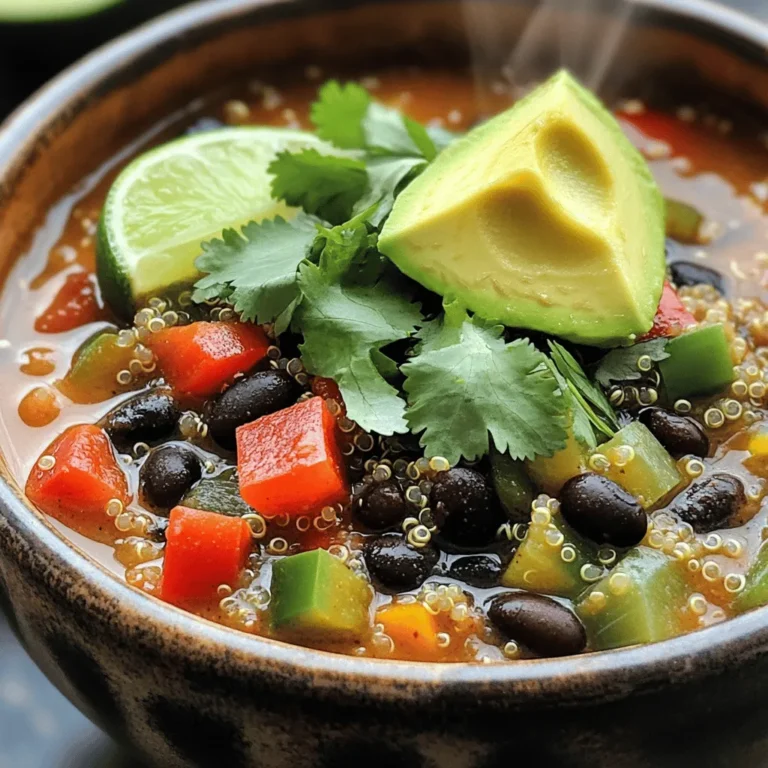 - 1 cup quinoa, rinsed - 2 cans (15 oz) black beans, drained and rinsed - 1 can (28 oz) diced tomatoes, with juices - 1 red bell pepper, chopped - 1 green bell pepper, chopped The heart of this chili lies in its core ingredients. Quinoa adds a nice texture and protein. Black beans bring a rich, creamy flavor. Diced tomatoes give it moisture and a slight acidity. The bell peppers add sweetness and color. - 1 small onion, chopped - 3 cloves garlic, minced - 2 cups vegetable broth - 1 tablespoon chili powder - 1 teaspoon cumin - 1 teaspoon paprika - 1/2 teaspoon cayenne pepper (adjust to taste) - Salt and pepper to taste Onion and garlic are key to building flavor. They create a warm base for the chili. The spices, like chili powder and cumin, offer the dish its boldness. A touch of cayenne can spice things up. Remember to adjust salt and pepper to your taste. - Avocado - Fresh cilantro - Lime wedges - Shredded cheese Toppings can elevate your chili. Creamy avocado adds richness. Fresh cilantro gives a bright note. A squeeze of lime adds freshness. Shredded cheese can add a nice melty texture. These toppings make each bite even better. First, rinse the quinoa under cold water. This helps remove its bitter coating. Next, drain the black beans well. You want them ready to mix. Now, chop the red and green bell peppers. Also, chop the onion. Finally, mince the garlic cloves. These steps set you up for great flavor. Grab a skillet and heat the olive oil over medium heat. Once hot, add the chopped onion and garlic. Sauté them for about 3 to 4 minutes. You want the onion to turn soft and fragrant. This step adds depth to your chili. In your slow cooker, add the rinsed quinoa, black beans, and diced tomatoes. Toss in the chopped bell peppers and corn. Then, pour in the sautéed onion and garlic mix. This builds layers of flavor. Stir everything well to combine all the ingredients. Cover the slow cooker and set it to cook. You can choose high for 3 to 4 hours or low for 6 to 8 hours. The quinoa should be tender when done. Always taste your chili before serving. Adjust the seasoning if needed. This ensures every bite is perfect. To make your chili burst with flavor, you can adjust the spices. Start with the chili powder. If you want more heat, add a little cayenne pepper. If you prefer a milder taste, reduce it. You can also add smoked paprika for a smoky flavor. Consider adding fresh herbs like cilantro or parsley right before serving. They bring a fresh taste and color to the dish. A squeeze of lime juice adds brightness too! To get the best texture for quinoa, rinse it well before cooking. This removes the bitter coating called saponin. It helps the quinoa taste clean and fresh. Avoid mushy vegetables by adding them in layers. Put heartier veggies, like bell peppers, at the bottom of the slow cooker. Softer ones can go on top. This way, they cook just right without losing their texture. This chili pairs well with cornbread or tortilla chips. The crunch of the chips contrasts nicely with the chili's smoothness. For garnishes, try diced avocado and fresh cilantro. They add creaminess and a pop of flavor. A wedge of lime on the side gives a zesty kick when squeezed over each bowl. These simple additions make your dish shine! {{image_2}} You can easily change up the protein in your chili. First, try adding other beans. Great choices include kidney beans or pinto beans. These will add different flavors and textures. You can also mix in lentils. They cook well and bring a nice creaminess. If you prefer a meat option, tofu works great too. It absorbs flavors and adds protein without meat. If you need a gluten-free dish, this recipe is already safe. Just make sure your vegetable broth is gluten-free. For vegan adaptations, all the ingredients are plant-based. Feel free to use vegan cheese or skip the cheese altogether. Your chili will still taste amazing without it. Don’t hesitate to change up the vegetables. You can use zucchini, carrots, or even sweet potatoes. These will add color and nutrients. If you want a different taste, switch spices. Try adding oregano or coriander for a unique twist. Each swap gives your chili a new personality. Experiment with what you have at home! You can store your leftover chili in the fridge. It stays fresh for about 4-5 days. Use airtight containers to keep it safe and tasty. Make sure to let it cool before sealing. This helps prevent condensation and keeps it from getting soggy. If you want to save your chili for later, freezing is a great option. Pour it into freezer-safe bags or containers. Leave some space at the top. This allows the chili to expand as it freezes. When you’re ready to eat, thaw it in the fridge overnight. You can also use the microwave for quick thawing. Reheating is easy. Just warm it on the stove or in the microwave. If it’s too thick, add a splash of broth or water. This helps it regain a nice texture. You can serve it straight from frozen too! Just add a bit more cooking time. Garnish with fresh toppings for a yummy meal. You can make this chili spicier by adding cayenne pepper or hot sauce. Start with half a teaspoon of cayenne. Stir it in and taste. If you want more heat, add more. For hot sauce, drizzle it on top before serving. This way, you control the spice level just right for your taste buds. Yes, you can cook this chili overnight. Set your slow cooker on low for up to 8 hours. Make sure to use a timer or a slow cooker with an automatic shut-off feature. This keeps the chili safe and delicious. Just check if all ingredients are fresh, and your chili will turn out great. Chili pairs well with many sides. Try serving it with cornbread for a classic touch. You can also serve it with rice or tortilla chips. For drinks, a cold beer or a refreshing soda works well. Don’t forget to add toppings like avocado, lime wedges, or fresh cilantro for extra flavor. This article covered a great slow cooker chili recipe, starting with core ingredients like quinoa and black beans. We explored how to enhance flavors with spices and optional toppings, plus tips for cooking and serving. Remember, you can mix things up with different proteins and veggies. Store any leftovers in the fridge or freeze them for later. Try this simple recipe today. It's delicious, healthy, and great for any meal. You’ll love how easy it is to prepare!