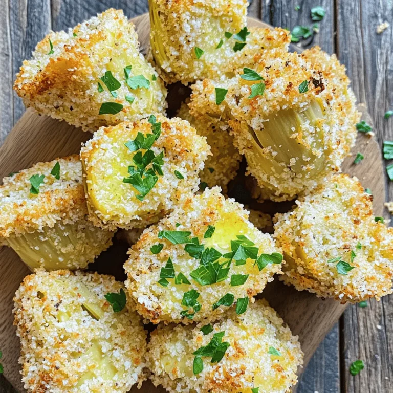 To make Air Fryer Crispy Garlic Parmesan Artichoke Hearts, you need: - 1 can (14 oz) artichoke hearts, drained and rinsed - 1/2 cup grated Parmesan cheese - 1/2 cup breadcrumbs (Panko recommended for extra crunch) - 3 cloves garlic, minced - 2 tablespoons olive oil - 1 teaspoon Italian seasoning - Salt and pepper to taste - Fresh parsley, chopped for garnish When choosing artichoke hearts, look for these key signs: - Choose canned artichoke hearts packed in water or oil. - Avoid any cans with dents or bulges. - Check the expiration date to ensure freshness. Using fresh artichoke hearts can add a nice touch. If you can find them, pick ones that are firm and have bright green leaves. If you buy fresh artichokes, steam or roast them first for the best flavor. If you cannot find certain ingredients, here are some great swaps: - Use grated Pecorino cheese instead of Parmesan for a sharper taste. - Swap Panko breadcrumbs with regular breadcrumbs if needed. - Use minced shallots instead of garlic for a milder flavor. - Replace olive oil with avocado oil for a different twist. These substitutes can help you adapt the recipe to what you have at home. First, set up your air fryer. Preheat it to 375°F (190°C) for about 5 minutes. This helps your artichoke hearts cook evenly and get that perfect crisp. Next, grab a bowl. Combine 1/2 cup of grated Parmesan cheese, 1/2 cup of breadcrumbs (Panko works best for crunch), 3 cloves of minced garlic, and 1 teaspoon of Italian seasoning. Season with salt and pepper. Mix everything well until it looks like a tasty blend. Now, take another bowl. Toss 1 can of drained and rinsed artichoke hearts with 2 tablespoons of olive oil. Make sure each heart gets coated. Then, dip each heart into your breadcrumb mixture. Ensure every piece is fully covered. Place them in a single layer in the air fryer basket. Time to cook! Air fry the artichoke hearts for 10-12 minutes. Shake the basket halfway through to help them cook evenly. Once they turn golden brown and crispy, they are ready! Let them cool for a minute. Garnish with fresh chopped parsley before serving. Enjoy this tasty treat! To get the best crunch, use Panko breadcrumbs. They are lighter and crispier than regular ones. Make sure the air fryer is preheated to 375°F. This helps the artichokes fry evenly. Also, shake the basket halfway through cooking. This action ensures all sides get nice and crispy. For extra taste, add spices to the breadcrumb mix. A pinch of cayenne pepper gives a nice kick. You can also use lemon zest for a fresh flavor. Fresh herbs like thyme or oregano can boost the dish too. Don't skip the garlic; it brings a rich, savory taste. One mistake is overcrowding the air fryer basket. This leads to uneven cooking. Ensure artichoke hearts are in a single layer. Another mistake is not coating them enough with oil. This step is crucial for crispiness. Lastly, don’t skip the resting time after cooking. Let them cool a minute to set the crust. {{image_2}} To add heat, mix in some red pepper flakes. Start with a teaspoon. You can add more if you like it spicy. This gives your artichoke hearts a nice kick. Pair this version with a cool dip to balance the heat. You can switch the Parmesan for cheddar or mozzarella. Cheddar gives a sharp taste. Mozzarella adds a nice gooey texture. Both options melt well and make your dish even tastier. Use about the same amount as the Parmesan. For a vegan version, use nutritional yeast instead of Parmesan. It gives a cheesy flavor without dairy. For breadcrumbs, you can use crushed nuts or seeds. Almonds or sunflower seeds work great. Just make sure they are finely crushed to stick well. These swaps keep the dish flavorful and friendly for all diets. Store any leftover air fryer crispy garlic parmesan artichoke hearts in an airtight container. Keep them in the fridge for up to three days. This way, they stay fresh and tasty for your next snack. To reheat, place the artichoke hearts back in the air fryer. Set the temperature to 350°F (175°C) and heat for about 5 minutes. This method helps them regain their crispy texture. You can freeze the artichoke hearts if you want to save them for later. Let them cool completely first. Then, place them in a freezer-safe bag. Remove as much air as possible before sealing. They can stay frozen for up to two months. When ready to eat, thaw them in the fridge overnight, then reheat as instructed above. Yes, you can use frozen artichoke hearts. Just thaw them first. Drain and rinse them well. This helps remove excess moisture. Pat them dry with a paper towel. Then, follow the recipe as usual. You will still get crispy, tasty artichoke hearts. You can serve these artichoke hearts in many ways. They make a great appetizer. Pair them with a dipping sauce like ranch or marinara. You can also add them to salads for a crunchy topping. They work well as a side dish too, alongside grilled chicken or fish. To make this recipe gluten-free, use gluten-free breadcrumbs. Many brands offer gluten-free Panko alternatives. Check the labels to ensure they fit your needs. All other ingredients are gluten-free, so you can enjoy this dish worry-free. Yes, you can make these in a regular oven. Preheat your oven to 400°F (200°C). Place the coated artichoke hearts on a baking sheet. Bake for 15-20 minutes, until they turn golden brown. Remember to flip them halfway for even cooking. Enjoy the crispy goodness! This blog post covered all you need to know about air frying artichoke hearts. We discussed key ingredients, step-by-step cooking steps, and tips for extra crispiness. I shared tasty variations and how to store leftovers effectively. Remember, air frying brings out the best in artichokes while keeping them healthy. Enjoy experimenting with flavors and serve them up as a snack or side dish. With these insights, you can make delicious artichoke hearts that everyone will love.