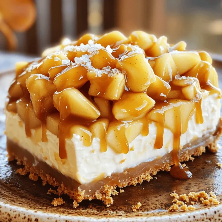 Here is the list of ingredients you need for the No Bake Salted Caramel Apple Pie Cheesecake: - 2 cups graham cracker crumbs - ½ cup unsalted butter, melted - 2 cups cream cheese, softened - 1 cup powdered sugar - 1 teaspoon vanilla extract - 1 cup heavy whipping cream - 2 large apples (preferably Granny Smith), peeled, cored, and diced - ½ cup salted caramel sauce - 1 teaspoon cinnamon - ½ teaspoon nutmeg - Sea salt for sprinkling Each ingredient plays a key role. The graham cracker crumbs form the base. Butter helps hold the crust together. Cream cheese gives it a rich flavor. Powdered sugar sweetens the filling. Vanilla adds warmth. Heavy cream makes the texture light and fluffy. Apples bring freshness. Salted caramel adds sweetness and a touch of salt. Cinnamon and nutmeg provide warmth and spice. Finally, a sprinkle of sea salt enhances all flavors. By using fresh, quality ingredients, you ensure a tasty cheesecake. Feel free to experiment with apples or caramel sauce brands. You can even make your own salted caramel for a special touch. - Combine 2 cups of graham cracker crumbs and ½ cup of melted butter in a bowl. - Press the mixture firmly into the bottom of a 9-inch springform pan. - Beat 2 cups of softened cream cheese in a large bowl until smooth. - Mix in 1 cup of powdered sugar and 1 teaspoon of vanilla extract. - In another bowl, whip 1 cup of heavy cream until stiff peaks form. - Carefully fold the whipped cream into the cream cheese mixture. - Mix 2 diced apples with ½ cup of salted caramel sauce, 1 teaspoon of cinnamon, and ½ teaspoon of nutmeg. - Toss until the apples are fully coated with the mixture. - Spread half of the cream cheese filling on the crust. - Layer the apple mixture on top, then add the remaining cream cheese filling. - Finally, top with the rest of the apple mixture. - Drizzle the remaining salted caramel sauce over the top. - Sprinkle a little sea salt for extra flavor. - Cover the cheesecake with plastic wrap and refrigerate for at least 4 hours. To ensure your crust holds together, press the graham cracker mixture firmly. Use the back of a measuring cup to pack it tightly into the pan. If you want more flavor, try adding a pinch of sea salt or a dash of cinnamon to the crust. You can also swap half of the graham crackers for crushed nuts for a unique twist. To avoid lumps in the cream cheese, make sure it's really soft. Leave it out at room temperature for about 30 minutes. When mixing, beat it well before adding sugar and vanilla. For folding whipped cream, use a large spatula. Gently lift and fold to keep the mixture light and airy. This step is key for a creamy texture. To elevate the taste, consider adding spices like ginger or allspice. These can bring warmth and depth. When it comes to caramel, homemade is best for flavor. However, store-bought can save you time. If you use store-bought, look for high-quality brands that offer a rich taste. {{image_2}} You can swap apples for pears or berries. Pears add a soft, sweet touch. Berries give a bright, tart flavor. In fall, use pumpkin or cranberries for a seasonal twist. In summer, try fresh strawberries or blueberries. You can mix fruits for extra flavor! To make this cheesecake gluten-free, use gluten-free graham crackers. Many brands offer great choices. You can also try almond flour or coconut flour for the crust. For the filling, ensure your cream cheese is gluten-free. This way, everyone can enjoy this dessert. If you want a dairy-free cheesecake, use cashew cream or coconut cream instead of cream cheese. These options are creamy and rich. For whipped cream, try coconut whipped cream. It adds a nice touch and keeps it dairy-free. Enjoying a cheesecake has never been so easy! To keep your no bake salted caramel apple pie cheesecake fresh, cover it well. Use plastic wrap or aluminum foil to cover the cheesecake tightly. This keeps air out and stops it from drying. You can also place it in an airtight container. Make sure to refrigerate the cheesecake right after you prepare it. This keeps it cool and safe to eat. If you want to freeze the cheesecake, wrap it well. Use plastic wrap and then foil for extra protection. This helps avoid freezer burn. To thaw, take it out and place it in the fridge overnight. Avoid thawing it at room temperature. This keeps the texture nice and creamy. In the fridge, the cheesecake lasts about 5 days. Make sure to check it before eating. If it smells off or has a strange texture, it's best to throw it away. Look for any mold or discoloration too. These signs mean it's time to say goodbye to your cheesecake. Yes, you can make this cheesecake a day in advance. This helps the flavors blend well. Just follow these tips: - Prepare the crust and filling as directed. - After assembling, cover it tightly with plastic wrap. - Chill it in the fridge overnight. - This gives the cheesecake time to set properly. Absolutely! You can use a variety of apples. Here are some great choices: - Granny Smith: Tart and crisp, they add a nice bite. - Honeycrisp: Sweet and juicy, perfect for a sweeter flavor. - Fuji: Very sweet and crunchy, adds great texture. Each apple type gives a unique taste to your cheesecake. To slice your no-bake cheesecake neatly, follow these steps: - Use a sharp knife dipped in warm water. - Wipe the knife clean between cuts. - This keeps your slices looking nice. - For a cleaner finish, chill the cheesecake longer. Pair your cheesecake with delicious sides! Here are some ideas: - Serve with extra salted caramel sauce. - A dollop of whipped cream adds richness. - Fresh fruit like berries brightens the plate. These additions enhance the dessert experience and impress your guests. You now have the tools to make a delicious no-bake cheesecake with apples. We covered all the needed ingredients, step-by-step instructions, and tips for variations. You'll impress your friends and family with this treat. Remember, you can customize it to suit your taste. Store it well, and it will last. Enjoy making and sharing this simple yet tasty dessert. Happy baking!