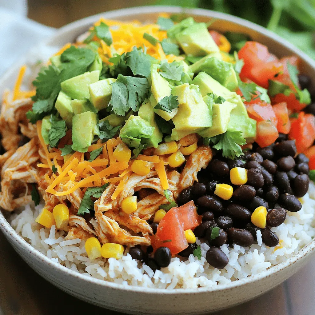 - 1.5 lbs boneless, skinless chicken thighs - 1 can (15 oz) black beans, rinsed and drained - 1 cup corn, frozen or canned - 1 cup diced tomatoes (canned or fresh) - 1/2 cup onion, diced - 2 cloves garlic, minced - 2 tablespoons chipotle chili powder - 1 teaspoon cumin - 1 teaspoon smoked paprika - 1/2 teaspoon salt - 1/4 teaspoon black pepper - 1 cup chicken broth - Juices from 1 lime - Diced avocado - Fresh cilantro - Shredded cheese - Sour cream This recipe is simple and packed with flavor. First, I use chicken thighs because they stay juicy and tender. I add black beans for protein and fiber. The corn gives a sweet crunch, while the diced tomatoes add freshness. Onions and garlic bring depth to the dish. For spices, chipotle chili powder gives a smoky heat. Cumin and smoked paprika add warmth and earthiness. Salt and black pepper enhance all the flavors. The chicken broth adds moisture, and lime juice brightens the dish. Finally, I love to top my burrito bowls with avocado for creaminess, fresh cilantro for brightness, shredded cheese for richness, and sour cream for tang. You can mix and match these toppings based on your taste. - Prep the chicken: Start by placing the boneless chicken thighs at the bottom of the slow cooker. This helps the chicken soak up all the juices. - Add vegetables: Layer the rinsed black beans, corn, diced tomatoes, diced onions, and minced garlic over the chicken. This creates a colorful base for your bowl. - Combine spices: In a small bowl, mix the chipotle chili powder, cumin, smoked paprika, salt, and black pepper. This spice blend gives the dish its bold flavor. - Add liquid: Pour the chicken broth and lime juice over the mixture. This ensures the chicken stays moist as it cooks. - Set cooking time: Cover the slow cooker and cook on low for 6 to 8 hours or high for 3 to 4 hours. The chicken should be tender and shred easily when done. - Shred the chicken: After cooking, use two forks to shred the chicken right in the slow cooker. Mix it with the beans and veggies for even flavor. - Prepare rice: Cook the rice according to package instructions. This will serve as a nice bed for your burrito bowl. - Serve with toppings: Spoon the shredded chicken mixture over the rice. Add your choice of toppings, like diced avocado, fresh cilantro, shredded cheese, and a dollop of sour cream. Enjoy your delicious meal! - To ensure tender chicken, use boneless, skinless thighs. They remain juicy and flavorful. - Layer your ingredients properly. Start with the chicken at the bottom. Then add beans, corn, tomatoes, onions, and garlic. This helps the flavors blend well. - Want more spice? Add a pinch of cayenne pepper or extra chipotle chili powder. - For extra flavors, try adding lime zest or fresh herbs like cilantro before serving. They brighten the dish. - Prep your ingredients in advance. Chop veggies and measure spices the night before. This makes cooking easier. - If you want to make ahead, cook the dish and store it in the fridge. It reheats well in the microwave or on the stove. {{image_2}} You can switch up the protein in this recipe. If you prefer, use turkey or pork. Both work well in these burrito bowls. For a meat-free option, try using tofu or tempeh. They soak up flavors nicely and add good texture. You can also change the beans or veggies. If black beans are not your favorite, use pinto or kidney beans. You can also add more vegetables. Bell peppers, zucchini, or spinach can boost the nutrition and taste. To make this dish gluten-free, ensure all your ingredients are certified gluten-free. Most beans and spices fit this bill. Use gluten-free broth to keep it safe. For vegetarian adaptations, skip the chicken. Replace it with hearty chickpeas or lentils. They will add protein and fiber. Cook them the same way as the chicken, and enjoy a tasty meal. You can mix up the spice blends. Try adding chili powder for more heat or oregano for a fresh twist. If you want it spicier, add diced jalapeños or hot sauce. These add a kick and make your burrito bowl exciting. Feel free to experiment with different toppings. Besides avocado and cilantro, try pickled onions or sliced radishes. They add color and crunch, making your meal more fun to eat. To store leftovers, let the burrito bowls cool. Place them in an airtight container. Keep them in the fridge for up to four days. When ready to eat, check for freshness before reheating. For long-term storage, you can freeze the burrito bowls. Use freezer-safe containers or heavy-duty bags. Make sure to remove as much air as possible. They can last up to three months in the freezer. Label your containers with the date to track freshness. To reheat, the best method is using the microwave. Place the portion in a microwave-safe bowl. Cover it with a lid or a damp paper towel. Heat for 1-2 minutes, stirring halfway through. You can also reheat on the stovetop over low heat. Add a splash of water or broth to keep it moist. Cook until heated through, stirring often. Enjoy your meal! Can I use chicken breasts instead of thighs? Yes, you can use chicken breasts. They will cook quickly and may be drier. Chicken thighs offer more flavor and stay moist during cooking. How do I adjust the recipe for a smaller serving? To serve fewer people, cut the ingredients in half. Use about 0.75 lbs of chicken and adjust beans and rice accordingly. Can I make this recipe in an Instant Pot? Yes, you can! Cook on high pressure for about 10-12 minutes. Make sure to adjust the liquid to keep it moist. Why is my chicken dry? Chicken can dry out if it cooks too long or at too high a temperature. Always check your slow cooker settings. What can I serve with burrito bowls? You can serve burrito bowls with tortilla chips, salsa, or a fresh salad. Add sides like guacamole or corn salad for variety. Can I use fresh corn instead of frozen? Yes, fresh corn works great! Just cut it off the cob and add it to the slow cooker. What type of rice works best with this recipe? Long-grain rice is best for this dish. It keeps its shape and texture well when served under the chicken and toppings. This recipe focuses on using simple, tasty ingredients to create a delicious dish. We highlighted key components like chicken thighs, black beans, and spices that bring flavor. I shared steps for cooking and helpful tips for meal prep and variations. You now have the tools to make it your own. Whether for a quick meal or a special occasion, this dish fits any need. Enjoy the cooking process, have fun experimenting, and make it yours!