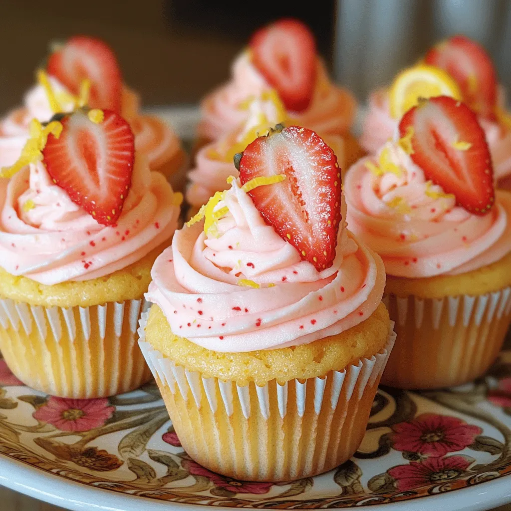 - 1 ½ cups all-purpose flour - 1 teaspoon baking powder - ½ teaspoon baking soda - ¼ teaspoon salt - ½ cup unsalted butter, softened - 1 cup granulated sugar - 2 large eggs - Zest of 1 lemon - 1 teaspoon vanilla extract - ½ cup buttermilk - ¾ cup fresh strawberries, pureed (about 1 cup chopped) - 2 tablespoons fresh lemon juice - 1 cup unsalted butter, softened - 4 cups powdered sugar - ¼ cup heavy cream - 2 tablespoons lemon juice - ½ cup fresh strawberries, finely chopped - Additional strawberries for garnish These ingredients make your cupcakes shine! The dry mix of flour, baking powder, baking soda, and salt is key for the base. The wet ingredients blend sweetness and tartness. The butter makes the cupcakes rich and moist. Eggs help them rise and stay fluffy. Fresh strawberries and lemon juice give a bright flavor. Lemon zest adds an aromatic punch. The frosting is a sweet finish with butter, powdered sugar, and cream. Chopped strawberries mix in for added flavor. For the best results, use fresh ingredients. They make a big difference in taste. Enjoy the process of gathering and measuring, as it’s part of the fun! - Set your oven to 350°F (175°C). - Line a muffin tray with cupcake liners. - In a medium bowl, whisk together: - 1 ½ cups all-purpose flour - 1 teaspoon baking powder - ½ teaspoon baking soda - ¼ teaspoon salt. - In a large bowl, beat ½ cup softened butter and 1 cup sugar together. Mix until fluffy. - Add 2 large eggs one at a time. Mix well after each egg. - Stir in the zest of 1 lemon and 1 teaspoon vanilla extract. - Alternate adding the dry mix and ½ cup buttermilk. Start and end with dry mix. - Gently fold in ¾ cup pureed strawberries and 2 tablespoons lemon juice. - Pour the batter into the muffin tray, filling each liner about 2/3 full. - Bake for 18-20 minutes. A toothpick should come out clean. - Let cupcakes cool in the tray for 5 minutes. Then, transfer them to a wire rack. - In a large bowl, beat 1 cup softened butter until creamy. - Gradually add 4 cups powdered sugar. Mix until combined. - Add ¼ cup heavy cream and 2 tablespoons lemon juice. Beat until fluffy. - Gently fold in ½ cup finely chopped strawberries. - Frost the cooled cupcakes with the strawberry lemon frosting. - Use a piping bag or knife for a nice finish. - Top each cupcake with a slice of fresh strawberry. - Testing for doneness: Use a toothpick to check if cupcakes are done. Insert it into the center. If it comes out clean, your cupcakes are ready. This step helps ensure a perfect texture. - Common mistakes to avoid: Don't skip the sifting step for your dry ingredients. Sifting helps prevent lumps and gives your cupcakes a nice rise. Also, make sure your butter is softened but not melted. This keeps the batter light and fluffy. - Best tools for frosting: A piping bag is great for decorating. It gives you control over how much frosting you use. If you don’t have one, a simple knife works well too. Just spread it on gently. - How to achieve a smooth finish: To get a smooth frosting, start with a creamy base. Beat the butter well before adding powdered sugar. This step is key. Spread the frosting in one smooth motion. You can also dip your knife in warm water for an extra smooth look. - Pairing with drinks: These cupcakes pair perfectly with homemade lemonade. The tartness of the lemonade balances the sweetness of the cupcakes. You can also serve them with iced tea for a refreshing treat. - Presentation ideas: Arrange your cupcakes on a bright platter. Sprinkle some lemon zest around them for color. You can also add fresh strawberries on top for a fun touch. This makes each cupcake look even more inviting! {{image_2}} You can make these cupcakes even more fun by adding other fruits. Raspberries and blueberries work well. They add a nice color and taste. You can also mix in herbs like basil or mint. These herbs bring a fresh twist to the sweet flavors. Imagine a cupcake with mint and lemon! It will be a hit at any party. If you need gluten-free options, use a gluten-free flour blend. It will still taste great. For vegan adaptations, swap the eggs for applesauce. Use plant-based butter and almond milk instead of buttermilk. These changes keep the cupcakes delicious while meeting dietary needs. You can change the frosting too! Try cream cheese frosting for a tangy taste. Whipped cream is another light option. You can also add flavors to your frosting. A little lemon zest or a splash of vanilla can enhance the taste. You can even mix in pureed strawberries for a fruity twist. To store leftover cupcakes, place them in an airtight container. This keeps them fresh and moist. You can store them at room temperature for up to three days. If you want them to last longer, refrigerate them for up to a week. Just remember, they may dry out a bit in the fridge. If you have unused frosting, store it in an airtight container. Keep it in the fridge for up to two weeks. When you are ready to use it again, take it out and let it sit at room temperature. If it feels too soft, re-chill it for a bit. If it looks stiff, whip it again until creamy. You can freeze unfrosted cupcakes for up to three months. Make sure they are completely cool before wrapping them in plastic wrap. Then, place them in a freezer bag. To thaw them, take them out of the freezer and let them sit at room temperature for about an hour. This keeps them soft and tasty. To make light and fluffy cupcakes, cream the butter and sugar well. You should beat them together for about three to four minutes. This process adds air to the batter. It is also key to not overmix the batter once you add the dry ingredients. Gently fold everything together. This keeps the air bubbles intact, helping the cupcakes rise beautifully. Yes, you can use frozen strawberries. Just thaw them and drain excess liquid before pureeing. Frozen strawberries may not taste as fresh, but they will still add good flavor. This works well if fresh strawberries are not in season or hard to find. To check if your cupcakes are done, insert a toothpick into the center. If it comes out clean or with a few crumbs, they are ready. If wet batter sticks to the toothpick, bake for a few more minutes. You can also look for a slight golden color on the tops of the cupcakes. You can make these cupcakes in advance. Bake them a day ahead and store them in an airtight container. Just wait to frost them until you are ready to serve. This helps keep the frosting fresh and fluffy. The best way to frost cupcakes is to use a piping bag. If you do not have one, you can use a knife. Start from the edge and work your way to the center. This creates a nice swirl. Be sure to frost the cupcakes once they are completely cool. This keeps the frosting from melting. You now have a complete guide for making delicious strawberry lemon cupcakes. We covered ingredients, from the dry to the frosting, and shared step-by-step instructions. Also, you learned tips to ensure they turn out perfect every time. Feel free to try variations and adapt the recipe to meet your needs. Keep these cupcakes fresh by following the storage tips provided. Baking can be fun and rewarding, so enjoy the process! Happy baking!