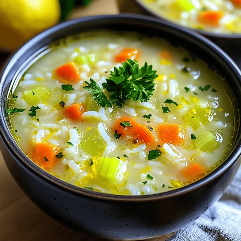To make Greek lemon rice soup, gather these key items: - 1 cup cooked rice (preferably short-grain) - 4 cups vegetable broth - 2 large eggs - 1/4 cup fresh lemon juice (about 2 lemons) - 1/2 cup diced carrots - 1/2 cup diced celery - 1 small onion, finely chopped - 2 cloves garlic, minced - 2 tablespoons olive oil - 1 teaspoon dried dill or 1 tablespoon fresh dill - Salt and pepper to taste - Fresh parsley for garnish These ingredients come together to create a warm and bright dish. The rice gives it body, while the lemon adds a zesty kick. The broth brings depth, and the herbs add a fresh touch. You can customize your soup with these optional add-ins: - Cooked chicken for protein - Spinach or kale for extra greens - A splash of cream for richness These additions can make your soup heartier or add different flavors. Feel free to get creative with what you have on hand! This soup is not just tasty; it's also healthy. Each serving (about 1 cup) offers: - Calories: 210 - Protein: 8g - Carbs: 30g - Fat: 7g - Fiber: 2g Greek lemon rice soup is a balanced meal that warms you up. Enjoy it as a main dish or a light starter. Start by heating olive oil in a large pot over medium heat. Add chopped onion, diced carrots, and diced celery. Sauté these vegetables until they become tender, which takes about 5 to 7 minutes. Then, stir in minced garlic and cook for one more minute. This step brings out the flavors of the veggies and garlic. Next, pour in the vegetable broth. Bring this mix to a gentle simmer. This is where the soup starts to come alive with flavor. Once the broth simmers, add in the cooked rice. I prefer short-grain rice for its sticky texture. Sprinkle in dried dill and season with salt and pepper. Let the soup simmer for about 10 minutes. This allows the rice to soak in the broth's flavor and makes each bite comforting. In a separate bowl, whisk together the eggs and fresh lemon juice. This mixture adds creaminess and a bright flavor. To prevent curdling, temper the egg mix by gradually adding a ladle of hot soup while whisking. This step is key. It keeps the eggs smooth in the soup. Slowly pour the tempered egg mixture back into the pot. Stir constantly for one minute. This helps thicken the soup slightly, making it rich and velvety. Now, remove the pot from heat and adjust the seasoning if needed. Enjoy your warm bowl of Greek lemon rice soup! To get your soup just right, start with short-grain rice. It adds creaminess. Use cooked rice to save time. When you add the egg and lemon mixture, do it slowly. This step helps avoid lumps. Stir constantly while adding it to the soup. This makes the soup silky and smooth. If your soup feels too thick, add more broth. If it’s too thin, let it simmer longer. Serve your Greek lemon rice soup hot. A sprinkle of fresh parsley on top adds color. You can pair it with crusty bread for a filling meal. A light salad on the side adds crunch and freshness. Enjoy this soup as a starter or main dish. It is great for lunch or dinner. Don’t skip the tempering step with the eggs. It helps keep the eggs from cooking too fast. Avoid using pre-cooked rice straight from the fridge. It may not blend well. If you add too much lemon juice, the soup can taste sour. Start with less and adjust to your taste. Lastly, don’t forget to taste the soup before serving. Adjust the seasoning for the best flavor. {{image_2}} You can easily make Greek lemon rice soup vegetarian. Just skip the eggs. Use a plant-based milk to add creaminess. Almond milk or coconut milk works well. This keeps the soup rich in flavor while being meat-free. To make it vegan, ensure your broth is vegetable-based. You can also add tofu for protein. To boost the taste, add spices and herbs. Fresh dill gives a bright flavor. You can also try thyme or oregano for a different twist. A pinch of cayenne pepper adds heat if you like spice. For a smoky taste, add smoked paprika. Each addition makes the soup even more delightful. Sometimes, you may not have all the ingredients. You can swap short-grain rice with any rice you have. Brown rice or jasmine rice works too. Instead of vegetable broth, use chicken broth for a meaty flavor. If you lack fresh lemon, bottled lemon juice can be a quick fix. Just remember to adjust the quantity to avoid overpowering the soup. To store leftovers of Greek lemon rice soup, let it cool first. Pour the soup into an airtight container. Keep it in the fridge for up to three days. Make sure the lid is tight to keep the soup fresh. If you have a lot, consider dividing it into smaller portions. This makes it easier to heat later. To reheat the soup, pour it into a pot over medium heat. Stir it gently as it warms. If the soup seems thick, add a bit of water or broth. Heat until it is hot, but do not boil. If you prefer using a microwave, place the soup in a microwave-safe bowl. Cover it with a lid or paper towel. Heat for a minute, then stir. Heat in 30-second intervals until hot. If you want to freeze the soup, pour it into freezer-safe containers. Leave some space at the top, as soup may expand when frozen. Label each container with the date. You can freeze it for up to three months. When you're ready to eat, defrost it in the fridge overnight. Reheat it as mentioned above. This soup holds its flavor well, even after freezing. Yes, you can use a different type of rice. Long-grain rice works well too. However, I prefer short-grain rice for its creamy texture. It absorbs the broth nicely and adds flavor. Basmati or jasmine rice can also work, but they may change the soup's final taste. Experiment and see what you like best! If you need an egg substitute, use a cornstarch mix. Mix two tablespoons of cornstarch with three tablespoons of water. This creates a thickener that mimics the eggs’ role. You can also use silken tofu blended until smooth. Both options keep the soup creamy and tasty without eggs. To make the soup gluten-free, choose a gluten-free vegetable broth. Many store brands offer gluten-free options. Also, ensure that your rice is certified gluten-free. Most short-grain rice is gluten-free, but check the packaging to be sure. Following these steps keeps your soup delicious and safe for gluten-free diets. Greek lemon rice soup is simple but delicious. We explored the key ingredients, from base flavor to optional add-ins. You learned how to prepare the soup step by step, ensuring a rich, tasty dish. Tips helped you avoid common mistakes and achieve great texture. We also covered variations for different diets and how to store leftovers properly. With all this info, you're ready to make your own bowl of goodness! Enjoy experimenting and finding your perfect flavor.