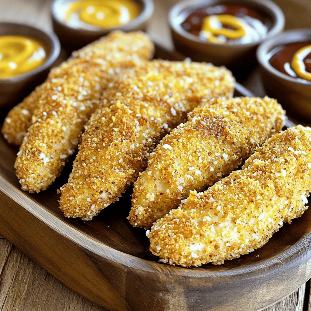 To create the best crispy baked chicken tenders, gather these simple ingredients: - 1 pound chicken breast tenders - 1 cup buttermilk (or plain yogurt) - 1 cup all-purpose flour - 1 cup panko breadcrumbs - 1 teaspoon garlic powder - 1 teaspoon onion powder - 1 teaspoon smoked paprika - 1 teaspoon salt - 1/2 teaspoon black pepper - 1/2 teaspoon cayenne pepper (optional, for spice) - 1/4 cup grated Parmesan cheese - Cooking spray These ingredients work together to deliver great flavor and texture. The buttermilk tenderizes the chicken, while the spices add depth. The panko breadcrumbs make the tenders extra crunchy. Using these exact ingredients will help you achieve the perfect crispiness. Enjoy the process as you prepare these delicious chicken tenders! - In a large bowl, mix buttermilk, salt, pepper, and cayenne pepper. - Add the chicken tenders, making sure they’re fully submerged. - Cover and let marinate for at least 1 hour, or overnight for the best flavor. Marinating keeps the chicken tender and juicy. The buttermilk helps to break down proteins, making the meat softer. This step is vital for great taste and texture. - Preheat your oven to 425°F (220°C). - Line a baking sheet with parchment paper and spray it lightly with cooking spray. - Set up three shallow bowls: one with flour, one with a mix of garlic powder, onion powder, smoked paprika, and salt, and the last with panko breadcrumbs and grated Parmesan cheese. A well-organized station makes breading easy. Each bowl has a purpose, ensuring a perfect coating every time. - Take each chicken tender from the marinade, letting excess drip off. - Dredge it in flour, shaking off the extra. - Dip the tender in the seasoning mix, coating it evenly. - Finally, press it into the panko mixture for a thick, crispy layer. This three-step breading process gives each tender a crunchy texture. The panko breadcrumbs provide that extra crispiness that everyone loves. - Place the breaded tenders on the prepared baking sheet. - Lightly spray the tops with cooking spray to help them crisp. - Bake for about 18-20 minutes, until the chicken is cooked and the coating is golden brown. The cooking spray is key for achieving that perfect crunch. Keep an eye on them as they bake. You want a beautiful, golden color! Using panko breadcrumbs is key. They add a light and airy crunch. Regular breadcrumbs can’t match that texture. For even coating, make sure to shake off excess flour. This helps the egg wash stick better. Use baking spray on the chicken before it goes in the oven. This step adds extra crunch while it bakes. Marinating chicken in buttermilk makes it juicy and flavorful. I suggest marinating for at least one hour. For the best taste and texture, let it sit overnight. The longer marination allows the flavors to sink in fully. These chicken tenders pair well with many dipping sauces. Honey mustard, barbecue sauce, and ranch dressing are great options. For sides, consider crispy fries or a fresh salad. These add color and balance to your meal. {{image_2}} You can change the taste by adding different seasonings or herbs. Try Italian herbs like oregano or basil for a fresh twist. If you like heat, add more cayenne or a splash of hot sauce to the marinade. These changes can make your chicken tenders exciting and full of flavor. For a new texture, use crushed cornflakes or crackers instead of panko. This gives the chicken tenders a unique crunch. If you need a gluten-free option, almond flour works well. It adds a nutty taste and keeps the tenders crispy. If you have an air fryer, use it for a faster option. Cook at 400°F for about 10-12 minutes. Flip the tenders halfway for even crispiness. You can also grill the chicken tenders for a smoky flavor. Grill them over medium heat for about 6-8 minutes on each side. Both methods give you tasty, crispy chicken tenders. To keep your crispy baked chicken tenders fresh, follow these steps: - Allow the chicken tenders to cool to room temperature. - Place leftovers in an airtight container. - Store in the refrigerator for up to 3 days. Using glass containers works well, as they seal tightly and help avoid moisture loss. When it's time to enjoy leftovers, reheating is key: - Preheat your oven to 375°F (190°C). - Place the chicken tenders on a baking sheet. - Heat for about 10-12 minutes. This method helps keep the crust crunchy. Avoid the microwave, as it can make the tenders soggy. You can freeze both uncooked and cooked chicken tenders: - For uncooked tenders, place them in a single layer on a baking sheet. - Once frozen, transfer to a freezer-safe bag. - For cooked tenders, cool completely before placing in a freezer bag. - When ready, thaw uncooked tenders in the fridge overnight. - Cook them straight from frozen, adding a few extra minutes to the bake time. For cooked ones, thaw in the fridge, then reheat as mentioned above. You should marinate chicken tenders for at least 1 hour. This time allows the meat to soak up the flavors. For best taste and texture, marinate overnight. The longer marination makes the chicken tender and juicy. Yes, you can use chicken breasts. Cut them into strips about the same size as tenders. This way, they will cook evenly. Just remember to adjust the cooking time if your strips are thicker. To ensure crispy baked chicken, use panko breadcrumbs. They create a lighter, crunchier coating than regular breadcrumbs. Also, lightly spray the chicken with cooking spray before baking. This helps achieve that golden crust. Yes, you can prepare the chicken tenders ahead of time. Bread them and store them in the fridge for up to 24 hours. This helps the flavors meld together. Just bake them when you are ready to eat. Crispy chicken tenders go well with many dipping sauces. Honey mustard, barbecue sauce, and ranch dressing are favorites. You can also try spicy mayo or a tangy garlic aioli for a twist. In this post, we covered the ingredients and steps for making juicy baked chicken tenders. You learned about the marinade, the perfect breading process, and how to achieve extra crispiness. Remember, marinating adds flavor and moisture. You can explore variations for an exciting twist. Store leftovers properly to enjoy later, and don’t forget those tasty dipping sauces! With these tips in hand, you can create a simple and delicious meal any day. Enjoy your cooking adventure!