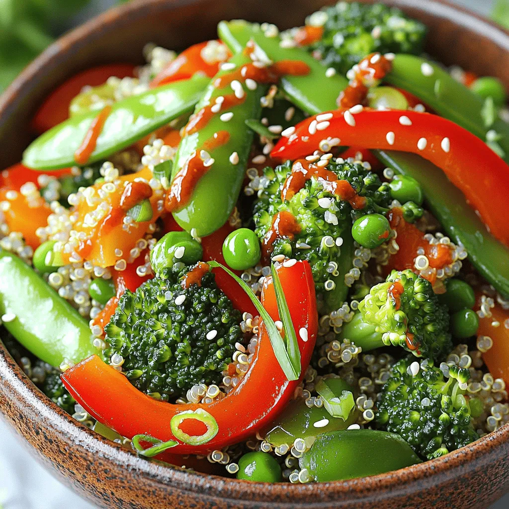 - Quinoa and Broth - 1 cup quinoa, rinsed - 2 cups vegetable broth or water - Vegetables - 1 red bell pepper, sliced - 1 cup snap peas, trimmed - 1 cup carrots, julienned - 1 cup broccoli florets - 3 green onions, chopped - 3 cloves garlic, minced - 1 tablespoon fresh ginger, grated - Sauces and Seasonings - 1/4 cup sweet chili sauce - 2 tablespoons soy sauce (or tamari for gluten-free) - 1 tablespoon sesame oil - Sesame seeds for garnish - Fresh cilantro for garnish (optional) The main star of this dish is quinoa. It gives a great nutty flavor and texture. The vegetable broth or water cooks it perfectly. You want your quinoa to be light and fluffy, not mushy. Next, we have the colorful veggies, which add crunch and nutrients. The red bell pepper brings sweetness, while the snap peas add a nice snap. Carrots and broccoli bring freshness and color to your plate. For flavor, we use garlic and ginger. They add depth and warmth to the dish. The sweet chili sauce gives it a lovely sweetness and kick. Soy sauce adds umami, and sesame oil gives a rich, nutty finish. Finally, we garnish with green onions, sesame seeds, and cilantro. These little touches make the dish pop visually and flavor-wise. Each ingredient plays a role in making your Sweet Chili Quinoa Stir-Fry easy and tasty. Cooking Method Start by boiling 2 cups of vegetable broth or water in a medium saucepan. Rinse 1 cup of quinoa under cold water. Once the broth boils, add the quinoa. Lower the heat, cover, and let it simmer for 15-20 minutes. This cooks the quinoa perfectly, making it fluffy and light. Fluffing the Quinoa After cooking, remove the pot from heat. Let it sit for a few minutes, then fluff the quinoa with a fork. This helps separate the grains and gives it a nice texture. Set it aside while you prepare the rest of the dish. Heat and Timing In a large wok or frying pan, heat 1 tablespoon of olive oil over medium-high heat. Add 3 cloves of minced garlic and 1 tablespoon of grated fresh ginger. Sauté these for about 30 seconds until they smell great. Be careful not to burn them. Importance of Fresh Ingredients Using fresh garlic and ginger makes a big difference. They add a bright flavor that makes your stir-fry come alive. Fresh ingredients bring out the best in any dish. Adding Vegetables in Stages Toss in 1 sliced red bell pepper, 1 cup of julienned carrots, and 1 cup of broccoli florets. Stir-fry these for 4-5 minutes until they soften a bit. Then, add 1 cup of snap peas and stir-fry for another 2-3 minutes. This method keeps the veggies crisp and colorful. Achieving Crispness To keep the vegetables crunchy, don't overcook them. You want them to be tender but still have a nice bite. This makes the dish more enjoyable and nutritious. Mixing Techniques Once the veggies are cooked, lower the heat to medium. Stir in the cooked quinoa, pouring over 1/4 cup of sweet chili sauce and 2 tablespoons of soy sauce. Drizzle 1 tablespoon of sesame oil over the top. Mix everything well, making sure every grain of quinoa gets coated in the sauce. Ensuring Even Coating To ensure even flavor, stir gently but thoroughly. This allows all the ingredients to blend nicely. Cook for an additional 2-3 minutes to heat everything through. The dish should smell amazing! - Avoiding Overcooking: Quinoa cooks fast. Keep an eye on it. If you cook it too long, it can turn mushy. Aim for 15-20 minutes. When the water is gone, it's done. - Optimal Quinoa Texture: The best quinoa is fluffy. To get that, rinse it well. This removes the bitter coating. Fluff it with a fork after cooking. This keeps the grains separate and nice. - Suggestions for Additional Seasonings: You can mix in more spices. Try a pinch of red pepper flakes for heat. A squeeze of lime adds brightness. Fresh herbs like basil or mint work great too. - Alternative Sauces: If sweet chili sauce isn't your thing, use teriyaki or hoisin. These sauces add a rich flavor. You can also skip the sauce and use broth for a lighter dish. - Skillet vs. Wok: A wok gives you more space to stir. This helps cook the veggies evenly. A skillet works too, especially if you don't have a wok. Just make sure it’s large enough. - Using a Rice Cooker: If you have a rice cooker, use it for quinoa. It cooks perfectly without fuss. Just add the quinoa and broth, set it, and walk away. It will beep when done! {{image_2}} You can easily boost the protein in your Sweet Chili Quinoa Stir-Fry. Adding protein makes it more filling and nutritious. Here are some options for adding protein: - Tofu: Cube firm tofu and sauté until golden. - Chicken: Cut chicken breast into pieces and cook until done. - Shrimp: Toss in shrimp for a fast and tasty option. - Beans: Use black beans or chickpeas for plant-based protein. For vegetarian and vegan choices, tofu and beans are great. They soak up flavors well. This keeps your dish tasty while being meat-free. You can change up the veggies based on what you have. Seasonal vegetables are fresh and full of flavor. Here are some ideas: - Zucchini: Slice and add for a soft texture. - Bell Peppers: Use different colors for a beautiful dish. - Asparagus: Cut into pieces for a crisp bite. If fresh veggies aren't available, frozen options work well. They save time and are often picked at peak freshness. Just add them later in the cooking process for the best results. If you need a gluten-free option, use gluten-free soy sauce or tamari. This keeps the sweet and savory taste while avoiding gluten. For low-carb variations, you can swap quinoa for cauliflower rice. This keeps the dish light and healthy while still being satisfying. Feel free to mix and match these ideas to fit your needs. To store your Sweet Chili Quinoa Stir-Fry, let it cool first. Put it in an airtight container. This keeps it fresh for up to 3 days. When you are ready to eat, take it out of the fridge. Reheating Instructions: You can reheat it in a microwave or on the stove. If using a microwave, heat it for about 1-2 minutes. Stir halfway through to warm it evenly. On the stove, use low heat and add a splash of water. This helps it steam and stay moist. You can freeze the Sweet Chili Quinoa Stir-Fry to enjoy later. After cooling, place it in a freezer-safe container. Make sure to leave some space at the top, as it will expand. Label the container with the date. It can last for up to 2 months in the freezer. Thawing and Reheating Tips: To thaw, move it to the fridge overnight. If you need it fast, use the microwave on defrost. Once thawed, reheat it on the stove or in the microwave. Add a little water if it seems dry. Enjoy your tasty meal again! Rinsing quinoa before cooking helps remove its natural coating, called saponins. This coating can taste bitter. To rinse, place the quinoa in a fine-mesh strainer and run it under cold water for a few minutes. Cook it in vegetable broth instead of water for extra flavor. This simple step makes a big difference in taste. Yes, you can use brown rice instead of quinoa. However, the texture and flavor will change. Brown rice is chewier and takes longer to cook. Quinoa has a nutty taste and fluffy texture. If you choose brown rice, adjust the cooking time to about 40-45 minutes. This way, you can still enjoy a tasty stir-fry. If you don’t have sweet chili sauce, try using hoisin sauce or a mix of honey and hot sauce. Hoisin gives a sweet and savory flavor. The honey and hot sauce mix adds sweetness and heat. You can also use BBQ sauce for a different twist. Each option will change the taste but still work well in the dish. To add more heat, consider adding red pepper flakes or diced fresh chili peppers. You can also drizzle in some hot sauce when mixing the sauce. For a smoky flavor, try adding smoked paprika. Start with a small amount and adjust to your taste. This way, you can enjoy a flavorful kick without overwhelming the dish. Yes, this recipe is great for meal prep. You can cook the quinoa and vegetables ahead of time. Store them separately in airtight containers. When ready to eat, mix the quinoa and veggies with the sauce and heat them on the stove or microwave. This makes it easy to enjoy a quick and healthy meal during busy days. This blog post covered key ingredients, step-by-step instructions, and helpful tips for your quinoa stir-fry. You learned how to cook quinoa, sauté fresh veggies, and combine them for great flavor. You also explored tasty variations and storage tips for leftovers. As you make this dish, remember to keep things fresh and experiment. Your quinoa stir-fry can be personalized to fit your taste. Enjoy creating a meal that is both healthy and delicious!