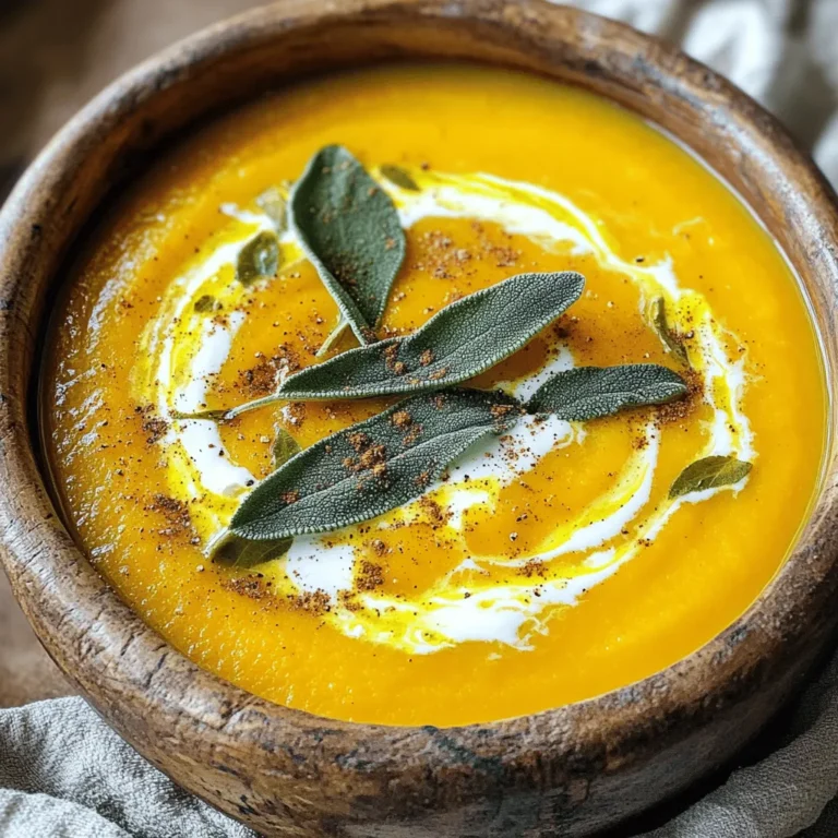To make this soup, you need a few key ingredients: - 2 cups pumpkin puree (freshly roasted or canned) - 1 medium onion, diced - 3 cloves garlic, minced - 2 tablespoons fresh sage, chopped (plus extra leaves for garnish) - 4 cups vegetable broth - 1 cup coconut milk - 2 tablespoons olive oil - 1 teaspoon ground cumin - Salt and pepper to taste - Optional: a pinch of nutmeg or cinnamon for warmth These ingredients create a rich and tasty soup. The pumpkin gives it a smooth texture. The sage adds a lovely herbal note. I recommend using sugar pumpkins or pie pumpkins for this soup. These pumpkins are sweeter and have a smooth flesh. They roast well and blend nicely. Avoid using large carving pumpkins; they are watery and bland. Freshly roasted pumpkin adds depth. If you choose canned pumpkin, make sure it's pure pumpkin, not pie filling. You can play with the flavors of this soup. Try adding a pinch of nutmeg or cinnamon for warmth. These spices enhance the sweetness of the pumpkin. You can also add a dash of cayenne pepper for a little heat. If you love a savory kick, try adding a splash of soy sauce or miso. Each option gives a unique twist to the soup. Enjoy experimenting with flavors! Start by preheating your oven to 400°F (200°C). Cut your pumpkin in half and scoop out the seeds. Brush the insides lightly with olive oil. Sprinkle some salt on top for flavor. Place the pumpkin cut-side down on a baking sheet. Roast it in the oven for 30 to 40 minutes until it's soft. Once done, let it cool a bit before scooping out the flesh. In a large pot, heat two tablespoons of olive oil over medium heat. Add the diced onion and sauté for about five minutes. You want the onion to look clear, not brown. Next, stir in three minced garlic cloves and two tablespoons of chopped sage. Let this cook for two minutes until it smells amazing. Once your pumpkin is ready, scoop out the flesh and add it to the pot. Pour in four cups of vegetable broth and bring it to a gentle boil. After that, lower the heat and let it simmer for 15 minutes. Now comes the fun part! Use an immersion blender to blend the soup until it’s smooth. If you’re using a regular blender, be careful with the hot liquid. Blend in batches if needed. After blending, stir in one cup of coconut milk and one teaspoon of ground cumin. Add salt and pepper to taste. If you like, you can sprinkle in a pinch of nutmeg or cinnamon for extra warmth. Heat the soup for another five minutes, and it's ready to serve! Enjoy it warm with fresh sage leaves and a drizzle of coconut milk on top. To get a creamy texture, blend your soup well. I use an immersion blender, but a regular blender works too. Just be careful with hot soup. If the soup feels too thick, add more vegetable broth. If it’s too thin, simmer it longer to thicken. This will make it nice and smooth. Taste is key. I always try my soup before serving. If it needs more flavor, add salt and pepper. A pinch of nutmeg or cinnamon adds warmth and depth. You can also add a splash of lemon juice for brightness. Fresh sage really shines in this soup. So, don’t skip the garnish! Serve your soup in rustic bowls. A swirl of coconut milk on top looks beautiful. Add crispy sage leaves for a crunchy contrast. This soup pairs well with warm bread or a fresh salad. It’s perfect for cozy dinners or gatherings. Enjoy it with loved ones for the best experience. {{image_2}} If you want a vegan soup, coconut milk is a great choice. It adds rich creaminess without dairy. You can also try cashew cream for a different texture. Blend soaked cashews with water until smooth. This option gives you a nutty flavor and nice creaminess. To make your soup heartier, add protein. Cooked lentils or chickpeas work well. They blend nicely and keep the soup smooth. You can also add tofu for a soft texture. Simply cube and stir it in before blending. This will make the soup filling and nutritious. Sage shines in this recipe, but you can try other herbs too. Thyme adds a lovely earthiness. Rosemary can bring a strong flavor that pairs well with pumpkin. For a fresh twist, add cilantro or parsley just before serving. Experimenting with herbs lets you find your favorite blend. After enjoying your delicious roasted pumpkin sage soup, store leftovers in an airtight container. Let the soup cool to room temperature before sealing. This keeps flavors fresh and prevents bacteria growth. Place the container in the refrigerator. The soup will stay tasty for about 3 to 5 days. If you want to keep it longer, consider freezing it. To reheat your soup, pour it into a pot over medium heat. Stir often to warm it evenly. This helps maintain the creamy texture. You can also use a microwave. Heat in 30-second intervals, stirring in between. Be cautious, as the soup can get hot quickly. Taste and adjust seasoning if needed. Add a splash of coconut milk for extra creaminess. Freezing is a great way to save your soup for later. First, let it cool completely. Then, pour the soup into freezer-safe bags or containers. Leave some space at the top, as liquids expand when frozen. Label with the date and contents. It can last up to 3 months in the freezer. To thaw, place the soup in the fridge overnight before reheating. Enjoy a warm bowl any time! Yes, you can use canned pumpkin. It saves time and still tastes great. Just make sure to choose pure pumpkin puree, not pumpkin pie filling. This swap can make your soup creamy and delicious. The soup can last up to five days in the fridge. Store it in an airtight container to keep it fresh. Before serving, reheat it on the stove to enjoy its full flavor. This soup pairs well with crusty bread or a simple salad. You can also serve it with grilled cheese sandwiches for a cozy meal. These sides add nice texture and balance to the soup. To adjust the spice level, add more or less ground cumin. If you like heat, add a pinch of red pepper flakes or cayenne pepper. Start with a small amount and taste as you go. This way, you can find the flavor you love. This article covered how to make delicious roasted pumpkin sage soup. We explored essential ingredients and step-by-step instructions to prepare it perfectly. Remember to adjust flavors and textures to suit your taste. You can even try variations like vegan options or adding protein. Proper storage and reheating will keep your soup fresh and tasty. Now, it’s time for you to enjoy this warm dish, whether on a chilly day or for a cozy meal. Happy cooking!