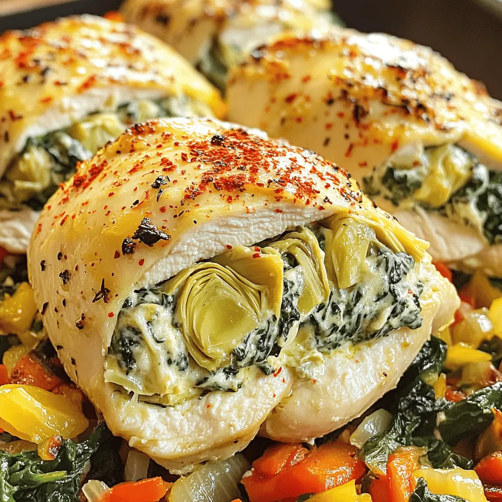 To make Spinach Artichoke Stuffed Chicken, gather these items: - 2 large chicken breasts - 1 cup fresh spinach, chopped - 1 cup artichoke hearts, drained and roughly chopped - 1/2 cup cream cheese, softened - 1/2 cup mozzarella cheese, shredded - 1/4 cup Parmesan cheese, grated - 2 cloves garlic, minced - 1 tablespoon olive oil - Salt and pepper to taste - 1/2 teaspoon red pepper flakes (optional) You can swap some ingredients if needed. Here are some ideas: - Use frozen spinach instead of fresh. Just thaw and drain it well. - Canned artichokes work fine if fresh ones aren’t available. - Try ricotta cheese instead of cream cheese for a lighter filling. - Feel free to use any cheese you like. Gouda or cheddar adds a fun twist. - If you want less spice, skip the red pepper flakes. This dish is not only tasty but also packs some nutrition. Here’s a quick look at what you get per serving: - Calories: About 450 - Protein: 45g - Fat: 25g - Carbohydrates: 8g - Fiber: 2g - Sugars: 2g This meal provides a good balance of protein and healthy fats. It’s perfect for a filling dinner. Enjoy your cooking! Start with two large chicken breasts. Rinse them under cold water and pat them dry. Grab a sharp knife and carefully slice each breast horizontally. You want to make a pocket, but don’t cut all the way through. This step is key for holding the tasty filling. Season the insides with a pinch of salt and pepper. This adds extra flavor to your dish. In a skillet, heat one tablespoon of olive oil over medium heat. Add two cloves of minced garlic and sauté for about one minute. You want it to smell great! Next, toss in one cup of chopped spinach and one cup of drained, chopped artichoke hearts. Cook for three to four minutes until the spinach wilts. Remove the skillet from heat. In a bowl, mix the cooked veggies with half a cup of softened cream cheese, half a cup of shredded mozzarella, and a quarter cup of grated Parmesan. If you like a little heat, add half a teaspoon of red pepper flakes. Stir everything well until it's mixed nicely. Now it’s time to stuff the chicken. Fill each pocket with the spinach artichoke mixture. If needed, use toothpicks to close the openings. Place the stuffed chicken breasts in a greased baking dish. Season the tops with more salt, pepper, and a sprinkle of Parmesan for extra flavor. Preheat your oven to 375°F (190°C) and bake the chicken for 25 to 30 minutes. You want the chicken to reach an internal temperature of 165°F (74°C). After baking, let the chicken rest for five minutes. This helps keep it juicy and tender. To keep chicken juicy, start with large chicken breasts. Pound them to an even thickness. This helps them cook evenly. Season them with salt and pepper before stuffing. The spinach and artichoke filling adds moisture. Bake at 375°F for 25-30 minutes. Use a meat thermometer to check for 165°F inside. Let it rest for five minutes after cooking. This helps the juices settle. Make a pocket in each chicken breast with a sharp knife. Cut carefully, leaving one side attached. Stuff it generously with the spinach artichoke mixture. Use toothpicks to close the opening. This keeps the filling inside while baking. You can also tie them with kitchen twine for extra security. Prep the filling while the oven heats up. This saves time. You can also prepare the filling a day ahead. Store it in the fridge until you are ready. Stuff the chicken just before baking. This keeps everything fresh. If you want to bake later, you can cover the stuffed chicken and refrigerate it. Just add a few extra minutes to the baking time. {{image_2}} You can make this dish even better by trying different cheeses. Cream cheese gives a rich base, but you can swap it for goat cheese or feta for a tangy kick. Adding smoked gouda or cheddar can deepen the flavor too. Don’t forget to play with spices! Adding herbs like thyme or basil can make your dish unique. For a low-carb or keto-friendly version, you can skip the breading. Instead, use cauliflower rice or zucchini noodles as a side. You can also add more spinach and artichokes to fill you up. Try using less cream cheese and more mozzarella to cut down on carbs. This way, you keep it tasty while being diet-friendly! If you want a vegetarian version, you can replace the chicken with large portobello mushrooms. These mushrooms can hold the stuffing well. Just prepare the spinach and artichoke mix as usual. You can also use tofu or tempeh for a protein-rich option. These changes keep the flavors you love while making it plant-based! After you enjoy your Spinach Artichoke Stuffed Chicken, let the leftovers cool. Place them in an airtight container. Make sure to store them in the fridge. Leftovers should stay fresh for 3 to 4 days. Label the container with the date. This helps you remember when you made it. To reheat, preheat your oven to 350°F (175°C). Place the chicken in a baking dish. Add a splash of chicken broth or water to keep it moist. Cover the dish with foil to prevent drying. Heat for about 15-20 minutes, or until warmed through. You can also use a microwave for quick reheating. Just cover the plate and heat for 2-3 minutes. Check that it is heated all the way through. You can freeze Spinach Artichoke Stuffed Chicken if you want to save some for later. Wrap each piece tightly in plastic wrap. Then, place them in a freezer-safe bag or container. Remove as much air as possible. This helps prevent freezer burn. The chicken can last for up to 3 months in the freezer. When you're ready to eat, thaw it overnight in the fridge before reheating. Yes, you can prepare this dish in advance. To make it ahead, stuff the chicken and place it in a baking dish. Cover it and store it in the fridge for up to 24 hours. When you are ready to cook, just bake it straight from the fridge. You may need to add a few extra minutes to the cooking time to ensure it heats through. Spinach Artichoke Stuffed Chicken pairs well with many sides. Here are some great options: - Roasted vegetables - Garlic mashed potatoes - Quinoa salad - Steamed asparagus - Mixed greens with vinaigrette Each of these sides will complement the rich flavors of the stuffed chicken. To check if the chicken is done, use a meat thermometer. Insert it into the thickest part of the breast. The chicken should reach an internal temperature of 165°F (74°C). If you don’t have a thermometer, check that the juices run clear when you cut into it. If the meat is still pink, cook it a bit longer. In this article, we explored making Spinach Artichoke Stuffed Chicken. We discussed the ingredients, including substitutes and nutrition facts. I shared step-by-step instructions for prepping, stuffing, and baking. Tips for keeping the chicken moist and secure were also included. We listed variations for different diets and how to store leftovers. My advice? Experiment with flavors and enjoy your meal prep. Remember, cooking can be fun and simple!