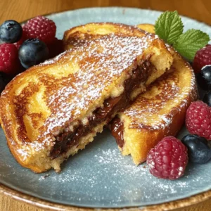 To make Nutella stuffed French toast, you need a few key ingredients that come together for a delightful treat. Here’s the list: - 4 slices of thick bread (like brioche or challah) - 1/2 cup Nutella - 2 large eggs - 1/4 cup milk (or non-dairy alternative) - 1 teaspoon vanilla extract - 1 teaspoon ground cinnamon - Butter or oil for cooking - Powdered sugar for dusting - Fresh berries (optional, for garnish) Each ingredient plays a role in creating the perfect balance of flavors and textures. The thick bread adds structure and can hold the creamy Nutella. The eggs and milk create a rich batter that coats the sandwiches. Vanilla and cinnamon add warmth and depth, making each bite special. Choosing the right bread is key. Brioche or challah brings a soft and fluffy texture. Nutella provides that irresistible chocolate-hazelnut flavor. You can also use non-dairy milk if you want a vegan option. I often dust the French toast with powdered sugar. It adds a sweet touch without overpowering the dish. Fresh berries, while optional, bring a burst of freshness that complements the rich Nutella. Enjoy gathering these ingredients; they promise a truly indulgent breakfast! - First, take two slices of thick bread. - Spread a generous layer of Nutella on each slice. - Now, place the other two slices on top to make sandwiches. - In a medium bowl, crack two large eggs. - Add 1/4 cup of milk and mix well. - Stir in one teaspoon of vanilla and one teaspoon of cinnamon. - Whisk until the mixture is smooth and creamy. - Heat a skillet over medium heat. - Add a little butter or oil to coat the pan. - Dip each sandwich into the egg mixture, covering both sides. - Let any extra batter drip off before cooking. - Place the sandwiches on the skillet and cook for 3 to 4 minutes. - Flip them to cook the other side until golden brown. - Adjust the heat if needed to avoid burning the toast. To get crispy outsides and gooey insides, use thick bread like brioche or challah. They hold up well and add flavor. When you dip the sandwiches in the egg mix, do it quickly. You want them coated but not soaked. Let any extra batter drip off before cooking. This keeps them from getting too soggy. To prevent soggy bread, don’t let the sandwiches sit in the egg mix for long. Cook them right away after dipping. If your French toast burns, lower the heat. Cooking too fast can lead to burnt edges. Keep an eye on them, turning when golden brown. Garnish your Nutella stuffed French toast with a sprinkle of powdered sugar. Fresh berries add color and flavor, making the dish pop. You can serve it with whipped cream or maple syrup too. Pair it with a hot cup of coffee or a cold glass of milk for a delightful meal. {{image_2}} You can change up the Nutella stuffed French toast to fit your taste. Adding fruit or nuts can give a fresh twist. Try slices of banana or strawberries inside the toast. You can also sprinkle some chopped almonds or walnuts for crunch. You can use other spreads or flavor mixes too. Instead of Nutella, try peanut butter or almond butter. For a fun twist, mix Nutella with a bit of orange zest for a citrus kick. You can even go savory by using cream cheese or mascarpone instead. If you need gluten-free options, use gluten-free bread. Many stores carry tasty gluten-free loaves that work well. Check the labels to find one you like. For a vegan version, swap the eggs and milk. Use mashed bananas or a flaxseed mixture instead of eggs. For milk, try almond milk or oat milk. These changes keep the dish delicious and suitable for everyone. To store leftovers, let your Nutella stuffed French toast cool down first. Wrap each piece tightly in plastic wrap or place them in an airtight container. This helps keep them fresh and prevents them from drying out. You can store them in the fridge for up to three days. If you want to keep them longer, consider freezing them. To reheat, I recommend using a skillet. Heat it over medium heat. Add a little butter or oil to the pan. Place the French toast in the skillet and cook for about 2-3 minutes on each side. This method keeps the outside crispy and the inside warm. You can also use a toaster oven for quick reheating. Just place them on the tray and heat until warm. Enjoy your tasty treat! Nutella Stuffed French Toast lasts about 2-3 days in the fridge. Store it in an airtight container. The bread might get a bit soft, but the flavor stays good. You can always reheat it in a pan or microwave to enjoy. Yes, you can use many kinds of bread. Brioche and challah work best, but any thick bread will do. Try sourdough or even bagels for a fun twist. Just make sure it doesn’t fall apart when you dip it in the egg mix. For eggs, you can use flaxseed meal mixed with water. Mix 1 tablespoon of flaxseed with 2.5 tablespoons of water. For milk, almond or oat milk are great choices. These swaps keep the taste yummy and work well in the recipe. Yes, you can make it ahead! Prepare the sandwiches and store them in the fridge. When ready to cook, just dip them in the egg mix and fry. This saves time on busy mornings and still tastes fresh. The French toast is ready when it turns golden brown. Cook each side for about 3 to 4 minutes. You can check by lifting a corner with a spatula. If it looks crispy and golden, it's done! This article covered how to make Nutella Stuffed French Toast. You learned the right ingredients, step-by-step instructions, and tips for success. We discussed flavor variations and how to store leftovers. Remember, cooking is fun and creative. Enjoy experimenting with different flavors and techniques. Serve this dish to impress guests or treat yourself. Happy cooking!