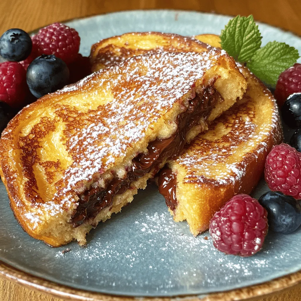 To make Nutella stuffed French toast, you need a few key ingredients that come together for a delightful treat. Here’s the list: - 4 slices of thick bread (like brioche or challah) - 1/2 cup Nutella - 2 large eggs - 1/4 cup milk (or non-dairy alternative) - 1 teaspoon vanilla extract - 1 teaspoon ground cinnamon - Butter or oil for cooking - Powdered sugar for dusting - Fresh berries (optional, for garnish) Each ingredient plays a role in creating the perfect balance of flavors and textures. The thick bread adds structure and can hold the creamy Nutella. The eggs and milk create a rich batter that coats the sandwiches. Vanilla and cinnamon add warmth and depth, making each bite special. Choosing the right bread is key. Brioche or challah brings a soft and fluffy texture. Nutella provides that irresistible chocolate-hazelnut flavor. You can also use non-dairy milk if you want a vegan option. I often dust the French toast with powdered sugar. It adds a sweet touch without overpowering the dish. Fresh berries, while optional, bring a burst of freshness that complements the rich Nutella. Enjoy gathering these ingredients; they promise a truly indulgent breakfast! - First, take two slices of thick bread. - Spread a generous layer of Nutella on each slice. - Now, place the other two slices on top to make sandwiches. - In a medium bowl, crack two large eggs. - Add 1/4 cup of milk and mix well. - Stir in one teaspoon of vanilla and one teaspoon of cinnamon. - Whisk until the mixture is smooth and creamy. - Heat a skillet over medium heat. - Add a little butter or oil to coat the pan. - Dip each sandwich into the egg mixture, covering both sides. - Let any extra batter drip off before cooking. - Place the sandwiches on the skillet and cook for 3 to 4 minutes. - Flip them to cook the other side until golden brown. - Adjust the heat if needed to avoid burning the toast. To get crispy outsides and gooey insides, use thick bread like brioche or challah. They hold up well and add flavor. When you dip the sandwiches in the egg mix, do it quickly. You want them coated but not soaked. Let any extra batter drip off before cooking. This keeps them from getting too soggy. To prevent soggy bread, don’t let the sandwiches sit in the egg mix for long. Cook them right away after dipping. If your French toast burns, lower the heat. Cooking too fast can lead to burnt edges. Keep an eye on them, turning when golden brown. Garnish your Nutella stuffed French toast with a sprinkle of powdered sugar. Fresh berries add color and flavor, making the dish pop. You can serve it with whipped cream or maple syrup too. Pair it with a hot cup of coffee or a cold glass of milk for a delightful meal. {{image_2}} You can change up the Nutella stuffed French toast to fit your taste. Adding fruit or nuts can give a fresh twist. Try slices of banana or strawberries inside the toast. You can also sprinkle some chopped almonds or walnuts for crunch. You can use other spreads or flavor mixes too. Instead of Nutella, try peanut butter or almond butter. For a fun twist, mix Nutella with a bit of orange zest for a citrus kick. You can even go savory by using cream cheese or mascarpone instead. If you need gluten-free options, use gluten-free bread. Many stores carry tasty gluten-free loaves that work well. Check the labels to find one you like. For a vegan version, swap the eggs and milk. Use mashed bananas or a flaxseed mixture instead of eggs. For milk, try almond milk or oat milk. These changes keep the dish delicious and suitable for everyone. To store leftovers, let your Nutella stuffed French toast cool down first. Wrap each piece tightly in plastic wrap or place them in an airtight container. This helps keep them fresh and prevents them from drying out. You can store them in the fridge for up to three days. If you want to keep them longer, consider freezing them. To reheat, I recommend using a skillet. Heat it over medium heat. Add a little butter or oil to the pan. Place the French toast in the skillet and cook for about 2-3 minutes on each side. This method keeps the outside crispy and the inside warm. You can also use a toaster oven for quick reheating. Just place them on the tray and heat until warm. Enjoy your tasty treat! Nutella Stuffed French Toast lasts about 2-3 days in the fridge. Store it in an airtight container. The bread might get a bit soft, but the flavor stays good. You can always reheat it in a pan or microwave to enjoy. Yes, you can use many kinds of bread. Brioche and challah work best, but any thick bread will do. Try sourdough or even bagels for a fun twist. Just make sure it doesn’t fall apart when you dip it in the egg mix. For eggs, you can use flaxseed meal mixed with water. Mix 1 tablespoon of flaxseed with 2.5 tablespoons of water. For milk, almond or oat milk are great choices. These swaps keep the taste yummy and work well in the recipe. Yes, you can make it ahead! Prepare the sandwiches and store them in the fridge. When ready to cook, just dip them in the egg mix and fry. This saves time on busy mornings and still tastes fresh. The French toast is ready when it turns golden brown. Cook each side for about 3 to 4 minutes. You can check by lifting a corner with a spatula. If it looks crispy and golden, it's done! This article covered how to make Nutella Stuffed French Toast. You learned the right ingredients, step-by-step instructions, and tips for success. We discussed flavor variations and how to store leftovers. Remember, cooking is fun and creative. Enjoy experimenting with different flavors and techniques. Serve this dish to impress guests or treat yourself. Happy cooking!