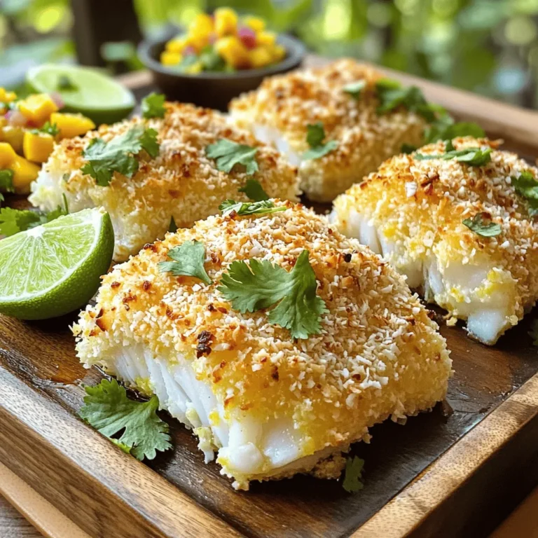 - 4 cod fillets (about 6 oz each) - 1 cup unsweetened shredded coconut - 1/2 cup panko breadcrumbs - 1/4 cup all-purpose flour - 2 large eggs, beaten - 1 teaspoon garlic powder - 1 teaspoon onion powder - 1/2 teaspoon salt - 1/4 teaspoon black pepper - Zest of 1 lime - Olive oil spray You can add flavor to the dish with some optional seasonings. Try adding: - 1/2 teaspoon paprika for a smoky taste. - 1/2 teaspoon cayenne pepper for heat. - Fresh herbs like cilantro or parsley for freshness. These add-ins can enhance the taste and bring a new twist to the cod. Each serving of this coconut crusted cod contains: - Calories: Approximately 350 - Protein: 25g - Carbohydrates: 30g - Fat: 15g - Fiber: 3g This dish is a great balance of protein and carbs. It provides a tasty meal that won't break your diet. Enjoy it guilt-free! To create the tasty coating, grab a shallow dish. Mix 1 cup of unsweetened shredded coconut, 1/2 cup of panko breadcrumbs, 1 teaspoon of garlic powder, 1 teaspoon of onion powder, 1/2 teaspoon of salt, 1/4 teaspoon of black pepper, and the zest of 1 lime. Stir this mix well. The coconut gives a nice crunch, while the panko adds lightness. Set this aside for now. Next, take another shallow dish and add 1/4 cup of all-purpose flour. Coat each cod fillet lightly in the flour. Make sure to shake off any extra flour. This step helps the egg stick better. Then, dip the floured fillets into 2 beaten eggs. Make sure they are covered in egg. This will help the coconut mixture stick to the fish. Now, take the egg-coated cod and transfer it to the coconut-panko mix. Press down firmly on the fillets. This ensures the coating sticks well. Make sure every inch of the fish is covered in this tasty crust. Before you cook, preheat your air fryer to 375°F (190°C) for about 5 minutes. While it heats up, lightly spray the air fryer basket with olive oil spray. Place the crusted cod fillets in the basket in a single layer. Leave some space between them for even cooking. Spray the tops of the fillets lightly with olive oil as well. Cook the cod for about 10 to 12 minutes. Halfway through, flip the fillets so they cook evenly. You’ll know they are done when the crust is golden brown and the fish flakes easily with a fork. Once cooked, remove the cod and let it rest for a minute before serving. Enjoy this crispy delight! To get that crispy texture, follow these steps: - Use Fresh Ingredients: Fresh cod fillets yield the best results. - Dry the Fish: Pat the cod fillets dry with paper towels. This helps the coating stick. - Even Coating: Ensure even coverage of the coconut and panko mix. Press down firmly for a good grip. - Spray Oil: Lightly spray the tops of the fillets with olive oil. This promotes browning and crispiness. Here are some common pitfalls to watch for: - Skipping the Flour: Always coat the cod in flour first. This helps the egg and coating stick better. - Overcrowding the Basket: Cook in batches if needed. This allows hot air to circulate and cooks the fish evenly. - Not Preheating the Air Fryer: Preheating is key. It ensures the cod cooks quickly and crisps up nicely. If you don’t have an air fryer, you can still make this dish: - Oven Method: Preheat your oven to 400°F (200°C). Place the crusted cod on a baking sheet lined with parchment paper. Bake for 15-20 minutes, flipping halfway through. - Pan-fry Method: Heat some oil in a pan over medium heat. Fry the cod for about 4-5 minutes on each side until golden brown. This method adds a lovely flavor but may use more oil. These tips and tricks will ensure that your coconut-crusted cod is a hit every time you make it! {{image_2}} You can make this recipe gluten-free. Simply swap the all-purpose flour and panko breadcrumbs with gluten-free options. Use gluten-free flour for dredging. For the coating, look for gluten-free panko or crushed gluten-free crackers. This way, you can still enjoy that crunchy texture without gluten. You can spice things up easily! Try adding smoked paprika or cayenne pepper for heat. If you love fresh herbs, mix chopped cilantro or parsley into the coating. You can also add lemon zest instead of lime for a different citrus twist. Experiment with flavors to find what you like best! Pair your coconut crusted cod with fun sides. A tropical mango salsa adds sweetness and color. You can also serve it with a fresh salad, like a citrus or avocado salad. Rice or quinoa makes a great base too. These sides enhance the meal and balance the flavors perfectly. After cooking, let the cod cool down. Place any leftovers in an airtight container. Keep it in the fridge. Cod stays fresh for about 2-3 days. Make sure to store the cod without the sauce. This keeps the crust crispy. To reheat, use the air fryer for best results. Preheat it to 350°F (175°C). Place the cod in the basket and heat for about 5-7 minutes. This keeps the crust crunchy. You can also use an oven. Set it to 350°F (175°C) and heat for 10-12 minutes. You can freeze the uncooked, coated cod. Place the coated fillets in a single layer on a baking sheet. Freeze until solid, then transfer to a freezer bag. This method saves space. The frozen cod lasts for about 2 months. When ready, cook from frozen. Just add a few extra minutes to the cooking time. To keep the coating on your cod, follow these steps: - Make sure to coat the fish in flour first. This helps the egg stick better. - Press the coconut-panko mix firmly onto the cod. This helps it stick well. - Don’t rush the cooking. Let it cook until golden brown to seal in the crust. If you follow these tips, your cod will have a nice, crunchy coating. Yes, you can use other fish! Some great options are: - Tilapia - Halibut - Catfish - Salmon Each fish has its own flavor and texture. Adjust the cooking time as needed. Thicker fish may need more time. Coconut crusted cod can be a healthy choice. Here are some reasons why: - Cod is low in calories and high in protein. - The unsweetened coconut adds fiber and healthy fats. - Using an air fryer cuts down on oil, making it lighter. Pair it with fresh veggies or a salad for a balanced meal. Enjoy your healthy, tasty dish! In this blog post, we covered making coconut-crusted cod from start to finish. We discussed ingredients, cooking steps, and tips for the best results. Remember to choose the right fish and seasonings to fit your taste. Crispy cod can be easy and fun to make. Try different seasonings and sides to keep it fresh. With these cooking methods and storage tips, you can enjoy this dish anytime. Dive into the world of coconut-crusted cod and impress your taste buds!