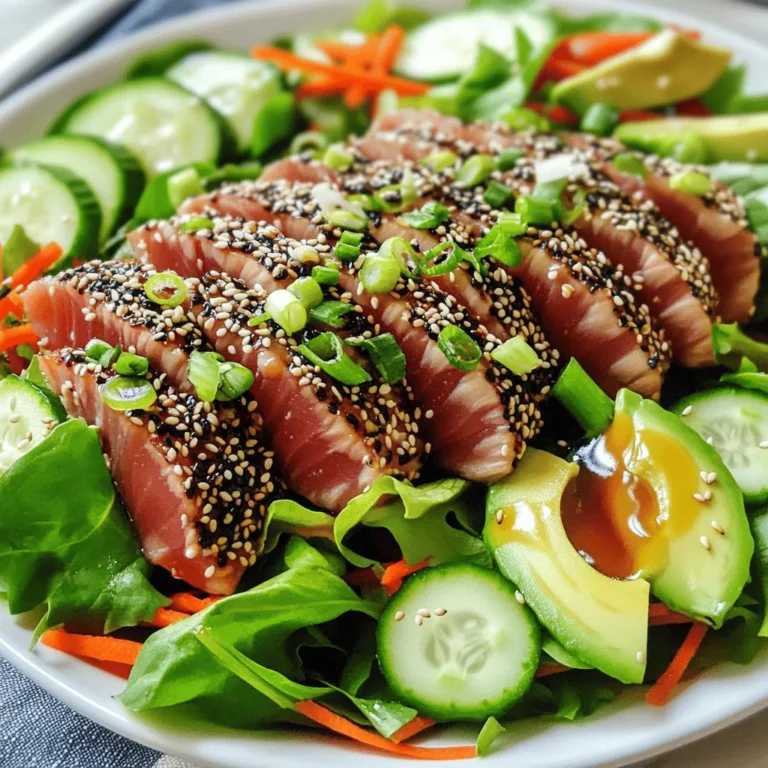 For this recipe, you need 2 Ahi tuna steaks, each about 6 ounces. Ahi tuna is fresh and rich in flavor. It cooks quickly and is perfect for searing. The coating is a mix of 1/4 cup black sesame seeds and 1/4 cup white sesame seeds. This blend adds texture and a nutty taste. The seeds stick well to the tuna, creating a crunchy crust. You will use 4 cups of mixed salad greens, which can include arugula, spinach, and baby kale. For added crunch, include 1 cucumber sliced thin, 1 carrot shredded, 1/2 red bell pepper sliced, and 1 avocado sliced. These ingredients bring freshness and color to your dish. For the dressing, gather 2 tablespoons of soy sauce (or tamari for a gluten-free option), 1 tablespoon of rice vinegar, 1 tablespoon of sesame oil, and 1 teaspoon of honey or agave syrup. This combination creates a flavorful sauce to tie the salad together. First, take your Ahi tuna steaks and pat them dry. Use paper towels to remove excess moisture. This step helps the tuna sear well. Next, season both sides lightly with salt and pepper. Don’t overdo it; just a pinch will do. Now, let’s coat the tuna. On a flat plate, mix the black and white sesame seeds. Press each tuna steak into the seeds. Make sure to coat all sides evenly. This adds a crunchy texture and nutty flavor. In a non-stick skillet, pour in the olive oil. Heat it over medium-high heat. Once the oil is hot, gently place the sesame-crusted tuna steaks in the pan. Sear each side for about 2 minutes for medium-rare. Adjust the time if you like it cooked more. When done, remove them from heat and let them rest for a couple of minutes. While the tuna rests, prepare the salad. In a large bowl, combine the mixed salad greens, sliced cucumber, shredded carrot, sliced red bell pepper, and avocado. Toss everything together gently. This mix adds color and crunch to your dish. Now, let’s whip up the dressing. In a small bowl, whisk together the soy sauce, rice vinegar, sesame oil, and honey or agave syrup. Mix until well combined. This dressing brings a sweet and savory kick to your salad. Once the tuna has rested, slice it against the grain into thin strips. To serve, divide the salad mixture onto plates. Top each salad with the sliced tuna. Drizzle the dressing over the top. If you want, add sliced green onions and extra sesame seeds for garnish. Enjoy your fresh and flavorful meal! When picking Ahi tuna, look for bright color. Fresh tuna should have a deep red hue. The flesh must feel firm and moist. Avoid any fish that smells strong or has brown spots. Buying from a trusted fishmonger is key. Ask for sushi-grade tuna to ensure quality. Cooking times depend on your preference. For medium-rare, sear the tuna for about 2 minutes on each side. If you like it more cooked, add another minute per side. Remember, tuna cooks quickly. Overcooking can make it tough and dry. Always let it rest for a few minutes after cooking. To impress, arrange your salad with care. Use a large plate and layer the greens first. Place sliced tuna on top in a fan shape. Drizzle the dressing in an artistic swirl. Finish with extra sesame seeds and green onions for color. A beautiful presentation makes the dish more inviting. {{image_2}} If you want to switch up the protein, try salmon or chicken. Both work well with the sesame crust. Cook the salmon the same way as the tuna. For chicken, use thin breast slices. Adjust cooking time to ensure they stay juicy. To make this dish vegan, use marinated tofu instead of tuna. Press the tofu to remove excess water. Coat it with sesame seeds and sear it just like the tuna. For a vegetarian twist, consider using tempeh. Both options offer great texture and flavor. Feel free to add more toppings to your salad. I love adding sliced radishes for crunch. You can also include edamame or roasted chickpeas for protein. Try adding fruit like mango or berries for a sweet touch. Fresh herbs like cilantro or mint can enhance the flavor too! To store leftover salad, place it in an airtight container. This keeps the greens fresh. Use a container that is not too big, so the salad does not move around. You can store it in the fridge for up to two days. If the salad has dressing, it may get soggy. If you can, store the dressing separately. This keeps the salad crisp until you are ready to eat it. Store leftover tuna in a sealed container. You should refrigerate it right away. It will stay fresh for one to two days. If you want to keep it longer, consider freezing it. Wrap the tuna tightly in plastic wrap before placing it in a freezer bag. This helps avoid freezer burn. Thaw it in the fridge when you are ready to use it. Reheat tuna carefully to avoid overcooking. The best way is to use a skillet. Heat it on low and add a bit of oil. Place the tuna in the skillet and heat for about one minute per side. You can also use the microwave, but do this with care. Use low power and cover the tuna to keep it moist. Heat for 30 seconds at a time, checking often. Enjoy your meal while keeping the flavors fresh! Ahi tuna is a type of fish, also known as yellowfin tuna. It has a firm texture and a rich flavor. Ahi is popular for sushi and sashimi due to its quality. You can find it in many seafood markets. When buying, look for bright red flesh with a clean smell. To make the salad more filling, add heartier ingredients. Consider adding grains like quinoa or farro. You can also include beans for extra protein. Nuts or seeds, like almonds or pumpkin seeds, add crunch and nutrition. Finally, toss in some cheese, like feta or goat cheese, for creaminess. Yes, you can use pre-packaged salad greens. They save time and make prep easier. Look for fresh mixes with arugula, spinach, or baby kale. Just rinse them well before use. This ensures you have a clean and crisp salad base. If you don’t have sesame oil, try using peanut oil or olive oil. Both add flavor and work well in the dressing. You can also use a mix of sunflower oil and a dash of soy sauce for a similar taste. Adjust the amount to your preference. To check if Ahi tuna is done, look for color. The outside should be brown, while the inside stays pink. For medium-rare, cook for about 2 minutes per side. If you prefer it more cooked, increase the time slightly. A food thermometer should read 125°F for medium-rare. We explored the key ingredients for a tasty ahi tuna salad. You learned how to prepare and sear the tuna, coat it with sesame seeds, and mix a flavorful dressing. The tips covered selecting fresh fish and presentation ideas. I also shared variations for different diets and how to store leftovers properly. Remember, mastering this dish brings health and flavor to your meals. Enjoy your cooking journey and impress your friends with this refreshing salad!