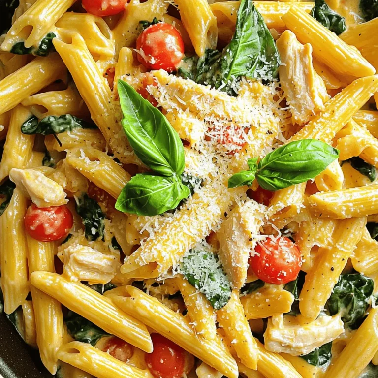 For this tasty dish, you need a few key items: - 1 lb (450g) boneless, skinless chicken breasts, diced - 2 tablespoons olive oil - 3 cloves garlic, minced - 1 medium onion, diced - 1 cup cherry tomatoes, halved - 1 teaspoon Italian seasoning - 1 cup chicken broth - 8 oz (225g) penne pasta - 1 cup heavy cream - 1 cup spinach, roughly chopped - Salt and pepper to taste - Grated Parmesan cheese for serving - Fresh basil leaves for garnish These ingredients bring together rich flavors and textures. The chicken adds protein, while the spinach and tomatoes provide freshness. The heavy cream makes the sauce creamy and smooth. You can mix things up with some optional ingredients: - Use grape tomatoes instead of cherry tomatoes. - Swap penne pasta for other shapes like fusilli or bowtie. - Add sun-dried tomatoes for a tangy twist. - Include mushrooms for extra earthiness. - Replace heavy cream with half-and-half for a lighter sauce. These changes can make the dish your own. Feel free to experiment based on what you have at home. This dish can fit various dietary needs: - For gluten-free options, use gluten-free pasta. - To make it dairy-free, swap the heavy cream with coconut milk or a nut cream. - For a lower-carb version, try zucchini noodles or cauliflower pasta. These options make it easy to enjoy this creamy dish while meeting your dietary goals. Always check labels to ensure ingredients match your needs. First, I turn on the Instant Pot and set it to 'Sauté' mode. I add two tablespoons of olive oil to the pot. When the oil is hot, I add one pound of diced chicken breasts. I season the chicken with salt and pepper. I cook it for about five to seven minutes until it gets a nice brown color. Once done, I remove the chicken and set it aside. Next, I use the same pot for the aromatics. I add one medium diced onion. I let it cook for two to three minutes until it turns translucent. Then, I stir in three minced garlic cloves and one teaspoon of Italian seasoning. I cook this mix for one more minute to bring out all the great flavors. After the aromatics are ready, I add one cup of halved cherry tomatoes to the pot. I stir everything well to combine. Then, I pour in one cup of chicken broth. I make sure to scrape the bottom of the pot with a wooden spoon. This step is key to getting all the tasty bits that stick to the pot. Now, I place eight ounces of penne pasta into the pot. I ensure the pasta is fully submerged in the broth. I then add the browned chicken back into the pot. I close the lid, set the valve to 'Sealing', and select 'Manual' or 'Pressure Cook' on high for four minutes. Once the cooking time is up, I carefully release the pressure by turning the valve to 'Venting'. After the pressure drops, I open the lid. Now comes the fun part! I stir in one cup of heavy cream and one cup of roughly chopped spinach. I mix everything until the spinach wilts. Finally, I taste the dish and adjust the seasoning with salt and pepper as needed. I spoon the creamy chicken pasta into bowls. I top each serving with grated Parmesan cheese and fresh basil leaves for a fresh touch. - Not browning the chicken: Skipping this step robs your dish of flavor. Always brown the chicken first. - Overcooking the pasta: The pasta will cook more in the Instant Pot. Use the right cooking time to prevent mushiness. - Ignoring the sauté step: This step enhances flavors. Don’t rush; it’s worth the wait. - Use heavy cream: This is key to a rich and creamy texture. Avoid low-fat alternatives for best results. - Add cream at the end: Stir in the cream after cooking. This keeps it creamy and prevents curdling. - Mix well: Ensure that the cream blends with the pasta and chicken. This creates a smooth and luscious sauce. - Follow the order of ingredients: Add ingredients as listed in the recipe. This ensures even cooking and flavor. - Seal properly: Always check the sealing ring. A good seal keeps the pressure in for proper cooking. - Quick release caution: Be careful when releasing pressure. Use a cloth to avoid steam burns. These tips will help you create a delightful Creamy Tuscan Chicken Pasta. Enjoy! {{image_2}} To make a vegetarian version, swap the chicken for hearty vegetables. Zucchini, bell peppers, and mushrooms work great. You can also use canned chickpeas for protein. Sauté the vegetables until tender. Follow the rest of the recipe as usual, but leave out the chicken broth. Use vegetable broth instead. You can customize this dish by using different proteins. Try shrimp or diced turkey instead of chicken. If using shrimp, add them in the last minute of cooking. For turkey, cook it until browned, just like the chicken. Adjust the seasoning to match the protein you choose. For gluten-free options, use your favorite gluten-free pasta. Many brands offer penne or fusilli made from rice, corn, or lentils. Cook times may vary, so check the package instructions. Ensure your chicken broth is gluten-free as well to keep the dish safe for everyone. Store any leftover creamy Tuscan chicken pasta in an airtight container. Let it cool down to room temperature first. This helps keep it fresh. Place the container in the fridge. It should stay good for 3 to 4 days. To reheat, you can use the microwave or the stove. If using the microwave, place a portion in a bowl. Heat it for 1 to 2 minutes, stirring halfway through. On the stove, add the pasta to a pan over low heat. Stir often until it’s hot. If the pasta seems dry, add a splash of chicken broth or cream. If you want to freeze the pasta, do it before adding the cream. Freeze it in an airtight container or a freezer bag. It can last up to 3 months in the freezer. When you're ready, thaw it overnight in the fridge. Cook it in a pot, adding the cream and spinach as you heat it. This keeps the dish fresh and creamy. Yes, you can use frozen chicken! Just add a few extra minutes to the cooking time. Make sure to cut the chicken into smaller pieces for even cooking. If you do this, let the Instant Pot come to pressure for about 6-8 minutes instead of 4. After cooking, follow the same steps for the rest of the dish. To add some heat, try these simple tricks: - Add red pepper flakes when you sauté the garlic and onion. Start with 1 teaspoon and adjust to your taste. - Mix in some diced jalapeños or fresh chili peppers right before you add the chicken broth. - Use spicy Italian sausage instead of chicken for a bolder flavor. If you want a lighter option, try these substitutes: - Use half-and-half for a creamier texture without the full fat of heavy cream. - Coconut milk gives a nice flavor and is dairy-free. - Silken tofu blended until smooth can also work well for a creamy texture. - For a tangy twist, use Greek yogurt, but add it after cooking to avoid curdling. This post covered how to make Instant Pot Creamy Tuscan Chicken Pasta. We discussed key ingredients, cooking steps, and tips for the best results. You can even swap in different proteins or make it vegetarian. Storing leftovers is easy, too. Remember, practice makes perfect. With these tips, you will create a dish your family loves. Enjoy cooking and experimenting with this recipe!