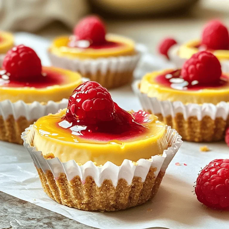 For the creamy filling, you need: - 16 oz cream cheese, softened - 1/2 cup granulated sugar - 2 large eggs - 1 teaspoon vanilla extract - Zest of 1 lemon - 1/4 cup fresh lemon juice - 1 cup raspberries (fresh or frozen) These ingredients blend to create a rich and tangy taste. The cream cheese forms the base, while the sugar adds sweetness. Eggs help to set the filling. Vanilla, lemon zest, and juice provide bright flavor. To make the crust, gather: - 1 cup graham cracker crumbs - 2 tablespoons granulated sugar - 1/4 cup unsalted butter, melted This crust gives a sweet and crunchy base. The graham crackers add texture. Sugar enhances the flavor, and melted butter binds it all together. You can add a few extras for flair: - 2 tablespoons honey (optional, for sweetness) - Fresh raspberries for topping These optional garnishes make your mini cheesecakes pop. Honey can add more sweetness, while fresh raspberries give a beautiful finish. First, preheat your oven to 325°F (160°C). This step is key to a great bake. Next, line a muffin tin with paper liners. You need about 12 liners for this recipe. The liners help with easy removal later. In a mixing bowl, combine 1 cup of graham cracker crumbs, 2 tablespoons of sugar, and 1/4 cup of melted unsalted butter. Stir the mixture until the crumbs are fully coated. This gives a nice buttery flavor. Now, take about 2 tablespoons of the crust mix and press it into the bottom of each muffin liner. Use the back of a spoon or your fingers to pack it tightly. This forms the base for your cheesecakes. For the filling, grab a large mixing bowl. Beat 16 oz of softened cream cheese and 1/2 cup of sugar together until smooth and creamy. This will take about 2-3 minutes. Add 2 large eggs one at a time, mixing well after each addition. Next, add 1 teaspoon of vanilla extract, the zest of 1 lemon, and 1/4 cup of fresh lemon juice. Mix until everything blends together smoothly. Finally, gently fold in 1 cup of raspberries. Be careful not to break them too much. You want some whole berries for texture. Now, spoon the cheesecake filling over the baked crusts. Fill each liner about 3/4 full. Place the muffin tin back in the oven and bake for 18-20 minutes. The edges should be set, while the center remains slightly jiggly. Once baked, turn off the oven and let the cheesecakes cool inside with the door ajar for about 30 minutes. This helps prevent cracks. After that, allow them to cool completely at room temperature. Finally, refrigerate for at least 4 hours or overnight to let them firm up. Enjoy your perfect Raspberry Lemon Mini Cheesecakes! To make your mini cheesecakes smooth and creamy, start with softened cream cheese. Cold cream cheese will not mix well. Beat it for 2-3 minutes until fluffy. This helps incorporate air, giving a light texture. Add eggs one at a time for the best blend. This keeps your cheesecake from being dense. Cracks happen when cheesecakes cool too fast. After baking, turn off the oven and leave the door slightly open. Let them sit for 30 minutes inside. This gentle cooling helps prevent cracks. Also, do not overbake. The center should jiggle a bit. It will firm up as it cools. Serve your cheesecakes chilled for the best taste. Top with fresh raspberries for a pop of color. A drizzle of honey adds sweetness and shine. These mini cheesecakes pair well with whipped cream. For a twist, try a scoop of vanilla ice cream on the side. {{image_2}} You can switch up the crust to make these mini cheesecakes even more fun. Instead of graham crackers, try using crushed almond cookies. They add a nutty flavor that pairs well with the tangy lemon. You could also use Oreo cookies for a chocolate twist. Just crush them into fine crumbs and mix with melted butter. This change brings a unique taste that everyone will enjoy. While raspberries shine in this recipe, you can use other fruits too. Blueberries add a burst of sweetness. Strawberries offer a classic flavor that everyone loves. You can even mix in some chopped peaches or cherries for a seasonal touch. Just make sure to adjust the sugar if you use sweeter fruits. Each fruit brings its own flavor and charm to these mini cheesecakes. For a vegan version, replace cream cheese with a plant-based option. You can use cashew cream or silken tofu blended smooth. For the eggs, use flaxseed meal mixed with water for a binding effect. To make it gluten-free, use gluten-free graham crackers or almond flour for the crust. These changes keep the taste delicious while catering to different diets. You won’t lose flavor or texture with these swaps. To keep your raspberry lemon mini cheesecakes fresh, store them in the fridge. Place them in an airtight container. This prevents them from absorbing other smells. You can also cover them tightly with plastic wrap. Just make sure they are completely cool before covering. They will stay good this way for about four days. You can freeze mini cheesecakes for later enjoyment. First, let them cool completely. Then, remove them from the muffin tin. Wrap each cheesecake in plastic wrap. After that, place them in a freezer bag or airtight container. They can last in the freezer for up to three months. When you are ready to eat them, thaw them in the fridge overnight. These delightful treats have a short but sweet shelf life. In the fridge, they last about four days. If you freeze them, they can last up to three months. To enjoy them at their best, eat them fresh within a few days. However, if you freeze them, they will still taste great after thawing. Just remember to follow proper storage steps for the best flavor. Yes, you can make these cheesecakes a day in advance. Store them in the fridge. This allows the flavors to blend well. Just cover them with plastic wrap. They will taste fresh and delicious when served. The cheesecakes are done when the edges are set. The center should be slightly jiggly. You can check by gently shaking the pan. If it jiggles like gelatin, it is ready. Remember, it will firm up as it cools. If your cheesecake cracks, don’t worry! It can still taste great. Try these tips: - Bake at a lower temperature to prevent cracking. - Cool the cheesecakes slowly in the oven. - Use a water bath during baking for even heat. If it cracks, cover it with fruit or whipped cream for a pretty fix. In this blog post, we covered how to make delicious mini cheesecakes. We explored key ingredients and the step-by-step baking process. You learned tips to avoid cracks and achieve the right texture. We also discussed fun variations, storage methods, and answered common questions. Now, you can create mini cheesecakes with confidence. Enjoy experimenting with flavors and toppings. With practice, your cheesecakes will delight everyone!