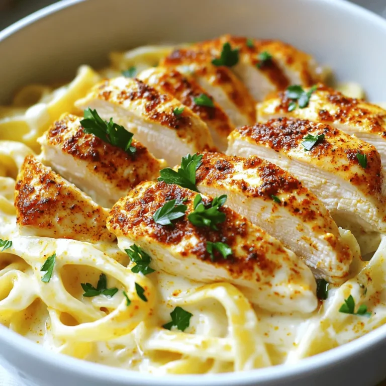 - 2 boneless, skinless chicken breasts - 2 tablespoons Cajun seasoning - 1 tablespoon olive oil - 8 ounces fettuccine pasta - 1 cup heavy cream - 1 cup grated Parmesan cheese - 2 cloves garlic, minced - 1 tablespoon butter - Salt and pepper to taste - Chopped parsley for garnish Each ingredient plays a key role in making Cajun Chicken Alfredo delicious. The chicken breasts bring protein and a nice texture. Cajun seasoning adds flavor and warmth. Olive oil helps cook the chicken without sticking. Fettuccine pasta is perfect for holding the sauce. Heavy cream makes the sauce rich and creamy. Parmesan cheese adds a salty kick. Garlic gives a fragrant taste. Butter enhances the sauce's flavor. Salt and pepper are essential for balancing everything. Finally, parsley adds a fresh touch. You can swap some ingredients based on your taste or what you have. Use shrimp or tofu instead of chicken for different protein. For a lighter sauce, try half-and-half instead of heavy cream. If you want a dairy-free dish, use cashew cream or coconut cream. You can also use any pasta shape you like, such as penne or rigatoni. For a bit of heat, add crushed red pepper flakes or fresh jalapeños. These changes can still keep the dish tasty! First, take your two boneless, skinless chicken breasts. Season both sides with Cajun seasoning. Make sure the chicken is well-coated. This step adds great flavor. Next, heat two tablespoons of olive oil in a large skillet over medium-high heat. Place your seasoned chicken in the skillet. Cook for about 5-7 minutes on each side. Look for a golden brown color. Make sure the chicken is cooked through. Once done, remove it from the skillet and let it rest. After a few minutes, slice the chicken into strips. Now, let’s make the creamy Alfredo sauce. In the same skillet, reduce the heat to medium. Add one tablespoon of butter and let it melt. Once it’s melted, add two cloves of minced garlic. Sauté the garlic for about 30 seconds. You want it to smell nice but not brown. Next, pour in one cup of heavy cream. Bring it to a simmer. Let the cream cook for 2-3 minutes. You want it to thicken just a bit. Now, slowly stir in one cup of grated Parmesan cheese. Mix until the cheese is melted and smooth. Season the sauce with salt and pepper to taste. While making the sauce, cook your fettuccine pasta. Boil a large pot of salted water. Add 8 ounces of fettuccine and follow the package instructions. Cook until al dente. Drain the pasta and set it aside. Now, add the cooked fettuccine to your Alfredo sauce. Toss gently to coat the pasta. Make sure every piece is covered in sauce. Finally, slice the rested Cajun chicken and lay it over the pasta. For a nice touch, garnish with chopped parsley. Enjoy your tasty comfort food dish! To get the best flavor, use a good Cajun seasoning. You can buy it or make your own. A mix of paprika, garlic powder, onion powder, cayenne, and thyme works well. Season the chicken evenly. Let it rest for a few minutes after seasoning. This helps the spice soak in, making every bite tasty. Cook the fettuccine in salted water. Follow the package instructions for best results. Al dente is key. This means the pasta should be firm but not hard. Drain the pasta but save a bit of the water. You can add this water to the sauce if it gets too thick. Toss the pasta with the sauce quickly. This helps the sauce stick to every noodle. Garnish your dish with chopped parsley. It adds color and freshness. You can also sprinkle extra Parmesan on top. This makes it look fancy. Serve the chicken sliced on top of the pasta. This way, every person gets a nice piece. Use a large bowl or plate for a beautiful presentation. {{image_2}} You can make a tasty vegetarian Cajun Alfredo. This dish swaps chicken for hearty veggies. Use mushrooms, zucchini, or bell peppers. They add good flavor and texture. Season the veggies with Cajun spice just like the chicken. Cook them until soft and golden. Then, mix them into the creamy sauce. Adding vegetables boosts the dish's flavor and nutrition. Try spinach or broccoli for color. Add them to the sauce while it simmers. They will cook quickly and stay bright. You can also sauté them in the skillet before adding the cream. This way, they soak up the Cajun spice. If you want a different protein, try shrimp or tofu. Shrimp cooks fast and tastes great with Cajun spice. Just sauté them in the skillet until pink. For a plant-based option, use firm tofu. Press and cube the tofu, then fry it until crispy. Mix it with the pasta and sauce for a filling meal. These options keep the dish fun and fresh! To store Cajun Chicken Alfredo, let it cool first. Use an airtight container for best results. Place the dish in the fridge if you plan to eat it within three days. Make sure to cover it well. This keeps the flavors fresh and prevents it from drying out. When you are ready to enjoy the leftovers, reheat them gently. You can use a microwave or a stovetop. If using a microwave, place the dish in a safe bowl. Add a splash of cream or water to keep it moist. Heat on low power, stirring often, until warm. If using the stovetop, warm it over low heat. Stir frequently to avoid burning. You can freeze Cajun Chicken Alfredo for later meals. First, let it cool completely. Then, place it in a freezer-safe container. You can also use freezer bags. Press out as much air as possible to avoid freezer burn. It will stay good for about three months. When ready to eat, thaw it in the fridge overnight before reheating. You can serve Cajun Chicken Alfredo with various sides. A fresh green salad makes a great choice. You could also pair it with garlic bread for a tasty touch. Roasted vegetables add color and nutrition to your meal. If you want something light, steamed broccoli works well too. Yes, you can make Cajun Chicken Alfredo ahead of time. Cook the chicken and sauce, then store them separately. The pasta can be cooked and stored too. Keep everything in the fridge for up to two days. When you are ready to eat, just reheat and combine. This way, you save time on busy days. Cajun Chicken Alfredo can be spicy due to the Cajun seasoning. If you prefer less heat, use less seasoning. You can also add more cream to tone down the spice. Another option is to mix in some cheese, which adds creaminess. Taste as you go to find your perfect balance. In this blog post, we explored every aspect of Cajun Chicken Alfredo. We covered the key ingredients, step-by-step instructions, and helpful tips. You learned how to customize the dish with variations and how to store leftovers. My final thought is to enjoy the process. Experiment with flavors and make this dish your own. Each bite should remind you of your efforts and creativity in the kitchen.