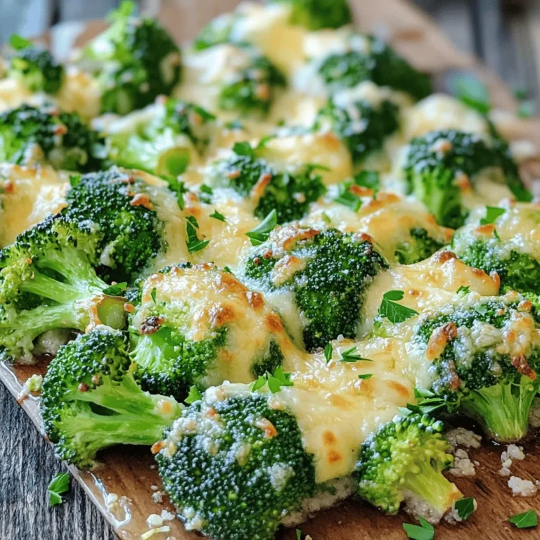 - 2 large heads of broccoli, cut into florets: Broccoli is the star of this dish. It adds crunch and nutrition. - 4 cloves garlic, minced: Garlic gives the dish a rich, savory flavor. - 1/4 cup grated Parmesan cheese: This creates a delicious, cheesy topping. - 3 tablespoons olive oil: Olive oil helps to roast the broccoli and adds healthy fats. - 1 teaspoon lemon zest: Lemon zest adds a bright, fresh flavor. - 1 teaspoon salt: Salt enhances all the flavors in the dish. - 1/2 teaspoon freshly ground black pepper: Pepper adds a mild heat that balances the dish. - 1/2 teaspoon red pepper flakes (optional): For those who like a bit of spice, this is a great addition. - Fresh parsley for garnish: Parsley adds color and freshness to the dish. You can experiment with other flavors. Consider adding smoked paprika for a smoky taste. Or try a sprinkle of lemon juice for extra zest. Each of these options can make your roasted garlic Parmesan broccoli even more exciting! Broccoli is a superfood. It is high in vitamins C and K. It’s also low in calories, making it perfect for a healthy meal. One serving of this dish has about 150 calories. It provides protein, healthy fats, and fiber. Each serving has: - Calories: 150 - Protein: 5 grams - Fat: 10 grams - Carbohydrates: 12 grams Eating this dish helps you get nutrients without added sugar. It supports a balanced diet and keeps you feeling full. Enjoying roasted garlic Parmesan broccoli is a tasty way to eat healthy! First, gather your ingredients. You need: - 2 large heads of broccoli, cut into florets - 4 cloves garlic, minced - 1/4 cup grated Parmesan cheese - 3 tablespoons olive oil - 1 teaspoon lemon zest - 1 teaspoon salt - 1/2 teaspoon freshly ground black pepper - 1/2 teaspoon red pepper flakes (optional) - Fresh parsley for garnish Wash the broccoli well. Cut it into bite-sized florets. This helps them cook evenly. Mince the garlic finely. Use a sharp knife for best results. For measuring ingredients, use measuring spoons and cups. This ensures you add the right amounts. Too much salt can ruin the dish. Start by preheating your oven to 425°F (220°C). This step is key for perfect roasting. In a large bowl, mix the broccoli, garlic, olive oil, lemon zest, salt, black pepper, and red pepper flakes. Toss everything well. Make sure each floret is coated. Spread the mixture in a single layer on a lined baking sheet. This helps them roast evenly. Roast the broccoli for 15 minutes. Check for tenderness. You want them to be bright green and slightly crispy. After 15 minutes, take the baking sheet out. Sprinkle the grated Parmesan cheese over the broccoli. This will melt and create a delicious crust. Return the baking sheet to the oven. Roast for another 5-7 minutes. The cheese should be golden and bubbly. Once done, let it cool for a minute. Garnish with fresh parsley before serving. Enjoy your tasty and healthy dish! To get perfectly roasted broccoli, follow these tips: - Cut the broccoli into equal-sized florets. This helps them cook evenly. - Use a large bowl to mix your ingredients well. This ensures each floret gets coated. - Spread the broccoli in a single layer on your baking sheet. Overcrowding leads to steaming, not roasting. - Preheat your oven to 425°F (220°C) for crispy edges. Common pitfalls include: - Not using enough olive oil. It helps the broccoli brown beautifully. - Skipping the lemon zest. It adds a fresh flavor that brightens the dish. - Not checking the broccoli while it roasts. You want it tender, not mushy. To boost the flavor, consider adding: - A pinch of garlic powder for extra garlic taste. - Fresh herbs like thyme or rosemary for a fragrant touch. - A squeeze of fresh lemon juice before serving for a zesty kick. For cheese options, you can try: - Pecorino Romano for a sharper taste. - Cheddar for a rich, creamy flavor. - Nutritional yeast for a dairy-free option that adds umami. These simple tweaks can elevate your Roasted Garlic Parmesan Broccoli to new heights! {{image_2}} You can mix it up with different veggies. Cauliflower or Brussels sprouts work great too. Carrots add a nice crunch and color. If you want to skip dairy, use nutritional yeast. It gives a cheesy flavor without the cheese. You can also use a dairy-free Parmesan. Almond or cashew-based options taste good. This dish pairs well with proteins. Try grilled chicken or fish for a tasty meal. It also goes great with grains. Serve it alongside rice or quinoa. For a fun twist, think about using it in a salad. Toss roasted broccoli with fresh greens and a light dressing. You can even make a wrap with it! Just add some protein and your favorite sauce. This dish is not only healthy but also very versatile. To keep your roasted garlic Parmesan broccoli fresh, store it in an airtight container. Place the cooled broccoli in the container within two hours of cooking. It will stay good for up to three days in the fridge. When you are ready to eat, simply reheat it in the oven or microwave. For the oven, set it to 350°F (175°C) and heat for about 10 minutes. In the microwave, use medium power for 2-3 minutes. This helps maintain the flavor and texture you love. If you want to save some roasted broccoli for later, freezing is a great option. Let the broccoli cool completely before packing it. Place it in a freezer-safe bag or container. Try to remove as much air as possible to avoid freezer burn. You can freeze it for up to three months. When you are ready to use it, take it out of the freezer and thaw it in the fridge overnight. To reheat, you can bake it straight from frozen at 400°F (200°C) for about 15-20 minutes. This keeps the broccoli tasty and helps it not get mushy. How long to roast broccoli for tenderness? Roast broccoli for 15 minutes at 425°F (220°C) for a tender bite. After that, add Parmesan and roast for 5-7 more minutes. This helps the cheese melt and get golden. You want the broccoli to be bright green and soft. Can I prepare this dish in advance? Yes, you can prepare this dish ahead of time. Toss the broccoli with garlic and oil. Store it in the fridge for up to a day. When you are ready, roast it as normal. This saves time and still gives great flavor. What are the best dipping sauces for roasted broccoli? Try these sauces with roasted broccoli: - Ranch dressing for a classic taste - Garlic aioli for a rich flavor - Lemon tahini for a fresh twist - Spicy sriracha for those who love heat These dips add a fun touch to your dish and enhance the taste! This article covered everything you need to know about roasting broccoli. We discussed essential ingredients, their roles, and optional flavors. You learned about the health benefits and nutrition of broccoli. I provided step-by-step instructions, including preparation and roasting techniques. We explored tips for enhancing flavor and suggested variations. Lastly, we highlighted storage tips for leftovers and answered common questions. Roasting broccoli is simple and rewarding. Enjoy your delicious, healthy dish!