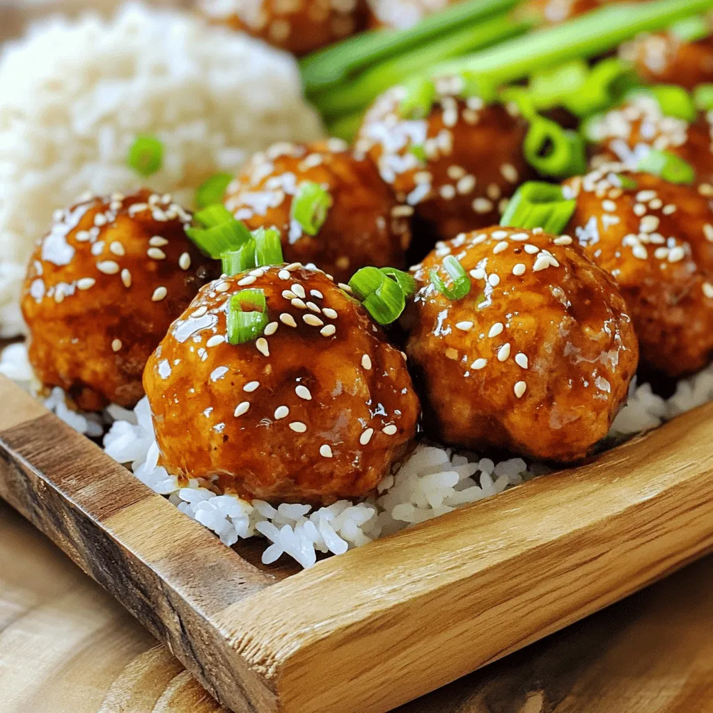 - 1 lb ground chicken - 1/4 cup breadcrumbs - 1/4 cup green onions, finely chopped - 1 clove garlic, minced - 1 tablespoon ginger, grated - 1 tablespoon soy sauce - 1 tablespoon sesame oil - 1 tablespoon honey - 1 teaspoon cornstarch - Salt and pepper to taste - Sesame seeds for garnish - Additional green onions for garnish Gathering these ingredients is the first step to making tasty teriyaki chicken meatballs. Ground chicken gives a juicy base. Breadcrumbs add texture, while green onions and garlic bring fresh flavor. The ginger, soy sauce, sesame oil, and honey work together to create that sweet and savory taste we love in teriyaki. Cornstarch helps bind the meatballs and thicken the sauce. Don't forget the salt and pepper to enhance every bite! Finally, sesame seeds and extra green onions make the dish look beautiful and add crunch. - Combine all ingredients in a large bowl. - Use your hands or a spatula to mix until evenly incorporated. Mixing is key. You want every bite to be full of flavor. Don’t rush this step. The garlic, ginger, and soy sauce will create a great taste. - Preheat the oven to 400°F (200°C). - Scoop out about 1 tablespoon of the chicken mixture and roll it into a ball. - Place each meatball on a baking sheet lined with parchment paper. Aim for uniform size. This helps them cook evenly. Bake them for 15 to 20 minutes. Look for a golden color to know they are done. - Combine soy sauce, honey, and a cornstarch mixture in a pan. - Stir and thicken over medium heat. This sauce adds a sweet and salty kick. Mix for about five minutes until it thickens. Drizzle it over the meatballs right after baking. This makes each bite burst with flavor. To make great meatballs, mix the ingredients well. I use my hands to blend everything together. This helps get the flavors into every bite. If the mixture feels sticky, wet your hands with water. This will help you shape the meatballs without sticking to your hands. Aim for uniform size; this helps them cook evenly. You can cook these meatballs in many ways. Pan-frying gives a nice crust, while grilling adds a smoky flavor. If you bake them at 400°F, they will cook in about 15-20 minutes. To check if they are done, use a meat thermometer. The inside should reach 165°F. If you don’t have one, cut a meatball in half. The center should be white, not pink. The teriyaki sauce can be more than just sweet. You can add chili flakes for heat or sesame seeds for crunch. For a twist, mix in pineapple juice for a fruity flavor. Serve these meatballs over rice or noodles, and drizzle with extra sauce. Add fresh herbs like cilantro or parsley for a bright touch. {{image_2}} You can switch the ground chicken for turkey or pork. Both options give a delicious twist. Turkey meatballs are leaner but still juicy. Pork adds a rich flavor that many enjoy. If you want a meatless option, try using tofu or plant-based meat. Both work well with teriyaki sauce and still taste great. Get creative with your sauce! You can try spicy teriyaki by adding chili paste. Adjust the sweetness by using less honey or adding brown sugar. Want more texture? Mix in some finely chopped carrots or bell peppers into the meatball mix. Fresh herbs like cilantro or basil can also add a bright flavor. Serve your teriyaki meatballs over a bed of rice or noodles. This creates a hearty meal. For a fun party idea, make meatball skewers. Just thread the meatballs on sticks and grill or bake them. They make a tasty finger food that everyone will love. To keep your teriyaki chicken meatballs fresh, store them in the fridge. Use an airtight container to prevent moisture loss. They can stay good for about 3 to 4 days. If you want to enjoy them later, freezing is a great option. To freeze the meatballs, let them cool completely first. Arrange them in a single layer on a baking sheet. Once frozen, transfer them to a freezer bag. This method helps them stay separate. Frozen meatballs can last up to 3 months. When you are ready to eat, reheat them in the oven at 350°F (175°C) for about 20 minutes. You can also microwave them for 2-3 minutes. Prepping meatballs ahead can save you time on busy nights. You can make a big batch on the weekend. Store them in the fridge or freezer. Pair the meatballs with steamed rice or a fresh salad for a full meal. You can even use them in wraps or sandwiches for a tasty lunch. This way, you enjoy delicious meals all week long! How do I know when my meatballs are fully cooked? Your meatballs are fully cooked when they reach an internal temperature of 165°F. You can use a meat thermometer to check this. The meatballs should also be golden brown on the outside. If you cut one open, the meat should no longer be pink. Can I make the meatballs ahead of time? Yes, you can make the meatballs ahead of time. Prepare them and place them on a baking sheet. Cover and refrigerate for up to a day. You can also freeze them. Just bake from frozen, adding a few extra minutes to the cooking time. What can I use instead of breadcrumbs? If you need a substitute for breadcrumbs, you can use crushed crackers or oats. Almond flour or ground nuts also work well for a gluten-free option. They help bind the meatballs and keep them moist. How can I make the dish gluten-free? To make teriyaki chicken meatballs gluten-free, use gluten-free soy sauce or tamari. Substitute regular breadcrumbs with gluten-free options like almond flour or crushed rice crackers. Check all labels to ensure they fit your diet. What to serve with teriyaki chicken meatballs? Teriyaki chicken meatballs pair well with steamed rice or noodles. You can also serve them with a fresh salad or sautéed vegetables. For a fun twist, try serving them as skewers for easy eating. Can I use different types of sauces? Yes, you can use different sauces! Try sweet chili sauce for a spicy kick or a peanut sauce for a nutty flavor. You can mix up the teriyaki sauce too, adding spices like sriracha or sesame seeds for extra taste. To wrap it up, making teriyaki chicken meatballs is simple and fun. You mix ground chicken with tasty ingredients like soy sauce and ginger. Once formed, bake them for a juicy meal. Remember to try different proteins and flavors to find your favorite. Store leftovers properly for easy meals later. With these tips and tricks, you can impress your family and friends. Enjoy your cooking adventure!