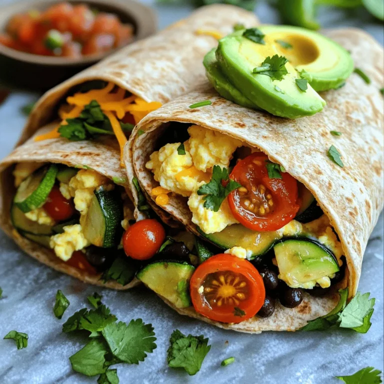 To make delicious veggie loaded breakfast burritos, you need fresh and simple ingredients. Here’s what you will need: - 4 large whole wheat tortillas - 1 cup black beans, rinsed and drained - 1 cup cherry tomatoes, halved - 1 bell pepper (any color), diced - 1 small zucchini, diced - 1 cup spinach, roughly chopped - 4 large eggs - 1/2 cup shredded cheese (cheddar or pepper jack) - 1 avocado, sliced - 1 tablespoon olive oil - Salt and pepper to taste - Optional toppings (salsa, cilantro) These ingredients bring vibrant colors and great tastes to your breakfast. Whole wheat tortillas add fiber, while the black beans boost protein. The cherry tomatoes, bell pepper, zucchini, and spinach load your burrito with vitamins. Eggs provide a creamy base, and cheese adds a delightful melt. Avocado offers healthy fats, making it a filling meal. Use salt and pepper to enhance flavors. You can top your burrito with salsa or cilantro for a fresh kick! How to sauté vegetables Start by heating 1 tablespoon of olive oil in a large skillet over medium heat. Add 1 diced bell pepper and 1 small diced zucchini. Sauté these for about 3-4 minutes. You want them to soften but not lose their crunch. Next, add 1 cup of halved cherry tomatoes and 1 cup of roughly chopped spinach. Cook this mixture for about 2-3 minutes. Stir occasionally so all the veggies cook evenly. Season with salt and pepper to taste. Scrambling the eggs In a bowl, take 4 large eggs and whisk them well. Push the cooked veggie mixture to one side of the skillet. Pour the eggs into the empty side. Scramble them until fully cooked. This will take about 2-3 minutes. Once done, mix the eggs with the veggies in the skillet. Combining ingredients Now, add 1 cup of rinsed and drained black beans and ½ cup of shredded cheese, either cheddar or pepper jack. Stir everything together until the cheese melts and the mixture is heated through. This is your delicious filling for the burritos! Rolling and folding technique To assemble, take a large whole wheat tortilla. Place some of the veggie-egg mixture in the center. Add a few slices of avocado on top for extra creaminess. Fold in the sides of the tortilla first, then roll it tightly from the bottom. This keeps all the tasty filling inside. Serving suggestions Cut the burritos in half for easy eating. You can serve them with salsa on the side. A sprinkle of fresh cilantro on top adds a nice touch. Ideal heat settings Medium heat works best for sautéing your vegetables. This helps them cook evenly without burning. For scrambling eggs, keep the heat at medium-low. This makes sure the eggs stay fluffy. Cooking durations for optimal results Sauté the vegetables for about 5-7 minutes total. Scramble the eggs for around 2-3 minutes. The whole cooking process should take about 15 minutes. This timing gives you a perfect balance of flavors and textures. - Best ways to cook eggs for a burrito: I like to scramble eggs in a skillet. First, beat the eggs until smooth. Then, push the cooked veggies to one side. Pour the eggs into the empty space. Stir them gently until they are fluffy and cooked. - How to enhance flavor with seasonings: Use salt and pepper to season the veggies and eggs. You can also add garlic powder or paprika for extra taste. A pinch of cumin gives a nice twist, too. - Creative plating suggestions: To make your burrito pop, cut it in half and show off the colorful filling. Use a plate with a bright color to make the dish stand out. You can also stack the halves for a fun look. - Garnishing options with cilantro and salsa: Fresh cilantro adds a nice touch. Sprinkle it on top of your burrito. Serve it with a side of salsa for a burst of flavor. You can also add a wedge of lime for a zesty kick. - Health advantages of specific vegetables: Spinach is packed with iron and vitamins. Bell peppers are full of vitamin C. Zucchini is low in calories and adds fiber. These veggies help keep your body strong and healthy. - Caloric breakdown: Each burrito has around 400 calories, depending on the cheese and toppings. The whole wheat tortilla adds fiber, which is good for digestion. Using black beans gives you protein to start your day right. {{image_2}} You can change the veggies in your burrito. Try these options: - Mushrooms for extra umami - Kale instead of spinach - Sweet potatoes for a sweeter taste If you want a dairy-free burrito, use these cheese options: - Nutritional yeast for a cheesy flavor - Dairy-free mozzarella for melty goodness Want a spicy kick? Add some spices like: - Cumin for warmth - Chili powder for heat - Paprika for smokiness You can also mix in different proteins: - Turkey or chicken for a meaty touch - Tofu for a plant-based protein - Sausage for a hearty bite You can enjoy burritos in different ways. Try these options: - Vegetarian burritos for a fresh take - Non-vegetarian burritos for meat lovers If you want a twist, make a breakfast burrito bowl: - Skip the tortilla and serve in a bowl - Add rice or quinoa for a filling base - Top with avocado and salsa for flavor To keep your veggie-loaded breakfast burritos fresh, place them in an airtight container. Let them cool first. Store in the fridge for up to three days. If you want to save them for later, you can freeze these burritos. Wrap each burrito in plastic wrap, then place them in a freezer bag. This helps avoid freezer burn. They can last in the freezer for up to three months. When it's time to eat your leftovers, you can reheat them in a few ways. The best method is using an oven. Preheat the oven to 350°F. Place the burritos on a baking sheet and cover them with foil. Heat for about 15 minutes. This keeps the tortillas from getting too hard. You can also use a microwave. Wrap the burrito in a damp paper towel, then heat for 1-2 minutes. This keeps the burrito moist. In the fridge, your burritos last for three days. In the freezer, they last up to three months. After that, they may lose taste and texture. Always check for any signs of spoilage before eating. If they smell off or look strange, it’s best to toss them. How do I make breakfast burritos vegan? To make breakfast burritos vegan, replace eggs with tofu. Scramble the tofu like eggs. Use vegan cheese or leave it out. Add extra veggies for flavor and texture. Can I meal prep these burritos? Yes, you can meal prep these burritos. Make them ahead of time, wrap them tightly, and store in the fridge. They last for up to four days. You can also freeze them for longer storage. What can I serve with breakfast burritos? You can serve these burritos with salsa, fresh fruit, or a side salad. A dollop of guacamole adds creaminess. You can also pair them with a smoothie for a complete meal. Can I use different types of tortillas? Yes, you can use different types of tortillas. Flour, corn, or gluten-free tortillas work well. Just choose the type you like best. Whole wheat is healthier but feel free to mix it up. Are there gluten-free options for this recipe? Yes, you can use gluten-free tortillas. Many brands offer tasty options made with rice or other grains. Just check the labels to ensure they are gluten-free. How to ensure eggs are fluffy in the burrito? To make eggs fluffy, whisk them well before cooking. Use medium-low heat and stir gently. This helps keep them soft and light. Don't overcook them. What is the best way to avoid soggy tortillas? To avoid soggy tortillas, warm them briefly before filling. Don't overfill the burritos, and serve them right after making. This keeps them crisp and delicious. You now have a complete guide to making delicious breakfast burritos. We covered the key ingredients, from whole wheat tortillas to fresh veggies and eggs. The step-by-step instructions simplify cooking methods, while tips and tricks enhance flavor and presentation. You can easily customize your burritos with ingredient swaps and delightful variations. In conclusion, enjoy experimenting with your own flavors. Remember, cooking should be fun and rewarding. Make these burritos your own, and share them with family or friends. Happy cooking!
