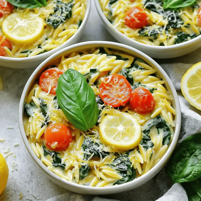 - 1 cup orzo pasta - 4 cups vegetable broth - 1 cup heavy cream - 3 cloves garlic, minced - Zest and juice of 1 large lemon - 1 tablespoon olive oil - 1 cup cherry tomatoes, halved - 1 cup fresh spinach, roughly chopped - 1/2 cup grated Parmesan cheese (plus more for serving) - Salt and pepper to taste - Fresh basil leaves for garnish You can swap orzo pasta with other small pasta like ditalini or couscous. For a lighter option, use half-and-half instead of heavy cream. If you want a vegan dish, try coconut cream and nutritional yeast for the cheese. You can also use low-sodium vegetable broth to control salt levels. 1. Start by heating a large pot over medium heat. Add one tablespoon of olive oil. 2. When the oil is hot, add three cloves of minced garlic. Sauté it for about one minute. You want it fragrant but not burnt. 3. Next, stir in one cup of orzo pasta. Toast the orzo for two to three minutes. Keep stirring until it turns a light golden color. 4. Now, pour in four cups of vegetable broth. Bring the mixture to a boil. 5. Reduce the heat and let it simmer uncovered for eight to ten minutes. Stir occasionally until the orzo is tender, and most of the liquid is absorbed. 1. Once the orzo is cooked, add one cup of heavy cream. Toss in the zest and juice from one large lemon. Stir well to combine. 2. Cook this mixture for an additional two to three minutes. It should become creamy and rich. 3. Now, mix in one cup of halved cherry tomatoes and one cup of roughly chopped fresh spinach. Cook for one to two minutes until the spinach wilts. 1. Remove the pot from the heat. Stir in half a cup of grated Parmesan cheese. This adds depth and flavor. 2. Taste your dish and add salt and pepper as needed. Adjust it to fit your taste. 3. Serve the creamy lemon garlic orzo in bowls. Garnish with fresh basil leaves and extra Parmesan cheese if you like. Enjoy! Toasting orzo adds a nice flavor. Heat olive oil in your pot. Add the orzo and stir for 2-3 minutes. It should turn golden brown. This step makes your dish richer. To avoid overcooking, keep an eye on your orzo. Stir it often while it cooks. When most liquid is gone, check for doneness. The orzo should be tender but not mushy. You can boost flavor with herbs and spices. Fresh basil, parsley, or thyme work great. Add them in during the last few minutes of cooking. This keeps their taste bright. Want protein? Add cooked chicken, shrimp, or chickpeas. Just mix them in when you add the cream. They warm up quickly and add a hearty touch. {{image_2}} You can easily adjust the One-Pot Creamy Lemon Garlic Orzo to fit your needs. For a vegan version, swap the heavy cream for coconut cream or cashew cream. Use nutritional yeast instead of Parmesan cheese for that cheesy flavor. Both options keep the dish rich and tasty. If gluten is a concern, you can use gluten-free orzo made from rice or quinoa. This keeps the creamy texture while keeping the dish safe for those with gluten sensitivities. Pair the orzo with a fresh green salad or some crusty bread. A light arugula salad with a lemon vinaigrette works well. The bright flavors complement the creamy orzo perfectly. For garnishes, sprinkle extra Parmesan on top along with fresh basil leaves. You can also add a few lemon slices for a pop of color. For a kick, consider a dash of red pepper flakes or a drizzle of olive oil before serving. To keep your One-Pot Creamy Lemon Garlic Orzo fresh, use airtight containers. Glass containers work well because they do not stain. You can also use plastic containers, but ensure they are food-safe. Freezing Guidelines: - Let the orzo cool before freezing. - Divide it into portions for easy thawing. - Store in freezer-safe bags or containers. - It can last up to three months in the freezer. To reheat your creamy orzo, you have a few good options. The microwave is quick and easy. Just add a splash of water or broth to keep it moist. Stir halfway through to heat evenly. For stovetop reheating, place the orzo in a pan over low heat. Add a little cream or broth to help maintain creaminess. Stir gently until heated through. Tips to Maintain Creaminess: - Avoid high heat, as it can dry out the dish. - Stir in extra cream or cheese while reheating for a richer taste. - Enjoy your orzo with a sprinkle of fresh herbs or more cheese for extra flavor. How can I make the orzo more or less creamy? To make the orzo creamier, add more heavy cream. You can also use a splash of milk. For a less creamy dish, reduce the cream or add extra broth. This keeps the texture light and fresh while still packing in that lemony flavor. Can I use other types of pasta instead of orzo? Yes, you can use other small pasta shapes. Try ditalini, fusilli, or even small shells. Just watch the cooking time, as it may vary. Make sure to adjust the liquid based on the pasta type you choose. What should I do if the orzo is undercooked? If your orzo is undercooked, add a bit more broth or water. Let it simmer for a few extra minutes. Stir often to help it cook evenly and absorb the liquid. Keep testing until it reaches that perfect tender bite. How do I prevent the dish from becoming too thick? To keep the dish from getting too thick, add more broth or cream early on. Stir frequently to prevent sticking. If it does thicken, a splash of broth or water can help bring it back to the right creamy texture. This blog post covered how to make a creamy orzo dish with simple steps. We discussed key ingredients, like garlic and vegetable broth, and shared tips for perfecting your dish. You learned how to enhance flavors with herbs and adjust creaminess to your liking. In closing, feel free to get creative with your ingredients and variations. Cooking is about exploration. Keep experimenting, and enjoy your delicious orzo creation!