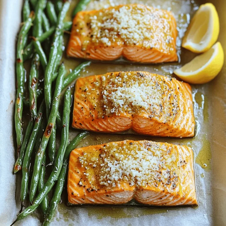 For this tasty dish, gather these simple items: - 4 salmon fillets - 1 pound green beans, trimmed - 3 tablespoons olive oil - 3 garlic cloves, minced - 1/2 cup grated Parmesan cheese - 1 teaspoon dried Italian herbs (oregano, basil, thyme) - Salt and pepper to taste - Lemon wedges, for serving You can swap ingredients if needed. For the salmon, use chicken or shrimp. If you don't have green beans, try asparagus or broccoli. Instead of olive oil, you can use melted butter. For garlic, garlic powder works too. If you lack Parmesan, use another cheese like mozzarella or cheddar. To make this meal, you'll need a few key tools: - A large baking sheet - Parchment paper for easy cleanup - A small bowl for mixing - A mixing bowl for the green beans - A brush for applying the garlic oil - A fork to check if the salmon is done This dish is easy to make. You will need to follow a few simple steps. Start by preparing your oven and baking sheet. Then, you'll mix the flavors and cook everything together on one pan. It’s fun and quick! 1. Preheat your oven to 400°F (200°C). This makes sure the salmon cooks well. 2. Line a large baking sheet with parchment paper. This helps with cleanup later. 3. Mix olive oil, garlic, Italian herbs, salt, and pepper in a small bowl. Stir well to combine. 4. Place the salmon fillets on one side of the baking sheet. Make sure they have space. 5. Brush the garlic oil mixture on each salmon fillet. Use enough to coat them well. 6. Toss the green beans in the same bowl with the leftover garlic oil. Mix until coated. 7. Spread the green beans on the other side of the baking sheet. Keep them in a single layer. 8. Sprinkle Parmesan cheese over the salmon and green beans. This adds a tasty touch! 9. Bake for 15-20 minutes. Check if the salmon flakes easily with a fork and the beans are tender. 10. Remove from the oven and let it rest for a few minutes. This helps the flavors settle. 11. Serve with lemon wedges on the side. Squeeze them for extra flavor. - Step 1: Use an oven thermometer to check the temperature. - Step 3: Use a whisk to blend the oil and spices well. - Step 6: A bowl with a lid works best for tossing the beans. - Step 9: The salmon should be light pink inside when done. - Step 11: Fresh lemon juice brightens the dish and adds zing. To cook salmon perfectly, start with fresh fillets. Look for bright color and no strong smell. Pat the salmon dry with a paper towel. This helps the oil stick better. Brush the garlic oil mixture on the top and sides. This adds flavor and keeps it moist. Use a meat thermometer to check for doneness. Salmon should reach 145°F (63°C). Let the salmon rest a few minutes after baking. This keeps it juicy and allows flavors to settle. For crispy green beans, trim them well. This removes tough ends. Toss the green beans in the garlic oil mixture. Make sure they are evenly coated. Spread them out in a single layer on the pan. Crowding the beans traps steam and makes them soggy. Bake them until tender but still firm. You can broil them for a minute at the end for extra crispness. Always check them to avoid burning. To boost flavors, add lemon zest to the garlic oil. This gives a fresh, bright taste. You can also try adding a pinch of red pepper flakes for heat. For a richer flavor, mix in some smoked paprika. Fresh herbs like parsley or dill can add a nice touch. Serve with lemon wedges on the side for extra zing. Each bite will burst with flavor. These small changes make a big difference. {{image_2}} You can swap salmon for chicken or shrimp. For chicken, use boneless, skinless breasts. Cook them for 20-25 minutes. Ensure the chicken reaches 165°F (75°C). Shrimp cooks faster. Bake them for about 10-12 minutes. Both options soak up the garlic and Parmesan flavors well. Green beans are great, but you can use other veggies. Asparagus gives a nice crunch. It cooks in about the same time as green beans. Broccoli is another tasty choice. Cut it into smaller florets for even cooking. Toss them with the same garlic mixture for extra flavor. Want a kick? Add cayenne pepper or red pepper flakes to the garlic oil. This makes the dish spicy and exciting. For a fresh twist, use lemon zest and a bit of juice. This brightens up the flavors and pairs well with the fish. You can mix and match these ideas to suit your taste. After you enjoy your meal, let the leftovers cool. Place the salmon and green beans in an airtight container. Make sure to cover it tightly. You can store them in the fridge for up to three days. If you have lemon wedges left, store them separately. This keeps them fresh. When you're ready to eat your leftovers, preheat your oven to 350°F (175°C). Place the salmon and green beans on a baking sheet. Heat for about 10-15 minutes. This helps keep the salmon moist and the green beans crispy. You can also use a microwave. Just heat in short bursts of 30 seconds. Check often to avoid overcooking. If you want to save your meal for later, you can freeze it. Wrap each salmon fillet and green beans well in plastic wrap. Then place them in a freezer bag. Remove as much air as possible. This keeps them fresh for up to two months. To thaw, move them to the fridge a day before you plan to eat. Reheat as mentioned above for the best taste. You can tell when the salmon is done by checking its color and texture. Cooked salmon turns from a bright pink to a lighter shade. It should flake easily with a fork. Insert a fork into the thickest part of the fillet; it should break apart without much effort. Aim for an internal temperature of 145°F (63°C). This ensures it's safe to eat. Yes, you can prepare this meal ahead of time. You can marinate the salmon and toss the green beans with the garlic oil mixture. Store them in the fridge for up to 2 hours before cooking. This will let the flavors meld, making your meal even tastier. Just remember to take them out of the fridge about 15 minutes before cooking to bring them to room temperature. Absolutely! This recipe works well for meal prep. You can cook a larger batch and divide it into containers. The salmon and green beans hold up well in the fridge for up to 3 days. Reheat in the microwave or oven when you're ready to eat. This makes it easy to enjoy a healthy meal throughout the week. This blog post covers all you need for a delicious salmon meal. We explored essential ingredients, substitutions, and the right tools. You learned the steps to cook perfectly crisp green beans and salmon. I also shared tips for flavor and different variations to try. Finally, we discussed how to store leftovers and reheating tips. Cooking can be fun and easy. Enjoy experimenting with this recipe!
