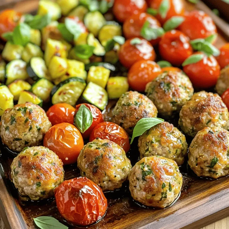 - 1 lb ground turkey - 1/2 cup breadcrumbs (whole wheat or gluten-free) - 1/4 cup grated Parmesan cheese - 1/4 cup fresh parsley, finely chopped - 3 cloves garlic, minced - 1 teaspoon dried oregano - 1 teaspoon dried thyme - 1 egg - 1 cup cherry tomatoes, halved - 1 medium zucchini, diced - 2 tablespoons olive oil - 1 tablespoon balsamic vinegar - Salt and pepper to taste When making these meatballs, I love using fresh ingredients. Ground turkey is lean and tasty, making it perfect for meatballs. I add whole wheat breadcrumbs or gluten-free ones for texture. Grated Parmesan cheese adds a nice, cheesy flavor. I always chop fresh parsley finely to brighten the dish. Garlic is a must for flavor. I use three cloves, which gives a nice punch. Dried oregano and thyme add warmth and depth. Don’t forget the egg! It helps hold everything together. For veggies, cherry tomatoes and zucchini work great. They roast well and add color. I drizzle them with olive oil and balsamic vinegar. A pinch of salt and pepper enhances their flavor. This mix of meatballs and veggies makes a balanced meal. It’s simple but so satisfying. - Preheat your oven to 400°F (200°C). - Line a baking sheet with parchment paper. This helps with easy cleanup. - In a large bowl, combine the ground turkey, breadcrumbs, Parmesan cheese, and parsley. - Add minced garlic, oregano, thyme, egg, salt, and pepper. - Mix everything well until combined. - Use your hands to shape the mixture into meatballs. Aim for 1-1.5 inches in size. - Place the meatballs on one side of the baking sheet. - In a separate bowl, toss the halved cherry tomatoes and diced zucchini with olive oil and balsamic vinegar. - Season them with salt and pepper. Spread the veggies on the other side of the baking sheet. - Bake the meatballs and vegetables in the preheated oven for 20-25 minutes. - Check for doneness by making sure the meatballs reach 165°F (75°C). - The vegetables should be tender and slightly caramelized. - Once done, take them out and let cool for a few minutes. To prevent meatballs from sticking, use parchment paper on your baking sheet. This keeps the meatballs intact and makes cleanup easy. You can also lightly spray the paper with cooking oil. For even cooking, space the meatballs apart. This allows hot air to circulate. It helps them cook uniformly. Check the meatballs around 15 minutes into baking to ensure they are browning nicely. Adding extra herbs like rosemary or cilantro can boost flavor. You might also try spices like paprika for a smoky taste. These small changes can make a big difference. For serving, pair the meatballs with whole grain pasta or a side salad. This adds color and makes the meal heartier. A drizzle of balsamic glaze on top adds a sweet tang. Garnish with fresh basil or a sprinkle of Parmesan cheese. This adds a touch of elegance and flavor. Plating can be fun—try arranging the meatballs and veggies in a circle for a nice look. Serve on a large platter. Drizzle any remaining pan juices over the meatballs and veggies. This not only looks great but adds flavor. A side of crusty bread can also be a nice touch. {{image_2}} You can swap ingredients to suit your taste or needs. For a leaner option, use ground chicken instead of turkey. Ground beef is another tasty choice. If you prefer gluten-free options, choose gluten-free breadcrumbs. They work just as well in the meatballs while keeping them moist and flavorful. Feel free to switch up the veggies based on what you have. Seasonal vegetables like bell peppers or carrots can add a nice touch. You can also use broccoli or sweet potatoes for a hearty meal. If you want to save time, try using frozen vegetables. They roast well and keep their flavor. Add a kick to your meatballs with red pepper flakes. Just a pinch can bring a nice heat. You can also play with different herbs. Instead of oregano or thyme, try basil or rosemary. Each herb gives a unique taste, making the dish feel fresh every time you make it. To keep your meatballs fresh, follow these steps: - Refrigeration: Place cooled meatballs in an airtight container. They stay good for up to three days. - Freezing: For longer storage, freeze meatballs in a single layer on a baking sheet. Once frozen, transfer them to a freezer bag. They last for up to three months. When it's time to enjoy those leftovers, use these methods: - Oven: Preheat to 350°F (175°C). Place meatballs on a baking sheet and heat for 10-15 minutes. This keeps them moist. - Microwave: Use a microwave-safe plate. Heat for 1-2 minutes, checking for warmth. Aim for an internal temperature of 165°F (75°C). Making these meatballs ahead of time can save you effort: - Making Ahead: You can prepare the meatball mixture and shape them a day early. Store them in the fridge until ready to bake. - Portioning Suggestions: Consider making smaller batches for quick meals. Freeze them in individual servings for easy access during busy weeks. You should bake turkey meatballs for 20 to 25 minutes. Preheat your oven to 400°F (200°C). This high heat helps the meatballs cook evenly and brown nicely. Always check that the meatballs reach an internal temperature of 165°F (75°C). This ensures they are safe to eat and juicy inside. Yes, you can make these meatballs ahead of time. Prepare the meatballs and store them in the fridge for up to two days. You can also freeze them for up to three months. If you freeze them, place the meatballs in a single layer on a baking sheet. After they freeze, transfer them to a freezer bag. When ready to eat, bake from frozen. Just add a few extra minutes to the cooking time. These meatballs pair well with many side dishes. Here are a few ideas: - Quinoa or rice for a hearty base - A fresh green salad for crunch - Garlic bread for a tasty side - Roasted vegetables for more flavor - Pasta with marinara sauce for a classic touch Feel free to mix and match based on what you like! In this blog post, we explored how to make delicious turkey meatballs with fresh vegetables. We covered key ingredients, flavor enhancers, and helpful tips for cooking. I shared simple steps for preparing, forming, and baking the meatballs. Remember, meatball variations can keep meals fun and exciting. Proper storage and reheating make meal prep easy. With these methods, you can enjoy tasty, healthier meals any day of the week. Get ready to impress yourself and others with your meatball skills!